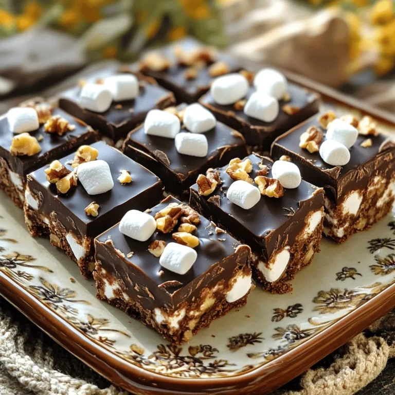 Chocolate Marshmallow Rocky Road is a fun treat. It combines rich chocolate with fluffy marshmallows. This recipe is easy and perfect for sharing. Here’s what you need: - 200g dark chocolate, finely chopped - 100g milk chocolate, finely chopped - 100g unsalted butter, cubed - 150g digestive biscuits, crushed into small pieces - 100g mini marshmallows - 50g nuts (walnuts or almonds), roughly chopped - 2 tablespoons golden syrup or honey - A pinch of sea salt You will need these tools: - A 9-inch square baking pan - Parchment paper - Microwave-safe bowl - Spatula - Mixing bowl - Sharp knife for cutting With these ingredients and tools, you can create a delightful treat that everyone will love! Start by greasing a 9-inch square baking pan with butter. Line the bottom and sides with parchment paper. Let some paper hang over the edges. This makes it easy to lift out the rocky road later. In a microwave-safe bowl, add the dark chocolate, milk chocolate, and cubed butter. Heat this mixture in the microwave for 20 seconds at a time. Stir after each burst. Keep doing this until it melts smoothly. It usually takes about 1-2 minutes. In a large bowl, mix the crushed digestive biscuits, mini marshmallows, and chopped nuts. Make sure everything is evenly spread out. This helps every bite taste great. Pour the melted chocolate mixture over the dry ingredients. Use a spatula to fold everything together. Make sure each piece of biscuit and marshmallow is coated in chocolate. Add a pinch of sea salt to the mix. Stir gently to blend. Spoon the chocolate mixture into the lined pan. Spread it evenly and press down lightly. Cover the pan and put it in the fridge for 2-3 hours. Wait until it feels firm. Once set, lift the rocky road using the parchment paper. Place it on a cutting board and cut it into squares or bars. Enjoy your chocolate marshmallow rocky road delight! For the full recipe, check the earlier section. To melt chocolate well, use a microwave-safe bowl. Combine dark chocolate, milk chocolate, and butter in this bowl. Heat it in short bursts of 20 seconds. Stir well after each burst. This keeps the chocolate from burning. Usually, it takes 1-2 minutes. If your chocolate looks shiny and smooth, you did it right! When mixing, add the melted chocolate to the dry ingredients. Use a spatula to gently fold everything together. This method helps coat all the pieces evenly. It’s important to mix thoroughly but gently. We want to keep the marshmallows fluffy. If you mix too hard, they might break! One common mistake is overheating the chocolate. If it gets too hot, it can seize up. Always melt it slowly. Another mistake is not pressing the mixture into the pan firmly. If you don’t compact it well, the squares may fall apart. Lastly, don’t skip the pinch of sea salt. It brings out the chocolate's rich flavor. For more details, check the Full Recipe. {{image_4}} You can change the chocolate to fit your taste. Use all dark chocolate for a richer flavor. If you like sweetness, use more milk chocolate. You can even try white chocolate for a creamy twist. Mixing different types gives your rocky road a unique taste. Boost the flavor by adding some extracts. A splash of vanilla or almond extract adds depth. You can also mix in a bit of espresso powder for a coffee kick. For a fun twist, try some orange zest for a fresh aroma. These small changes make your treat even more special. Switch up the nuts for a different crunch. Try cashews, pecans, or even peanuts. Each nut brings its own flavor and texture. You can also add dried fruits like cherries or cranberries for a sweet surprise. If you want extra fun, toss in some candy pieces or crushed cookies. These variations keep your rocky road exciting and tasty. To store your chocolate marshmallow rocky road, let it cool completely first. Once it’s cool, cut it into squares. Place them in a single layer in an airtight container. If you have many squares, you can add parchment paper between layers to prevent sticking. The best containers for storage are glass or plastic airtight containers. These keep the rocky road fresh and tasty. You can also use resealable plastic bags. Just make sure to squeeze out the air before sealing. When stored properly, chocolate marshmallow rocky road stays fresh for about one week at room temperature. If you place it in the fridge, it can last for two weeks. For longer storage, you can freeze it, which extends its life to about three months. Just remember to wrap each piece well to prevent freezer burn. For the best taste, enjoy it fresh! Yes, you can freeze chocolate marshmallow rocky road. Wrap it tightly in plastic wrap. Then place it in an airtight container. It will stay fresh for up to three months. When ready to eat, thaw it in the fridge overnight. This keeps the texture nice. You can use graham crackers or shortbread cookies. They both work well in this recipe. If you want gluten-free, try crushed gluten-free cookies. The flavor may change a bit, but it will still taste great. To make it vegan, swap the butter for a plant-based option. Use dark chocolate that is dairy-free. Make sure the marshmallows are vegan too. Many brands offer vegan marshmallows now. This way, you can enjoy all the flavors without dairy. It takes about 2 to 3 hours to set in the fridge. Make sure it is firm to the touch before you cut it. If you want to speed it up, you can place it in the freezer for about an hour. Just remember to watch it closely. Absolutely! You can add more mini marshmallows if you want. Just make sure to mix them in evenly. This adds a fun texture and makes it even more delicious. Feel free to get creative with your mix! This blog post covered how to make Chocolate Marshmallow Rocky Road. We looked at ingredients, tools, and step-by-step instructions. You learned tips for smooth melting and mixing, plus common mistakes to avoid. Variations let you customize flavors and ingredients. We also discussed storage for leftovers and answered FAQs. Now, you have the tools to create a delicious treat. Enjoy making it your own!