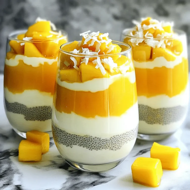 To make Coconut Mango Chia Pudding, you need these simple ingredients: - 1 cup creamy coconut milk - 1/2 cup ripe mango, pureed until smooth - 1/4 cup chia seeds - 2 tablespoons honey or maple syrup (adjust according to your sweetness preference) - 1/2 teaspoon pure vanilla extract - A pinch of sea salt - Fresh mango cubes and shredded coconut for topping Each serving of Coconut Mango Chia Pudding offers a tasty mix of nutrients. Here’s what you can expect: - Calories: About 250 - Protein: 4 grams - Fat: 12 grams - Carbohydrates: 36 grams - Fiber: 10 grams - Sugar: 10 grams The ingredients in this pudding do more than taste good. Each one brings health perks: - Coconut milk provides healthy fats that may support heart health. - Mango is rich in vitamins A and C, boosting your immune system. - Chia seeds are high in fiber and omega-3 fatty acids, which are great for digestion and heart health. - Honey or maple syrup adds natural sweetness and antioxidants. - Sea salt helps balance electrolytes and supports hydration. These ingredients combine to create a delicious and healthy treat. You can find the full recipe in the earlier section. Making Coconut Mango Chia Pudding is easy and fun. You only need a few steps. Start by gathering all your ingredients. This will make the process smooth. You can find the full recipe above for exact amounts. First, take a medium bowl. Pour in 1 cup of creamy coconut milk. Then add 1/2 cup of ripe mango puree. You can make the puree by blending ripe mango pieces until smooth. Next, add 2 tablespoons of honey or maple syrup. Adjust the sweetness to your taste. Then, add 1/2 teaspoon of pure vanilla extract and a pinch of sea salt. Use a whisk to mix it all together well. You want a smooth, creamy base with no lumps. Now it's time for the chia seeds. Gradually sprinkle in 1/4 cup of chia seeds while whisking. This step is key to avoid clumping. Keep whisking until the seeds are evenly mixed in. After that, cover the bowl with plastic wrap. Place it in the fridge for at least 4 hours, or even better, overnight. This resting time helps the chia seeds expand. When you return, give it a good stir to mix any settled seeds. Now your pudding is ready to serve! To make your coconut mango chia pudding creamy, choose full-fat coconut milk. This will give the pudding a rich taste. Blend the coconut milk with mango until smooth. The smoothness adds to the creamy texture. When you add chia seeds, sprinkle them slowly while stirring. This keeps them from clumping. After mixing, let the pudding rest overnight. This allows the chia seeds to absorb the liquid well. Do you like your pudding sweeter? You can adjust the sweetness easily. Use honey or maple syrup based on your taste. Start with two tablespoons. After mixing, taste the pudding. If it needs more sweetness, add a little more. Remember, fresh mango also adds natural sugar, so keep that in mind. Serving your pudding can be fun! Use clear glasses to show off the beautiful layers. First, scoop the pudding into the glass. Then, add fresh mango cubes on top. Finish with shredded coconut for extra flair. A drizzle of honey or maple syrup can be a nice touch too. This makes your pudding look great and taste even better! Check out the Full Recipe for more details. {{image_4}} You can mix flavors to make your coconut mango chia pudding even more fun. Try adding citrus like lime or lemon for a zesty kick. If you love berries, blend in some strawberries or blueberries. These flavors pair well with mango and coconut. You can enjoy a new taste each time you make it! If you want a dairy-free treat, coconut milk works great. Almond milk or oat milk can also be used. Both of these milks add their own unique flavor. Just make sure to use unsweetened versions. They keep the pudding healthy and let the natural fruit taste shine. Toppings make your pudding look pretty and taste better. You can add fresh mango cubes for sweetness. A sprinkle of shredded coconut adds texture. Try nuts like almonds or walnuts for crunch. You can also use seeds like pumpkin or sunflower for extra nutrients. For a sweet touch, drizzle honey or maple syrup on top. These toppings will make your coconut mango chia pudding a delightful treat! For the full recipe, check out the Coconut Mango Chia Pudding. To keep your Coconut Mango Chia Pudding fresh, place it in an airtight container. Glass containers work best, but any container with a tight lid will do. Make sure to keep it in the fridge. Avoid leaving it out at room temperature for too long. Your pudding will last for about 4 to 5 days in the fridge. If you want to freeze it, pour the pudding into freezer-safe containers. It can keep for up to 3 months. When you are ready to eat it, move the container to the fridge to thaw. You do not need to reheat this pudding. It is best served cold. When you're ready to enjoy, stir it well to mix any settled chia seeds. Top it with fresh mango cubes and a sprinkle of shredded coconut. For extra sweetness, add a drizzle of honey or maple syrup. If you want a fun twist, serve it in clear glasses to show off the vibrant layers. For the full recipe, check the instructions above. Coconut Mango Chia Pudding can last up to five days in the fridge. Store it in a sealed container to keep it fresh. After that, the chia seeds may lose their nice texture. If you see any odd smells or colors, toss it out. It’s best to eat it within the first few days for the best taste. Yes, you can use other types of milk in this recipe. Almond milk, oat milk, or soy milk work well. Each type will change the flavor a bit, but it will still taste great. Use any milk that you like or have at home. This makes it easy to adjust for your taste or dietary needs. Chia seeds are tiny but packed with nutrients. They are a great source of fiber, protein, and healthy fats. Eating them can help with digestion and keep you full longer. They also have omega-3 fatty acids, which are good for your heart. Plus, chia seeds are rich in antioxidants, which help protect your body from damage. Adding them to your diet can boost your overall health. This post covered the ingredients, steps, tips, and storage for Coconut Mango Chia Pudding. You learned how to mix base ingredients and incorporate chia seeds for a creamy treat. Exploring variations and helpful tips can elevate your dish even more. In conclusion, making this pudding is simple and fun. Enjoy experimenting with flavors and textures. With proper storage, you can savor it longer. Let this recipe inspire you to create delicious and healthy snacks at home.