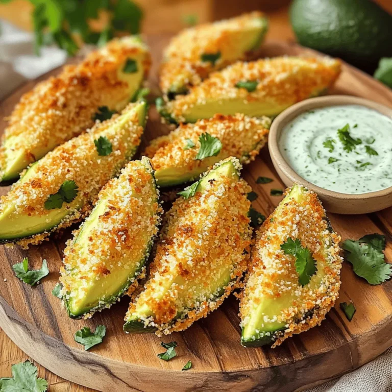 - 2 ripe avocados, sliced into wedges - 1 cup breadcrumbs (suggesting panko for crunch) - 1/2 cup grated Parmesan cheese (vegan alternative options) - Seasonings: garlic powder, onion powder, smoked paprika, salt, and pepper - 2 large eggs or vegan substitutes - Cooking spray or olive oil These ingredients are key to making crispy air fryer avocado fries. Make sure your avocados are ripe. They should feel soft when you gently squeeze them. This ensures they will be creamy inside and help balance the crunch from the coating. The breadcrumbs give the fries a great crunch. I recommend panko for the best texture. It creates a light and crispy shell that contrasts nicely with the smooth avocado. For flavor, use garlic powder, onion powder, smoked paprika, salt, and pepper. These spices will elevate the taste. You can adjust the amounts based on your preference. If you want a vegan option, replace the eggs with aquafaba or a flax egg. Aquafaba is the liquid from canned chickpeas. Mix one tablespoon of flaxseed meal with three tablespoons of water for a flax egg. Both work well for binding the coating. - Fresh herbs like cilantro or parsley for added flavor - Dipping sauces like cilantro lime yogurt or spicy sriracha mayo Feel free to get creative! Fresh herbs enhance the taste and look of your dish. You can also explore different dipping sauces to find your favorite. These simple changes can make a big impact on the overall experience. Preheat your air fryer to 400°F (200°C). This step is key for crispy fries. Let it warm up for about 5 minutes. A hot air fryer helps the coating crisp up nicely. In a shallow dish, mix together the breadcrumbs and seasonings. Combine 1 cup of breadcrumbs, 1/2 cup of grated Parmesan cheese, 1 teaspoon of garlic powder, 1 teaspoon of onion powder, and 1 teaspoon of smoked paprika. Add salt and pepper to taste. This mixture gives your fries great flavor. Take a slice of avocado and dip it into the beaten eggs. Let any extra egg drip back into the bowl. Next, place the egg-coated wedge into the breadcrumb mixture. Press gently so the coating sticks well. Repeat this for all the avocado slices. Place the coated avocado wedges in a single layer in the air fryer basket. If you like, spray them lightly with cooking spray for extra crispiness. Cook the avocado fries for about 10-12 minutes. Flip them halfway through to ensure they are crispy on all sides. When done, carefully take them out and let them cool for a minute before serving. For the full recipe, be sure to check the details above! To get the best crispy avocado fries, preheat your air fryer to 400°F (200°C). This step warms the air fryer, ensuring your fries cook evenly. I recommend letting it heat for about 5 minutes. Next, arrange the avocado wedges in a single layer. Avoid overcrowding, as this can lead to soggy fries. Space between each fry allows hot air to circulate, making them crispy. If you have leftovers, store them in an airtight container. Place a paper towel at the bottom to absorb moisture. This keeps them from getting soggy. For reheating, use the air fryer at 350°F (175°C) for about 5 minutes. This will help restore their crispiness. You can also use a regular oven at the same temperature if needed. For a vegan option, you can skip the eggs and cheese. Instead, use 1/4 cup aquafaba or a flax egg made from 1 tablespoon flaxseed meal mixed with 3 tablespoons water. For the cheese, nutritional yeast is a fantastic substitute for grated Parmesan. It adds a cheesy flavor without animal products. Feel free to experiment and make the recipe fit your needs. The full recipe offers more details on these swaps. {{image_4}} To make your avocado fries spicy, you can add some heat with spices. Simply mix cayenne pepper or chili powder into your breadcrumb mixture. You can also toss in some crushed red pepper flakes. This will give your fries a nice kick. If you want more heat, add hot sauce to your dipping sauce. The spicy flavor will balance well with the creamy avocado. Cheesy avocado fries are a fun twist! You can use different cheese options to create unique flavors. Try mixing mozzarella or cheddar cheese into your breadcrumb coating. For a bolder taste, use pepper jack cheese. You can also sprinkle some cheese on top of the fries during the last few minutes of cooking. This will create a deliciously melty layer. Avocado fries pair well with many dishes. You can serve them as a side with burgers or sandwiches. They also make a great appetizer for parties. To elevate your dish, serve them alongside fresh salads or tacos. For dipping, try a creamy ranch or tangy salsa. The options are endless, and they will surely please your guests! To store leftover avocado fries, place them in an airtight container. They can stay fresh in the fridge for up to three days. Make sure to let them cool completely before sealing the container. This helps keep the fries from getting soggy. If you want to keep them longer, you can freeze the avocado fries. First, lay them out on a baking sheet in a single layer. Freeze them for about an hour, then transfer them to a freezer bag. This method prevents them from sticking together. When you're ready to eat, just reheat them in your air fryer at 400°F for about 8-10 minutes. To keep your fries crispy after storage, avoid stacking them in the container. Instead, layer them with parchment paper. When reheating, use the air fryer instead of the microwave. This method helps restore their crunch. If you want to enhance crispiness, spray a little cooking oil before reheating. Yes, you can use frozen avocado. Just thaw it first. To thaw, leave it in the fridge overnight or place it in cold water for a quick thaw. Make sure to drain any excess moisture to keep your fries crispy. Air fryer avocado fries last about 2-3 days in the fridge. Store them in an airtight container. To keep them fresh, try to avoid stacking them. For longer storage, freeze them. Yes, you can skip the cheese. If you want flavor, try using nutritional yeast. This gives a cheesy taste without dairy. You can also use spices like garlic powder or smoked paprika for added flavor. You learned how to make tasty air fryer avocado fries from scratch. We covered the needed ingredients, step-by-step cooking, and storage tips. You can customize the recipe with herbs and spices. Whether you prefer a spicy kick or cheesy goodness, these fries can fit your taste. Enjoy experimenting with variations and impressing friends and family with your air fryer skills. Now, grab some avocados and start cooking!