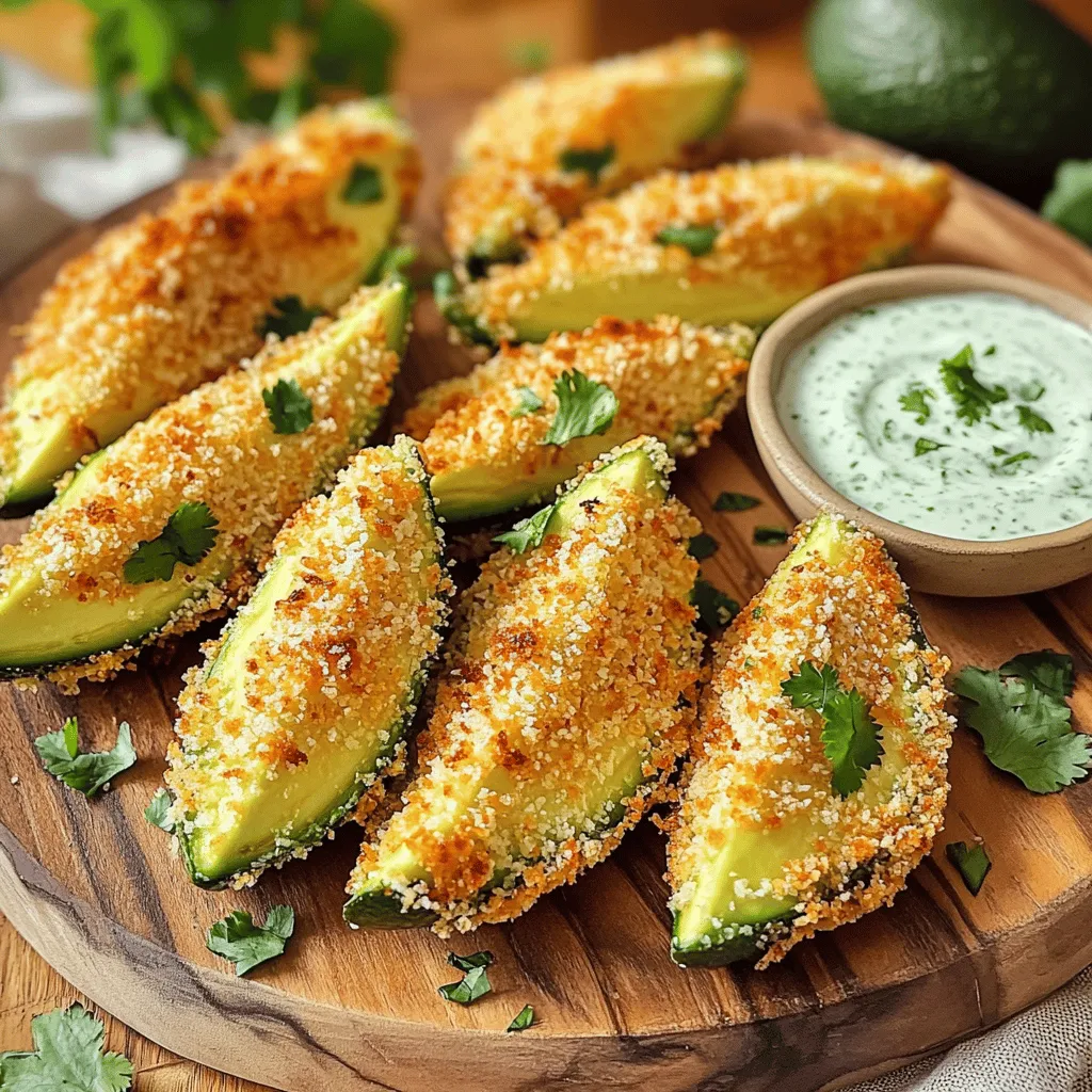 - 2 ripe avocados, sliced into wedges - 1 cup breadcrumbs (suggesting panko for crunch) - 1/2 cup grated Parmesan cheese (vegan alternative options) - Seasonings: garlic powder, onion powder, smoked paprika, salt, and pepper - 2 large eggs or vegan substitutes - Cooking spray or olive oil These ingredients are key to making crispy air fryer avocado fries. Make sure your avocados are ripe. They should feel soft when you gently squeeze them. This ensures they will be creamy inside and help balance the crunch from the coating. The breadcrumbs give the fries a great crunch. I recommend panko for the best texture. It creates a light and crispy shell that contrasts nicely with the smooth avocado. For flavor, use garlic powder, onion powder, smoked paprika, salt, and pepper. These spices will elevate the taste. You can adjust the amounts based on your preference. If you want a vegan option, replace the eggs with aquafaba or a flax egg. Aquafaba is the liquid from canned chickpeas. Mix one tablespoon of flaxseed meal with three tablespoons of water for a flax egg. Both work well for binding the coating. - Fresh herbs like cilantro or parsley for added flavor - Dipping sauces like cilantro lime yogurt or spicy sriracha mayo Feel free to get creative! Fresh herbs enhance the taste and look of your dish. You can also explore different dipping sauces to find your favorite. These simple changes can make a big impact on the overall experience. Preheat your air fryer to 400°F (200°C). This step is key for crispy fries. Let it warm up for about 5 minutes. A hot air fryer helps the coating crisp up nicely. In a shallow dish, mix together the breadcrumbs and seasonings. Combine 1 cup of breadcrumbs, 1/2 cup of grated Parmesan cheese, 1 teaspoon of garlic powder, 1 teaspoon of onion powder, and 1 teaspoon of smoked paprika. Add salt and pepper to taste. This mixture gives your fries great flavor. Take a slice of avocado and dip it into the beaten eggs. Let any extra egg drip back into the bowl. Next, place the egg-coated wedge into the breadcrumb mixture. Press gently so the coating sticks well. Repeat this for all the avocado slices. Place the coated avocado wedges in a single layer in the air fryer basket. If you like, spray them lightly with cooking spray for extra crispiness. Cook the avocado fries for about 10-12 minutes. Flip them halfway through to ensure they are crispy on all sides. When done, carefully take them out and let them cool for a minute before serving. For the full recipe, be sure to check the details above! To get the best crispy avocado fries, preheat your air fryer to 400°F (200°C). This step warms the air fryer, ensuring your fries cook evenly. I recommend letting it heat for about 5 minutes. Next, arrange the avocado wedges in a single layer. Avoid overcrowding, as this can lead to soggy fries. Space between each fry allows hot air to circulate, making them crispy. If you have leftovers, store them in an airtight container. Place a paper towel at the bottom to absorb moisture. This keeps them from getting soggy. For reheating, use the air fryer at 350°F (175°C) for about 5 minutes. This will help restore their crispiness. You can also use a regular oven at the same temperature if needed. For a vegan option, you can skip the eggs and cheese. Instead, use 1/4 cup aquafaba or a flax egg made from 1 tablespoon flaxseed meal mixed with 3 tablespoons water. For the cheese, nutritional yeast is a fantastic substitute for grated Parmesan. It adds a cheesy flavor without animal products. Feel free to experiment and make the recipe fit your needs. The full recipe offers more details on these swaps. {{image_4}} To make your avocado fries spicy, you can add some heat with spices. Simply mix cayenne pepper or chili powder into your breadcrumb mixture. You can also toss in some crushed red pepper flakes. This will give your fries a nice kick. If you want more heat, add hot sauce to your dipping sauce. The spicy flavor will balance well with the creamy avocado. Cheesy avocado fries are a fun twist! You can use different cheese options to create unique flavors. Try mixing mozzarella or cheddar cheese into your breadcrumb coating. For a bolder taste, use pepper jack cheese. You can also sprinkle some cheese on top of the fries during the last few minutes of cooking. This will create a deliciously melty layer. Avocado fries pair well with many dishes. You can serve them as a side with burgers or sandwiches. They also make a great appetizer for parties. To elevate your dish, serve them alongside fresh salads or tacos. For dipping, try a creamy ranch or tangy salsa. The options are endless, and they will surely please your guests! To store leftover avocado fries, place them in an airtight container. They can stay fresh in the fridge for up to three days. Make sure to let them cool completely before sealing the container. This helps keep the fries from getting soggy. If you want to keep them longer, you can freeze the avocado fries. First, lay them out on a baking sheet in a single layer. Freeze them for about an hour, then transfer them to a freezer bag. This method prevents them from sticking together. When you're ready to eat, just reheat them in your air fryer at 400°F for about 8-10 minutes. To keep your fries crispy after storage, avoid stacking them in the container. Instead, layer them with parchment paper. When reheating, use the air fryer instead of the microwave. This method helps restore their crunch. If you want to enhance crispiness, spray a little cooking oil before reheating. Yes, you can use frozen avocado. Just thaw it first. To thaw, leave it in the fridge overnight or place it in cold water for a quick thaw. Make sure to drain any excess moisture to keep your fries crispy. Air fryer avocado fries last about 2-3 days in the fridge. Store them in an airtight container. To keep them fresh, try to avoid stacking them. For longer storage, freeze them. Yes, you can skip the cheese. If you want flavor, try using nutritional yeast. This gives a cheesy taste without dairy. You can also use spices like garlic powder or smoked paprika for added flavor. You learned how to make tasty air fryer avocado fries from scratch. We covered the needed ingredients, step-by-step cooking, and storage tips. You can customize the recipe with herbs and spices. Whether you prefer a spicy kick or cheesy goodness, these fries can fit your taste. Enjoy experimenting with variations and impressing friends and family with your air fryer skills. Now, grab some avocados and start cooking!