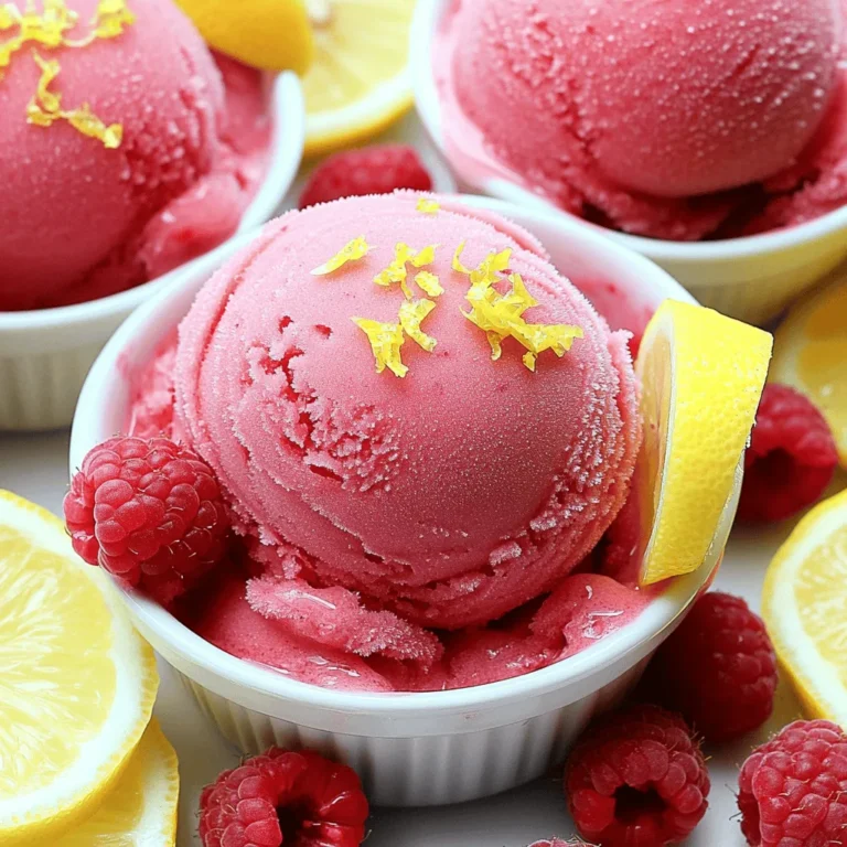 To make Raspberry Lemonade Sorbet, gather these ingredients: - 2 cups fresh raspberries - 1 cup freshly squeezed lemon juice (about 4-5 lemons) - 1 cup granulated sugar - 1 cup water - Zest of 2 lemons - Pinch of salt These ingredients create a tasty and bright flavor. Fresh raspberries give a sweet and tart base. The lemon juice adds a zesty kick. Granulated sugar balances the tartness, while water helps blend it all. The lemon zest adds depth and a fragrant touch to the sorbet. A pinch of salt boosts the flavors. Together, these ingredients create a refreshing treat for summer. To make your sorbet even better, consider these optional garnishes: - Fresh mint sprigs - Lemon slices - Additional raspberries Fresh mint sprigs add a nice pop of color and flavor. Lemon slices can brighten up your serving dish. A few extra raspberries on top look lovely and give more taste. These small touches make your sorbet look and taste even more special. For the full recipe, check the section above. Enjoy making this cool treat! - Combine water and sugar: In a small pot, mix 1 cup of water with 1 cup of sugar. - Heat until dissolved and clear: Cook this mixture over medium heat. Stir it until the sugar disappears. - Cool to room temperature: Once clear, take it off the heat and let it cool. - Add raspberries, lemon juice, zest, and salt to blender: In your blender, put 2 cups of fresh raspberries, 1 cup of lemon juice, lemon zest from 2 lemons, and a pinch of salt. - Blend until smooth: Blend until the mix is silky and smooth. Use a spatula to scrape down the sides if needed. - Use a fine-mesh sieve to strain: Place a fine-mesh sieve over a bowl. Pour in the blended mix. - Press mixture to extract liquid: With a spatula, press the mix down. This gets all the flavorful juice, leaving seeds behind. - Mix simple syrup with strained raspberry blend: Pour your cooled simple syrup into the bowl with the raspberry juice. Stir them well together. - Using shallow dish vs. ice cream maker: If using a shallow dish, spread the mix evenly. If you have an ice cream maker, pour in the mix and churn until soft. - Stirring technique for a smooth texture: For shallow dishes, freeze for 1 hour. Stir with a fork every 30 minutes for 3-4 hours. This keeps it smooth. - Scoop and serve in chilled bowls: When ready, scoop the sorbet into chilled bowls. - Presentation tips: Add fresh raspberries and mint leaves on top for a pretty touch. Follow these steps to craft a delightful Raspberry Lemonade Sorbet. For the complete recipe, check the Full Recipe section! Straining the raspberry mixture is key. It helps remove seeds, giving a smooth feel. I often use a fine-mesh sieve for this step. Press the mixture with a spatula to extract as much liquid as possible. Stirring is also important! After freezing, ice crystals can form. I recommend stirring the sorbet every 30 minutes. This keeps it smooth and creamy. You can add other fruits for a twist! Try strawberries or blueberries for a mixed berry sorbet. Altering sweetness is easy too. If you like it sweeter, add more sugar. For less sweetness, reduce it. One big mistake is not cooling your simple syrup. If it’s warm, it can affect the sorbet's texture. Let it cool to room temperature before mixing. Over-churning in your ice cream maker is another pitfall. Stop when it reaches a soft-serve texture. Churning too long can lead to icy results. For the Full Recipe, check out my detailed instructions! {{image_4}} You can change the flavor of your raspberry lemonade sorbet by using other fruits. Mixed berry sorbet is a great option. Combine raspberries with strawberries and blueberries for a sweet mix. You can also try using blackberries for a deeper flavor. Citrus blends are fun, too! Adding orange or lime juice makes a zesty twist. Mix lemon with a bit of lime for a refreshing taste. Each fruit adds its unique flavor and makes your sorbet fun and fresh. Making this sorbet vegan is easy. You can substitute sweeteners like agave syrup or maple syrup for granulated sugar. This change keeps the sweetness while making it plant-based. You can also use coconut water instead of simple syrup. It adds a tropical touch and cuts sugar. Coconut water gives your sorbet a light and refreshing feel, perfect for hot days. For adults, adding a splash of vodka or rum elevates your sorbet. This gives it a fun twist for parties or gatherings. Just mix in a tablespoon or two with the raspberry blend. You can also create a sorbet cocktail. Serve your sorbet in a glass with some sparkling water or lemonade. This drink is sure to impress guests and make your summer even more enjoyable. For the full recipe, check out the details above and make your own delicious raspberry lemonade sorbet! To keep your sorbet fresh, use airtight containers. Glass or plastic containers work well. Make sure they seal tightly to keep out air. Air can cause freezer burn, which ruins the texture. To avoid freezer burn, cover the sorbet with plastic wrap before sealing. This extra layer helps keep the moisture in. Homemade sorbet lasts about 1 to 2 weeks in the freezer. After that, it may lose flavor and texture. Signs of spoilage include freezer burn and changes in color. If your sorbet becomes hard or icy, it’s best to toss it. Always check for any odd smells or changes before serving. To enjoy your sorbet again, soften it before serving. Take it out of the freezer and let it sit for about 5 to 10 minutes. This makes it easier to scoop. Serve the sorbet at a temperature just below freezing for the best taste. Enjoy it in chilled bowls for a refreshing treat! To make Raspberry Lemonade Sorbet, start with fresh ingredients. Use ripe raspberries for the best flavor. Freshly squeezed lemon juice adds brightness. Combine these in a blender with sugar and water. This gives you a tasty base. Strain the mixture to remove seeds. This helps achieve a smooth texture. Freeze the mixture in a shallow dish. Stir every 30 minutes to avoid ice crystals. For exact steps, check the Full Recipe. Yes, you can use frozen raspberries. They work well, but they change the texture. Frozen raspberries can make the sorbet a bit icier. You might also lose some of the fresh taste. If you use frozen berries, let them thaw a bit. This helps them blend smoothly. To keep your sorbet creamy, you can use a few tricks. First, make sure to stir it often while freezing. This breaks up any ice crystals. You can also add a bit of alcohol. A splash of vodka or rum helps keep it soft. Another tip is to not over-churn if you use an ice cream maker. You can find Raspberry Lemonade Sorbet in many stores. Look in the freezer section of local supermarkets. Some brands to check are Häagen-Dazs and Talenti. Local ice cream shops may also sell it. You can ask for homemade varieties if you want something special. Yes, you can make sorbet without an ice cream maker. Use a shallow dish to freeze the mixture. Stir it every 30 minutes until firm. This method works well and is easy. Just be patient, and you'll get a great sorbet! Raspberry lemonade sorbet is simple and fun to make. You learned about the main ingredients like fresh raspberries and lemon juice. I shared easy steps to create the perfect sorbet, from making simple syrup to freezing techniques. You discovered tips to avoid mistakes and experiment with flavors. Remember to store your sorbet well for the best taste. Making this treat is a delightful way to enjoy summer's flavors. You now have everything you need to impress friends and family with your homemade sorbet. Enjoy your delicious creation!