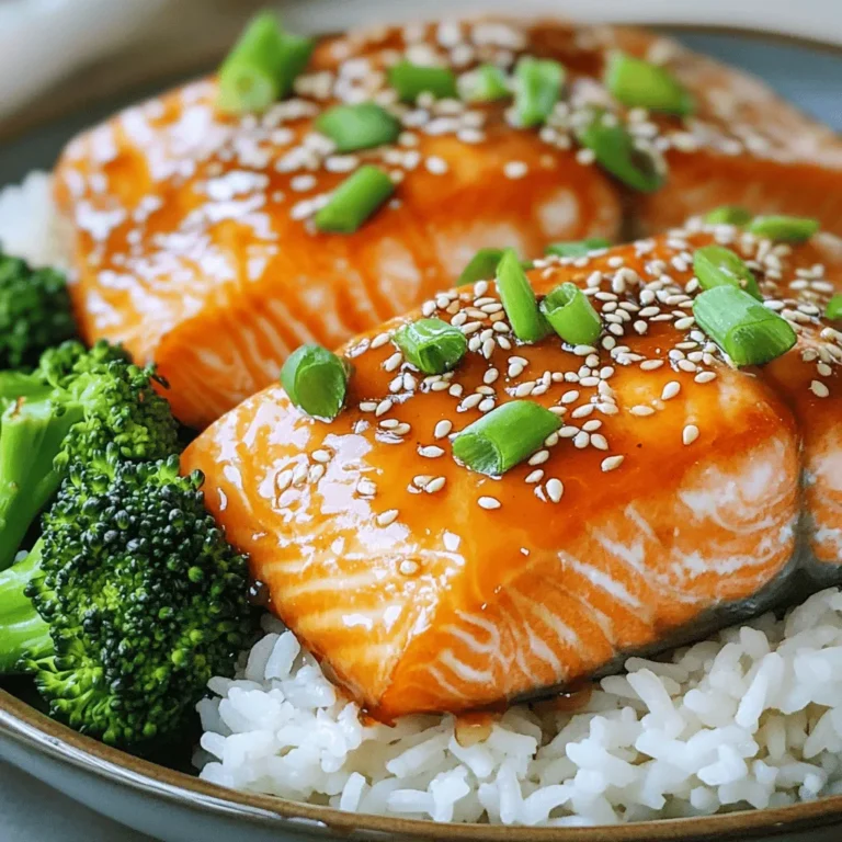For this recipe, you need key ingredients to make the salmon shine. Here’s what to gather: - 4 salmon fillets (approximately 6 oz each) - 2 tablespoons Sriracha sauce - 3 tablespoons honey - 1 tablespoon soy sauce - 2 cloves garlic, finely minced - 1 tablespoon fresh ginger, finely grated - 2 tablespoons olive oil - Salt and freshly ground black pepper, to taste These main ingredients create a sweet and spicy glaze that makes the salmon pop. Seasoning is crucial in cooking. It helps to enhance the natural flavors of the fish. Use these simple items: - Salt - Freshly ground black pepper Make sure to season both sides of the salmon. This step adds depth to every bite. Garnishes make your dish look great and add extra flavor. For this salmon recipe, you will need: - 1 tablespoon sesame seeds - 2 green onions, thinly sliced Sprinkling these on top gives the meal a beautiful finish. The sesame seeds add crunch, while green onions bring freshness. To see the full details for cooking, check the [Full Recipe]. To make the glaze, grab a medium bowl. Combine 2 tablespoons of Sriracha sauce, 3 tablespoons of honey, and 1 tablespoon of soy sauce. Add 2 minced garlic cloves and 1 tablespoon of freshly grated ginger. Whisk these together until the mixture is smooth. This sweet and spicy glaze will add the perfect flavor to your salmon. Set this aside for later use. Next, take 4 salmon fillets and dry them with a paper towel. This step helps the skin get crispy. Now, sprinkle salt and pepper on both sides of each fillet. Make sure to cover every inch. This simple seasoning enhances the natural taste of the fish. Now, heat 2 tablespoons of olive oil in a large skillet over medium-high heat. Once the oil shimmers, carefully place the salmon fillets in the skillet, skin-side down. Sear them for about 4-5 minutes until the skin turns golden and crispy. Once that happens, gently flip the fillets over. Lower the heat to medium and pour the glaze over the salmon. Cook for another 4-5 minutes, basting the salmon occasionally with the glaze. When it is cooked through and caramelized, remove the fillets from the skillet. Enjoy every bite of this flavorful salmon dish! For the full recipe, check out the details above! To get that perfect crispy skin, start with dry salmon. Use a paper towel to pat it well. This removes extra moisture, which helps the skin crisp nicely. Heat your skillet until it shimmers before adding the salmon. Place the fillets skin-side down and don’t move them for the first few minutes. This helps create a nice golden crust. Sear for about 4-5 minutes, then flip gently to finish cooking. If you like a milder glaze, reduce the Sriracha amount. Start with 1 tablespoon instead of 2. You can also add extra honey to balance the heat. For spice lovers, add more Sriracha or a pinch of cayenne pepper. Taste the glaze before pouring it on the salmon. This way, you can adjust it to your liking. Using the right tools makes cooking easier. Here’s what I recommend: - Large skillet for searing - Mixing bowl for the glaze - Whisk for blending ingredients - Paper towels for drying salmon - Spatula for flipping fillets These tools help you create a delicious Sriracha honey glazed salmon from the [Full Recipe]. {{image_4}} You can switch up the Sriracha honey glaze if you want. Try a sweet soy glaze instead. Mix soy sauce, brown sugar, and ginger for a tasty alternative. You can also use teriyaki sauce for a different flavor. It adds a rich, savory taste that pairs well with salmon. Another option is a citrus glaze. Mix orange juice and honey for a bright, zesty twist. While salmon shines in this recipe, other fish work too. Try using trout, which has a similar flavor and texture. Mahi-mahi also holds up well to grilling and glazing. Cod is another great option, as it absorbs flavors nicely. Each fish brings its own unique taste, so feel free to experiment. Toppings can elevate your dish further. Try adding sliced avocados for creaminess. Chopped cilantro or parsley adds a fresh touch. You can also sprinkle crushed peanuts or cashews for crunch. For a spicy kick, add sliced jalapeños. These toppings can make your meal even more fun and flavorful. Enjoy customizing your Sriracha honey glazed salmon with these ideas! Store your leftover salmon in an airtight container. Make sure to let it cool first. Place a piece of parchment paper between layers if stacking. This keeps the fish from sticking together. Refrigerate the salmon for up to three days. If you plan to keep it longer, freezing is a better option. To reheat, use the oven for the best taste. Preheat to 350°F (175°C). Place the salmon on a baking sheet and cover it with foil. Heat for about 10 to 15 minutes. This keeps the salmon moist and tasty. You can also use the microwave. Heat it in short bursts of 30 seconds. Check often to avoid overcooking. If you want to freeze your salmon, do it right after cooking. Wrap each piece tightly in plastic wrap. Then, place them in a freezer bag. Remove as much air as you can before sealing. You can freeze it for up to three months. When ready to eat, thaw it in the fridge overnight before reheating. For more ideas, check out the Full Recipe. You can tell if the salmon is cooked when it flakes easily with a fork. The flesh should be opaque and no longer translucent. A good rule is to cook it for about 4-5 minutes per side, depending on thickness. Use a food thermometer if you want to be precise. The internal temperature should reach 145°F (63°C). Cooking it just right keeps it moist and tasty. Yes, you can prepare the glaze ahead of time. Just store it in the fridge in an airtight container. This makes cooking easier later. However, I recommend cooking the salmon fresh. This keeps it juicy and full of flavor. If you must, you can cook the salmon and store it in the fridge for up to 2 days. For a full meal, pair the salmon with fluffy jasmine rice or quinoa. Steamed broccoli or snap peas add color and crunch. You can also serve it with a fresh salad for a light touch. If you want something more filling, try roasted potatoes or sweet potatoes. These sides balance the bold flavors of the salmon well. Check out the Full Recipe for more details! This blog post shared key details about making Sriracha Honey Glazed Salmon. You learned what ingredients to use, including seasoning and garnishes. I outlined simple steps to prepare the glaze, season the fish, and achieve that perfect sear. Plus, you found helpful tips for crispy skin and spice adjustments. I also covered variations for sauces and fish, along with storage options for leftovers. Savor this dish and share it with others. Enjoy your cooking!