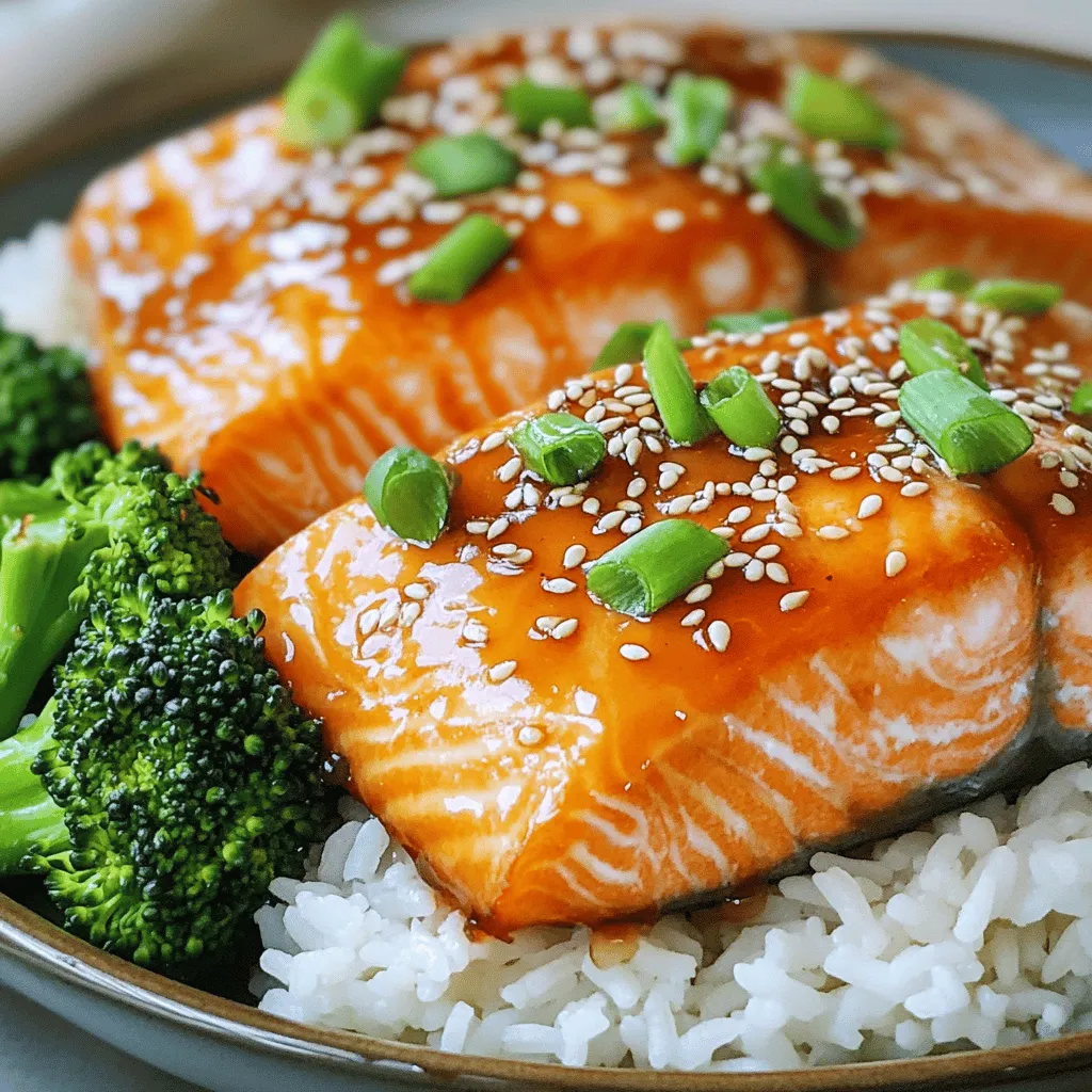 For this recipe, you need key ingredients to make the salmon shine. Here’s what to gather: - 4 salmon fillets (approximately 6 oz each) - 2 tablespoons Sriracha sauce - 3 tablespoons honey - 1 tablespoon soy sauce - 2 cloves garlic, finely minced - 1 tablespoon fresh ginger, finely grated - 2 tablespoons olive oil - Salt and freshly ground black pepper, to taste These main ingredients create a sweet and spicy glaze that makes the salmon pop. Seasoning is crucial in cooking. It helps to enhance the natural flavors of the fish. Use these simple items: - Salt - Freshly ground black pepper Make sure to season both sides of the salmon. This step adds depth to every bite. Garnishes make your dish look great and add extra flavor. For this salmon recipe, you will need: - 1 tablespoon sesame seeds - 2 green onions, thinly sliced Sprinkling these on top gives the meal a beautiful finish. The sesame seeds add crunch, while green onions bring freshness. To see the full details for cooking, check the [Full Recipe]. To make the glaze, grab a medium bowl. Combine 2 tablespoons of Sriracha sauce, 3 tablespoons of honey, and 1 tablespoon of soy sauce. Add 2 minced garlic cloves and 1 tablespoon of freshly grated ginger. Whisk these together until the mixture is smooth. This sweet and spicy glaze will add the perfect flavor to your salmon. Set this aside for later use. Next, take 4 salmon fillets and dry them with a paper towel. This step helps the skin get crispy. Now, sprinkle salt and pepper on both sides of each fillet. Make sure to cover every inch. This simple seasoning enhances the natural taste of the fish. Now, heat 2 tablespoons of olive oil in a large skillet over medium-high heat. Once the oil shimmers, carefully place the salmon fillets in the skillet, skin-side down. Sear them for about 4-5 minutes until the skin turns golden and crispy. Once that happens, gently flip the fillets over. Lower the heat to medium and pour the glaze over the salmon. Cook for another 4-5 minutes, basting the salmon occasionally with the glaze. When it is cooked through and caramelized, remove the fillets from the skillet. Enjoy every bite of this flavorful salmon dish! For the full recipe, check out the details above! To get that perfect crispy skin, start with dry salmon. Use a paper towel to pat it well. This removes extra moisture, which helps the skin crisp nicely. Heat your skillet until it shimmers before adding the salmon. Place the fillets skin-side down and don’t move them for the first few minutes. This helps create a nice golden crust. Sear for about 4-5 minutes, then flip gently to finish cooking. If you like a milder glaze, reduce the Sriracha amount. Start with 1 tablespoon instead of 2. You can also add extra honey to balance the heat. For spice lovers, add more Sriracha or a pinch of cayenne pepper. Taste the glaze before pouring it on the salmon. This way, you can adjust it to your liking. Using the right tools makes cooking easier. Here’s what I recommend: - Large skillet for searing - Mixing bowl for the glaze - Whisk for blending ingredients - Paper towels for drying salmon - Spatula for flipping fillets These tools help you create a delicious Sriracha honey glazed salmon from the [Full Recipe]. {{image_4}} You can switch up the Sriracha honey glaze if you want. Try a sweet soy glaze instead. Mix soy sauce, brown sugar, and ginger for a tasty alternative. You can also use teriyaki sauce for a different flavor. It adds a rich, savory taste that pairs well with salmon. Another option is a citrus glaze. Mix orange juice and honey for a bright, zesty twist. While salmon shines in this recipe, other fish work too. Try using trout, which has a similar flavor and texture. Mahi-mahi also holds up well to grilling and glazing. Cod is another great option, as it absorbs flavors nicely. Each fish brings its own unique taste, so feel free to experiment. Toppings can elevate your dish further. Try adding sliced avocados for creaminess. Chopped cilantro or parsley adds a fresh touch. You can also sprinkle crushed peanuts or cashews for crunch. For a spicy kick, add sliced jalapeños. These toppings can make your meal even more fun and flavorful. Enjoy customizing your Sriracha honey glazed salmon with these ideas! Store your leftover salmon in an airtight container. Make sure to let it cool first. Place a piece of parchment paper between layers if stacking. This keeps the fish from sticking together. Refrigerate the salmon for up to three days. If you plan to keep it longer, freezing is a better option. To reheat, use the oven for the best taste. Preheat to 350°F (175°C). Place the salmon on a baking sheet and cover it with foil. Heat for about 10 to 15 minutes. This keeps the salmon moist and tasty. You can also use the microwave. Heat it in short bursts of 30 seconds. Check often to avoid overcooking. If you want to freeze your salmon, do it right after cooking. Wrap each piece tightly in plastic wrap. Then, place them in a freezer bag. Remove as much air as you can before sealing. You can freeze it for up to three months. When ready to eat, thaw it in the fridge overnight before reheating. For more ideas, check out the Full Recipe. You can tell if the salmon is cooked when it flakes easily with a fork. The flesh should be opaque and no longer translucent. A good rule is to cook it for about 4-5 minutes per side, depending on thickness. Use a food thermometer if you want to be precise. The internal temperature should reach 145°F (63°C). Cooking it just right keeps it moist and tasty. Yes, you can prepare the glaze ahead of time. Just store it in the fridge in an airtight container. This makes cooking easier later. However, I recommend cooking the salmon fresh. This keeps it juicy and full of flavor. If you must, you can cook the salmon and store it in the fridge for up to 2 days. For a full meal, pair the salmon with fluffy jasmine rice or quinoa. Steamed broccoli or snap peas add color and crunch. You can also serve it with a fresh salad for a light touch. If you want something more filling, try roasted potatoes or sweet potatoes. These sides balance the bold flavors of the salmon well. Check out the Full Recipe for more details! This blog post shared key details about making Sriracha Honey Glazed Salmon. You learned what ingredients to use, including seasoning and garnishes. I outlined simple steps to prepare the glaze, season the fish, and achieve that perfect sear. Plus, you found helpful tips for crispy skin and spice adjustments. I also covered variations for sauces and fish, along with storage options for leftovers. Savor this dish and share it with others. Enjoy your cooking!