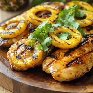 - 2 boneless, skinless chicken breasts - 1 ripe pineapple, peeled and cut into thick rings - 2 tablespoons soy sauce - 2 tablespoons honey - 1 tablespoon extra virgin olive oil - 1 teaspoon garlic powder - 1 teaspoon ground ginger - Salt and black pepper, to taste - Fresh cilantro leaves (optional) When you start making grilled pineapple chicken, you need fresh, quality ingredients. The chicken breasts must be boneless and skinless for easy cooking. Choose a ripe pineapple that feels slightly soft. This will give you great sweetness and juiciness. For the marinade, soy sauce brings salty depth. Honey adds lovely sweetness. The olive oil keeps the chicken moist as it cooks. Garlic powder and ground ginger give it a nice kick. You can adjust salt and pepper to your taste. For an extra touch, fresh cilantro leaves can add a burst of flavor. You can skip this if you prefer. Make sure to gather everything before you start cooking. This way, you stay organized and focused. This recipe is simple yet tasty, and you can find the full recipe above. Enjoy the bright flavors of grilled pineapple chicken! To start, you need to make the marinade. In a bowl, combine these ingredients: - 2 tablespoons soy sauce - 2 tablespoons honey - 1 tablespoon extra virgin olive oil - 1 teaspoon garlic powder - 1 teaspoon ground ginger - Salt and black pepper, to taste Whisk all the ingredients together until smooth. This marinade packs a punch of flavor. The soy sauce gives it a nice saltiness while the honey adds sweetness. Next, take your chicken breasts. Place them in a large resealable bag or a shallow dish. Pour the marinade over the chicken. Ensure each piece is well-coated. Seal the bag or cover the dish. Now, refrigerate for at least 30 minutes. If you have time, let it marinate for up to 4 hours. This helps the flavors soak in. When you are ready to cook, preheat your grill to medium-high heat. This step is crucial for a good sear. After marinating, take the chicken out of the bag. Discard any leftover marinade. Place the chicken on the hot grill. Cook each side for about 6-7 minutes. Check that the internal temperature reaches 165°F (75°C) for safety. In the last 2 minutes, add your pineapple rings next to the chicken. Grill the pineapple for 2-3 minutes on each side. You want them to caramelize and get nice grill marks. Once everything is cooked, remove the chicken and pineapple from the grill. Let the chicken rest for a few minutes to keep it juicy. Now you’re ready to enjoy this delicious grilled pineapple chicken. For the full recipe, check out the earlier sections! For the best flavor, marinate the chicken for at least 30 minutes. If you have time, let it marinate for up to 4 hours. This allows the flavors to soak into the chicken. You will taste the difference. Make sure you coat the chicken well with the marinade. Before you start grilling, preheat your grill to medium-high heat. This is key for getting nice grill marks and juicy chicken. If the grill is not hot enough, the chicken might cook unevenly. Aim for 375°F to 450°F for perfect grilling results. When serving grilled pineapple chicken, think about presentation. Place the chicken on a colorful plate. Top it with the caramelized pineapple rings for a vibrant look. You can add fresh cilantro for a pop of green and extra flavor. Serve with a side of rice or a fresh salad for a complete meal. For a rustic touch, try a wooden cutting board. This will make your dish stand out. {{image_4}} You can switch up the chicken to keep things fun. Shrimp works great here. Just adjust the cooking time. You could also try mango instead of pineapple. It adds a sweet twist. Slice it thick, like the pineapple. The smoky grill flavor pairs well with both. If you need low-sodium options, use tamari instead of soy sauce. This swap keeps the taste strong without too much salt. For a gluten-free meal, ensure your soy sauce is labeled gluten-free. You can also use coconut aminos for a sweet touch. Want to spice it up? Try adding paprika or chili powder to the marinade. This adds heat and depth. Fresh herbs, like basil or mint, can brighten the dish too. For a tangy twist, add lime juice to the marinade. This gives a fresh flavor that really pops. To keep grilled pineapple chicken fresh, let it cool first. Place the chicken in an airtight container. You can also add the grilled pineapple. Store it in the refrigerator for up to three days. If you want to keep it longer, freezing is a great option. When it's time to eat again, reheat the chicken gently. I find the best way is to use a microwave. Place the chicken on a microwave-safe plate. Cover it with a damp paper towel. Heat in short bursts, about 30 seconds at a time. This method keeps the chicken moist. You could also reheat it in a skillet over low heat. This way, the chicken stays juicy and delicious. To freeze grilled pineapple chicken, wrap it tightly in plastic wrap. Then, place it in a freezer bag. Make sure to remove as much air as possible. This helps prevent freezer burn. For best quality, eat it within three months. To thaw, just move it to the fridge overnight before reheating. This keeps the chicken tasty and safe to eat. For the full recipe, check the section above. To check if chicken is safe to eat, use a meat thermometer. Insert it into the thickest part of the chicken. The internal temperature should reach 165°F (75°C). This ensures harmful bacteria are killed. Always let the chicken rest for a few minutes after cooking. This helps keep it juicy and flavorful. Yes, you can use canned pineapple. However, fresh pineapple has a firmer texture and brighter flavor. Canned pineapple tends to be softer and may not grill as well. If you do use canned, make sure to drain it well. This helps avoid excess moisture on the grill. For great flavor, marinate the chicken for at least 30 minutes. If you have time, up to 4 hours is best. This allows the chicken to absorb all the tasty marinade. Just don’t marinate for too long, as the acid can break down the meat too much. Grilled pineapple chicken goes well with many side dishes. You can serve it with a fresh salad or some rice. Grilled vegetables also make a great match. Try adding some corn or zucchini for color and taste. These options will enhance your meal and make it more satisfying. You learned how to make grilled pineapple chicken with simple ingredients. We covered preparing the marinade, marinating the chicken, and grilling it to perfection. I shared tips for flavoring, serving, and storing leftovers. This dish is easy to customize for different tastes and diets. Enjoy cooking, and let your creativity shine as you make this recipe your own!