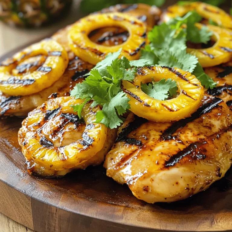 - 2 boneless, skinless chicken breasts - 1 ripe pineapple, peeled and cut into thick rings - 2 tablespoons soy sauce - 2 tablespoons honey - 1 tablespoon extra virgin olive oil - 1 teaspoon garlic powder - 1 teaspoon ground ginger - Salt and black pepper, to taste - Fresh cilantro leaves (optional) When you start making grilled pineapple chicken, you need fresh, quality ingredients. The chicken breasts must be boneless and skinless for easy cooking. Choose a ripe pineapple that feels slightly soft. This will give you great sweetness and juiciness. For the marinade, soy sauce brings salty depth. Honey adds lovely sweetness. The olive oil keeps the chicken moist as it cooks. Garlic powder and ground ginger give it a nice kick. You can adjust salt and pepper to your taste. For an extra touch, fresh cilantro leaves can add a burst of flavor. You can skip this if you prefer. Make sure to gather everything before you start cooking. This way, you stay organized and focused. This recipe is simple yet tasty, and you can find the full recipe above. Enjoy the bright flavors of grilled pineapple chicken! To start, you need to make the marinade. In a bowl, combine these ingredients: - 2 tablespoons soy sauce - 2 tablespoons honey - 1 tablespoon extra virgin olive oil - 1 teaspoon garlic powder - 1 teaspoon ground ginger - Salt and black pepper, to taste Whisk all the ingredients together until smooth. This marinade packs a punch of flavor. The soy sauce gives it a nice saltiness while the honey adds sweetness. Next, take your chicken breasts. Place them in a large resealable bag or a shallow dish. Pour the marinade over the chicken. Ensure each piece is well-coated. Seal the bag or cover the dish. Now, refrigerate for at least 30 minutes. If you have time, let it marinate for up to 4 hours. This helps the flavors soak in. When you are ready to cook, preheat your grill to medium-high heat. This step is crucial for a good sear. After marinating, take the chicken out of the bag. Discard any leftover marinade. Place the chicken on the hot grill. Cook each side for about 6-7 minutes. Check that the internal temperature reaches 165°F (75°C) for safety. In the last 2 minutes, add your pineapple rings next to the chicken. Grill the pineapple for 2-3 minutes on each side. You want them to caramelize and get nice grill marks. Once everything is cooked, remove the chicken and pineapple from the grill. Let the chicken rest for a few minutes to keep it juicy. Now you’re ready to enjoy this delicious grilled pineapple chicken. For the full recipe, check out the earlier sections! For the best flavor, marinate the chicken for at least 30 minutes. If you have time, let it marinate for up to 4 hours. This allows the flavors to soak into the chicken. You will taste the difference. Make sure you coat the chicken well with the marinade. Before you start grilling, preheat your grill to medium-high heat. This is key for getting nice grill marks and juicy chicken. If the grill is not hot enough, the chicken might cook unevenly. Aim for 375°F to 450°F for perfect grilling results. When serving grilled pineapple chicken, think about presentation. Place the chicken on a colorful plate. Top it with the caramelized pineapple rings for a vibrant look. You can add fresh cilantro for a pop of green and extra flavor. Serve with a side of rice or a fresh salad for a complete meal. For a rustic touch, try a wooden cutting board. This will make your dish stand out. {{image_4}} You can switch up the chicken to keep things fun. Shrimp works great here. Just adjust the cooking time. You could also try mango instead of pineapple. It adds a sweet twist. Slice it thick, like the pineapple. The smoky grill flavor pairs well with both. If you need low-sodium options, use tamari instead of soy sauce. This swap keeps the taste strong without too much salt. For a gluten-free meal, ensure your soy sauce is labeled gluten-free. You can also use coconut aminos for a sweet touch. Want to spice it up? Try adding paprika or chili powder to the marinade. This adds heat and depth. Fresh herbs, like basil or mint, can brighten the dish too. For a tangy twist, add lime juice to the marinade. This gives a fresh flavor that really pops. To keep grilled pineapple chicken fresh, let it cool first. Place the chicken in an airtight container. You can also add the grilled pineapple. Store it in the refrigerator for up to three days. If you want to keep it longer, freezing is a great option. When it's time to eat again, reheat the chicken gently. I find the best way is to use a microwave. Place the chicken on a microwave-safe plate. Cover it with a damp paper towel. Heat in short bursts, about 30 seconds at a time. This method keeps the chicken moist. You could also reheat it in a skillet over low heat. This way, the chicken stays juicy and delicious. To freeze grilled pineapple chicken, wrap it tightly in plastic wrap. Then, place it in a freezer bag. Make sure to remove as much air as possible. This helps prevent freezer burn. For best quality, eat it within three months. To thaw, just move it to the fridge overnight before reheating. This keeps the chicken tasty and safe to eat. For the full recipe, check the section above. To check if chicken is safe to eat, use a meat thermometer. Insert it into the thickest part of the chicken. The internal temperature should reach 165°F (75°C). This ensures harmful bacteria are killed. Always let the chicken rest for a few minutes after cooking. This helps keep it juicy and flavorful. Yes, you can use canned pineapple. However, fresh pineapple has a firmer texture and brighter flavor. Canned pineapple tends to be softer and may not grill as well. If you do use canned, make sure to drain it well. This helps avoid excess moisture on the grill. For great flavor, marinate the chicken for at least 30 minutes. If you have time, up to 4 hours is best. This allows the chicken to absorb all the tasty marinade. Just don’t marinate for too long, as the acid can break down the meat too much. Grilled pineapple chicken goes well with many side dishes. You can serve it with a fresh salad or some rice. Grilled vegetables also make a great match. Try adding some corn or zucchini for color and taste. These options will enhance your meal and make it more satisfying. You learned how to make grilled pineapple chicken with simple ingredients. We covered preparing the marinade, marinating the chicken, and grilling it to perfection. I shared tips for flavoring, serving, and storing leftovers. This dish is easy to customize for different tastes and diets. Enjoy cooking, and let your creativity shine as you make this recipe your own!