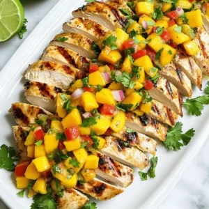 To make Mango Salsa Chicken, gather these ingredients: - 4 boneless, skinless chicken breasts - 1 ripe mango, diced into small cubes - 1 red bell pepper, finely diced - 1/4 red onion, minced - 1 jalapeño, seeds removed and finely minced - 2 tablespoons fresh cilantro, chopped - Juice of 2 limes (about ¼ cup) - 1 tablespoon extra-virgin olive oil - 1 teaspoon ground cumin - Salt and freshly cracked black pepper to taste Mango Salsa Chicken shines with fresh, vibrant flavors. Use ripe mango for sweetness. A red bell pepper adds crunch. The red onion gives a mild bite. Jalapeño brings heat, but you can skip it if you prefer mild. Fresh cilantro adds a bright note. For pantry staples, extra-virgin olive oil and ground cumin deepen the taste. Limes add tang and freshness to the dish. This dish is not only tasty but also nutritious. Each serving contains lean protein from chicken. The mango and bell pepper add vitamins A and C. The healthy fats from olive oil help with nutrient absorption. The overall meal is balanced and can fit into many diets. Enjoy the flavors without guilt! Start by making a marinade. In a large bowl, mix olive oil, lime juice, ground cumin, salt, and pepper. Whisk them well. Add the chicken breasts and coat them completely. Cover the bowl with plastic wrap. Place it in the fridge for at least 30 minutes. This step helps the chicken soak in all the flavors. While the chicken marinates, let’s make the salsa. Take a separate bowl and add diced mango, diced red bell pepper, minced red onion, and minced jalapeño. Toss in the chopped cilantro and a pinch of salt. Mix well. Taste the salsa and adjust lime juice to your liking. Set this aside to let the flavors blend together. Now it’s time to cook the chicken. Preheat your grill or a grill pan over medium-high heat. Take the chicken from the marinade, letting any extra drip off. Place the chicken on the grill. Cook for about 6-7 minutes on each side. The chicken is done when it reaches 165°F (75°C) and has nice grill marks. After cooking, transfer the chicken to a cutting board. Let it rest for about 5 minutes. This helps keep it juicy. Slice the chicken diagonally into strips. Arrange these strips on a serving platter in a nice way. Spoon the bright mango salsa generously over the chicken. Let some salsa fall onto the platter for a pop of color. For extra freshness, sprinkle more chopped cilantro on top. Serve the Mango Salsa Chicken warm. It pairs well with fluffy rice or warm tortillas. Enjoy your meal with lime wedges and extra salsa on the side for guests. For the complete details, check out the Full Recipe. To cook chicken just right, start with a good marinade. Use lime juice, olive oil, and cumin for flavor. Marinate the chicken for at least 30 minutes. This makes it juicy and tasty. When cooking, preheat your grill or pan. Place chicken on it and let it sizzle. Cook for 6-7 minutes on each side. Always check the internal temperature. It should reach 165°F (75°C). Let the chicken rest for a few minutes before slicing. This helps keep it moist. You can change the salsa to match your taste. If you like it sweeter, add more mango. Want it spicier? Toss in extra jalapeño. Fresh cilantro adds a bright flavor, but you can skip it if you want. Lime juice can be adjusted too. Taste the salsa as you mix. Make it as tangy or mild as you like. The goal is to create a salsa that fits your palate. Grilling gives chicken a nice smoky flavor. It makes great grill marks, which look good on the plate. If you prefer baking, that's fine too! Bake the chicken at 375°F (190°C) for about 25-30 minutes. Use a meat thermometer to check for doneness. Both methods work well, so choose what you enjoy most. The Full Recipe will guide you through either method easily. {{image_4}} You can switch up the fruits or veggies in this dish. Try pineapple for a sweet twist. Peaches or avocados also work well. For a crunchier texture, add cucumber or radishes. These changes keep the dish fresh and exciting every time you make it. If you like heat, keep the jalapeño in the salsa. For extra spice, add diced habanero or crushed red pepper. If you prefer a milder flavor, leave out the jalapeño entirely. You can also substitute it with a sweet bell pepper for a gentle taste. Adjust the spice to fit your taste buds. Mango Salsa Chicken pairs well with many sides. Try serving it with rice or quinoa for a hearty meal. A fresh salad can add crunch and balance. You can also serve it with warm tortillas for a fun taco night. Experiment with different sides to find your favorite combination. For the full recipe of Mango Salsa Chicken, refer to the earlier section in this article. After your meal, let the chicken cool down. Place it in an airtight container. Keep it in the fridge. It stays fresh for up to three days. If you have extra salsa, store it in a separate container. This keeps the flavors bright. To reheat Mango Salsa Chicken, take it out of the fridge. You can heat it in the microwave or on the stove. If using a microwave, place it on a microwave-safe plate. Heat for 1-2 minutes, checking to avoid drying it out. If using the stove, warm it in a pan over low heat. Cover the pan to keep it moist. You can freeze Mango Salsa Chicken for later. Wrap the chicken tightly in plastic wrap, then place it in a freezer bag. Remove as much air as possible. It can last in the freezer for up to three months. When ready to eat, thaw it overnight in the fridge. Reheat it as mentioned above for a quick meal. For the best taste, use the Full Recipe to make fresh salsa right before serving. Yes, you can use frozen chicken breasts. Just make sure to thaw them first. You can leave them in the fridge overnight or use the defrost setting on your microwave. Once thawed, follow the same steps as you would with fresh chicken. This keeps the flavor and texture nice. Mango salsa is fun because you can mix in other fruits. Pineapple adds a sweet twist, while peaches bring a juicy touch. Avocado offers creaminess, and kiwi adds a tart kick. Experiment with what you like best. Each fruit gives a unique flavor to the salsa. You can store leftover mango salsa in the fridge for about three days. Keep it in a tight container to keep it fresh. If the salsa starts to look dull or changes color, it’s time to toss it. Fresh is always best for taste and safety. Yes, you can make Mango Salsa Chicken ahead of time. Marinate the chicken earlier in the day or even the night before. Just keep it in the fridge. You can also prepare the mango salsa ahead. Just mix it and store it in the fridge until you are ready to serve. This saves time and keeps dinner stress-free. Mango Salsa Chicken pairs well with several sides. Fluffy rice or warm tortillas work great. You can also serve it with a simple salad or grilled veggies. Add lime wedges on the side for an extra zing. This dish is colorful and full of flavor, making it a feast for both the eyes and the tummy. Mango Salsa Chicken is easy to make with fresh ingredients. We covered marinating the chicken, making the salsa, and cooking techniques. Remember to adjust flavors to suit your taste. You can swap fruits or veggies for variations. Store leftovers for quick meals later. This dish offers bright flavors and great nutrition. Enjoy it grilled, baked, or with your favorite sides. Creating this tasty dish also makes mealtime fun. Now, you have the tools to impress family and friends!