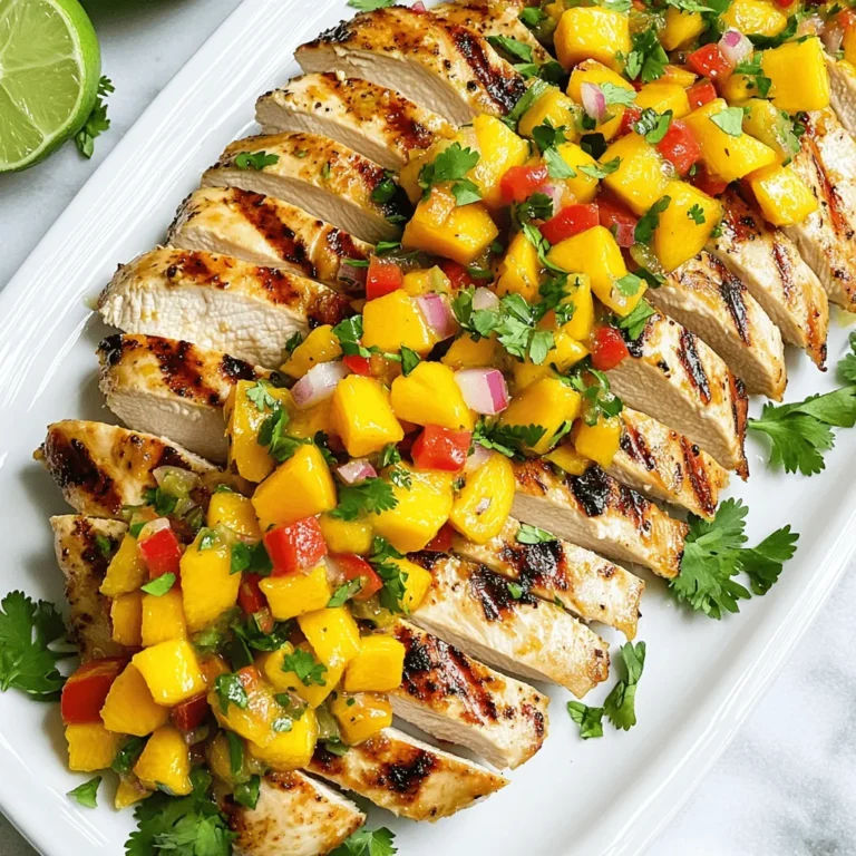 To make Mango Salsa Chicken, gather these ingredients: - 4 boneless, skinless chicken breasts - 1 ripe mango, diced into small cubes - 1 red bell pepper, finely diced - 1/4 red onion, minced - 1 jalapeño, seeds removed and finely minced - 2 tablespoons fresh cilantro, chopped - Juice of 2 limes (about ¼ cup) - 1 tablespoon extra-virgin olive oil - 1 teaspoon ground cumin - Salt and freshly cracked black pepper to taste Mango Salsa Chicken shines with fresh, vibrant flavors. Use ripe mango for sweetness. A red bell pepper adds crunch. The red onion gives a mild bite. Jalapeño brings heat, but you can skip it if you prefer mild. Fresh cilantro adds a bright note. For pantry staples, extra-virgin olive oil and ground cumin deepen the taste. Limes add tang and freshness to the dish. This dish is not only tasty but also nutritious. Each serving contains lean protein from chicken. The mango and bell pepper add vitamins A and C. The healthy fats from olive oil help with nutrient absorption. The overall meal is balanced and can fit into many diets. Enjoy the flavors without guilt! Start by making a marinade. In a large bowl, mix olive oil, lime juice, ground cumin, salt, and pepper. Whisk them well. Add the chicken breasts and coat them completely. Cover the bowl with plastic wrap. Place it in the fridge for at least 30 minutes. This step helps the chicken soak in all the flavors. While the chicken marinates, let’s make the salsa. Take a separate bowl and add diced mango, diced red bell pepper, minced red onion, and minced jalapeño. Toss in the chopped cilantro and a pinch of salt. Mix well. Taste the salsa and adjust lime juice to your liking. Set this aside to let the flavors blend together. Now it’s time to cook the chicken. Preheat your grill or a grill pan over medium-high heat. Take the chicken from the marinade, letting any extra drip off. Place the chicken on the grill. Cook for about 6-7 minutes on each side. The chicken is done when it reaches 165°F (75°C) and has nice grill marks. After cooking, transfer the chicken to a cutting board. Let it rest for about 5 minutes. This helps keep it juicy. Slice the chicken diagonally into strips. Arrange these strips on a serving platter in a nice way. Spoon the bright mango salsa generously over the chicken. Let some salsa fall onto the platter for a pop of color. For extra freshness, sprinkle more chopped cilantro on top. Serve the Mango Salsa Chicken warm. It pairs well with fluffy rice or warm tortillas. Enjoy your meal with lime wedges and extra salsa on the side for guests. For the complete details, check out the Full Recipe. To cook chicken just right, start with a good marinade. Use lime juice, olive oil, and cumin for flavor. Marinate the chicken for at least 30 minutes. This makes it juicy and tasty. When cooking, preheat your grill or pan. Place chicken on it and let it sizzle. Cook for 6-7 minutes on each side. Always check the internal temperature. It should reach 165°F (75°C). Let the chicken rest for a few minutes before slicing. This helps keep it moist. You can change the salsa to match your taste. If you like it sweeter, add more mango. Want it spicier? Toss in extra jalapeño. Fresh cilantro adds a bright flavor, but you can skip it if you want. Lime juice can be adjusted too. Taste the salsa as you mix. Make it as tangy or mild as you like. The goal is to create a salsa that fits your palate. Grilling gives chicken a nice smoky flavor. It makes great grill marks, which look good on the plate. If you prefer baking, that's fine too! Bake the chicken at 375°F (190°C) for about 25-30 minutes. Use a meat thermometer to check for doneness. Both methods work well, so choose what you enjoy most. The Full Recipe will guide you through either method easily. {{image_4}} You can switch up the fruits or veggies in this dish. Try pineapple for a sweet twist. Peaches or avocados also work well. For a crunchier texture, add cucumber or radishes. These changes keep the dish fresh and exciting every time you make it. If you like heat, keep the jalapeño in the salsa. For extra spice, add diced habanero or crushed red pepper. If you prefer a milder flavor, leave out the jalapeño entirely. You can also substitute it with a sweet bell pepper for a gentle taste. Adjust the spice to fit your taste buds. Mango Salsa Chicken pairs well with many sides. Try serving it with rice or quinoa for a hearty meal. A fresh salad can add crunch and balance. You can also serve it with warm tortillas for a fun taco night. Experiment with different sides to find your favorite combination. For the full recipe of Mango Salsa Chicken, refer to the earlier section in this article. After your meal, let the chicken cool down. Place it in an airtight container. Keep it in the fridge. It stays fresh for up to three days. If you have extra salsa, store it in a separate container. This keeps the flavors bright. To reheat Mango Salsa Chicken, take it out of the fridge. You can heat it in the microwave or on the stove. If using a microwave, place it on a microwave-safe plate. Heat for 1-2 minutes, checking to avoid drying it out. If using the stove, warm it in a pan over low heat. Cover the pan to keep it moist. You can freeze Mango Salsa Chicken for later. Wrap the chicken tightly in plastic wrap, then place it in a freezer bag. Remove as much air as possible. It can last in the freezer for up to three months. When ready to eat, thaw it overnight in the fridge. Reheat it as mentioned above for a quick meal. For the best taste, use the Full Recipe to make fresh salsa right before serving. Yes, you can use frozen chicken breasts. Just make sure to thaw them first. You can leave them in the fridge overnight or use the defrost setting on your microwave. Once thawed, follow the same steps as you would with fresh chicken. This keeps the flavor and texture nice. Mango salsa is fun because you can mix in other fruits. Pineapple adds a sweet twist, while peaches bring a juicy touch. Avocado offers creaminess, and kiwi adds a tart kick. Experiment with what you like best. Each fruit gives a unique flavor to the salsa. You can store leftover mango salsa in the fridge for about three days. Keep it in a tight container to keep it fresh. If the salsa starts to look dull or changes color, it’s time to toss it. Fresh is always best for taste and safety. Yes, you can make Mango Salsa Chicken ahead of time. Marinate the chicken earlier in the day or even the night before. Just keep it in the fridge. You can also prepare the mango salsa ahead. Just mix it and store it in the fridge until you are ready to serve. This saves time and keeps dinner stress-free. Mango Salsa Chicken pairs well with several sides. Fluffy rice or warm tortillas work great. You can also serve it with a simple salad or grilled veggies. Add lime wedges on the side for an extra zing. This dish is colorful and full of flavor, making it a feast for both the eyes and the tummy. Mango Salsa Chicken is easy to make with fresh ingredients. We covered marinating the chicken, making the salsa, and cooking techniques. Remember to adjust flavors to suit your taste. You can swap fruits or veggies for variations. Store leftovers for quick meals later. This dish offers bright flavors and great nutrition. Enjoy it grilled, baked, or with your favorite sides. Creating this tasty dish also makes mealtime fun. Now, you have the tools to impress family and friends!