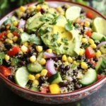 - 1 cup quinoa - 2 cups vegetable broth - 1 cup canned black beans - 1 cup corn kernels - 1 red bell pepper - 1 cucumber - 1 ripe avocado - ½ cup red onion - 1 jalapeño (optional) - ½ cup fresh cilantro - 2 tablespoons extra virgin olive oil - 3 tablespoons fresh lime juice - 1 teaspoon ground cumin - Salt and black pepper to taste - Medium-sized pot - Mixing bowls - Whisk - Fork Gather these ingredients before you start cooking. Quinoa is the star of this dish. It adds a nutty flavor and a nice texture. The black beans and corn give it a hearty feel. The fresh veggies, like bell pepper and cucumber, add crunch and color. For the dressing, the lime juice gives a zesty kick. Olive oil adds richness, while cumin brings warmth. You need basic kitchen tools, like a pot and bowls, to make this salad. Using the right tools makes cooking easier and more fun. Check out the Full Recipe for more details on how to bring these vibrant flavors together! - Rinse quinoa under cold water. - Combine quinoa and vegetable broth in a pot. - Bring to a boil, then simmer for 15 minutes. To start, rinse the quinoa well. This helps remove any bitter taste. Next, mix the quinoa with vegetable broth in a pot. The broth adds flavor. Bring it to a boil over medium-high heat. Once it boils, lower the heat and cover. Let it simmer for 15 minutes. This cooks the quinoa perfectly. After cooking, remove it from heat and let it sit for 5 minutes. This helps it fluff up nicely. - Whisk olive oil, lime juice, cumin, salt, and pepper in a bowl. - Taste and adjust seasoning as needed. While the quinoa cools, let's make the dressing. In a bowl, whisk together olive oil, lime juice, cumin, salt, and pepper. This dressing gives the salad a fresh taste. After mixing, taste it. If you want more flavor, feel free to add more lime juice or salt. Adjust it until you love the taste. - Mix black beans, corn, bell pepper, cucumber, avocado, red onion, jalapeño, and cilantro in a bowl. - Fluff the cooked quinoa and add it to the vegetable mixture. - Drizzle with dressing and toss to combine. In a large bowl, mix together the black beans, corn, diced red bell pepper, diced cucumber, avocado, red onion, jalapeño, and cilantro. This mix adds color and crunch. Once the quinoa has cooled, fluff it with a fork. Add it to the vegetable mixture. Now, drizzle the dressing over everything. Toss gently to coat all the ingredients. This makes sure every bite is full of flavor. For the full recipe, you can check the details above to make this vibrant dish! - Serve chilled for best flavor. - Pair with tortilla chips or grilled chicken. - Add extra spices or herbs to the dressing. - Include diced tomatoes or diced mango for sweetness. - Prepare dressing and ingredients separately for freshness. - Let salad chill for 30 minutes before serving. These tips will help you enjoy your Southwest Quinoa Salad even more. When you chill it, the flavors blend perfectly. Pairing it with tortilla chips adds a fun crunch. If you want more taste, try adding spices to the dressing. Diced tomatoes or mango can bring a sweet touch. Make ahead by preparing the dressing and veggies first. This keeps them fresh and crisp. Chilling the salad for a bit before serving makes it taste even better. You can find the Full Recipe for more details. Enjoy! {{image_4}} You can easily change the protein in your salad. Adding grilled chicken or shrimp gives it a hearty touch. Cook the chicken or shrimp with a little seasoning for extra flavor. If you prefer a plant-based option, substitute with tofu. Simply cube the tofu and sauté it for a few minutes. This will add a nice texture and flavor to the dish. Seasonal vegetables can elevate your salad. Try using zucchini or bell peppers in the summer for a fresh taste. In the fall, consider adding roasted sweet potatoes. You can also experiment with fruits. Sliced peaches or strawberries add a sweet twist. Just chop them up and toss them in for a fun flavor contrast. If you need a gluten-free dish, check your quinoa label. Most quinoa is gluten-free, but it’s good to confirm. You can also make the salad healthier by using low-sodium canned beans. This helps reduce the salt content without losing flavor. Making these small changes can make a big difference in your meal. For the full recipe, refer to the main section above. Store your Southwest Quinoa Salad in an airtight container. It stays fresh for up to 3 days. Keep the dressing separate until you are ready to serve. This helps maintain the salad's crunch and flavor. I do not recommend freezing this salad. Freezing will change the texture of the ingredients. For the best taste, enjoy it fresh. You can use leftovers in fun ways. Try adding the salad to wraps for a quick lunch. It also works well as a topping on baked potatoes, adding a burst of flavor. Another great option is to stir it into soups for a hearty meal. - Add more jalapeño or a splash of hot sauce. This simple change gives your salad a nice kick. You can also try using spicy salsa or diced serrano peppers if you want even more heat! - Yes, try brown rice, farro, or bulgur for variations. Each grain offers a unique texture and flavor. Brown rice is hearty, farro has a chewy bite, and bulgur cooks quickly, making these great options. - Yes, it is naturally vegan and can be customized accordingly. You can add your favorite veggies or swap ingredients based on what you like. This salad is great for everyone! - It lasts about 3 days; make sure to store it properly. Keep it in an airtight container to maintain its freshness. If you notice any changes in smell or texture, it’s best to toss it out. - Serve chilled, garnished with fresh herbs and lime wedges for added freshness. This not only enhances the flavor but also makes the salad look beautiful on your table. - Lemon juice can be used as a substitute for lime juice. While lime gives a zesty flavor, lemon also works well. Feel free to experiment and find your perfect taste! For the full recipe, check out the detailed instructions to create your own delicious Southwest Quinoa Salad! This blog post covered how to make a delicious Southwest Quinoa Salad. We started with simple ingredients like quinoa, black beans, and fresh veggies. I shared easy steps for preparing it, along with tips for serving and enjoying it fresh. Remember, you can add protein or switch up the veggies for variety. This salad is flexible, so use it to fit your taste! Enjoy your cooking adventure, and savor the flavors of your healthy creation!
