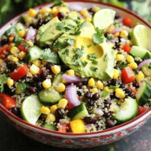 - 1 cup quinoa - 2 cups vegetable broth - 1 cup canned black beans - 1 cup corn kernels - 1 red bell pepper - 1 cucumber - 1 ripe avocado - ½ cup red onion - 1 jalapeño (optional) - ½ cup fresh cilantro - 2 tablespoons extra virgin olive oil - 3 tablespoons fresh lime juice - 1 teaspoon ground cumin - Salt and black pepper to taste - Medium-sized pot - Mixing bowls - Whisk - Fork Gather these ingredients before you start cooking. Quinoa is the star of this dish. It adds a nutty flavor and a nice texture. The black beans and corn give it a hearty feel. The fresh veggies, like bell pepper and cucumber, add crunch and color. For the dressing, the lime juice gives a zesty kick. Olive oil adds richness, while cumin brings warmth. You need basic kitchen tools, like a pot and bowls, to make this salad. Using the right tools makes cooking easier and more fun. Check out the Full Recipe for more details on how to bring these vibrant flavors together! - Rinse quinoa under cold water. - Combine quinoa and vegetable broth in a pot. - Bring to a boil, then simmer for 15 minutes. To start, rinse the quinoa well. This helps remove any bitter taste. Next, mix the quinoa with vegetable broth in a pot. The broth adds flavor. Bring it to a boil over medium-high heat. Once it boils, lower the heat and cover. Let it simmer for 15 minutes. This cooks the quinoa perfectly. After cooking, remove it from heat and let it sit for 5 minutes. This helps it fluff up nicely. - Whisk olive oil, lime juice, cumin, salt, and pepper in a bowl. - Taste and adjust seasoning as needed. While the quinoa cools, let's make the dressing. In a bowl, whisk together olive oil, lime juice, cumin, salt, and pepper. This dressing gives the salad a fresh taste. After mixing, taste it. If you want more flavor, feel free to add more lime juice or salt. Adjust it until you love the taste. - Mix black beans, corn, bell pepper, cucumber, avocado, red onion, jalapeño, and cilantro in a bowl. - Fluff the cooked quinoa and add it to the vegetable mixture. - Drizzle with dressing and toss to combine. In a large bowl, mix together the black beans, corn, diced red bell pepper, diced cucumber, avocado, red onion, jalapeño, and cilantro. This mix adds color and crunch. Once the quinoa has cooled, fluff it with a fork. Add it to the vegetable mixture. Now, drizzle the dressing over everything. Toss gently to coat all the ingredients. This makes sure every bite is full of flavor. For the full recipe, you can check the details above to make this vibrant dish! - Serve chilled for best flavor. - Pair with tortilla chips or grilled chicken. - Add extra spices or herbs to the dressing. - Include diced tomatoes or diced mango for sweetness. - Prepare dressing and ingredients separately for freshness. - Let salad chill for 30 minutes before serving. These tips will help you enjoy your Southwest Quinoa Salad even more. When you chill it, the flavors blend perfectly. Pairing it with tortilla chips adds a fun crunch. If you want more taste, try adding spices to the dressing. Diced tomatoes or mango can bring a sweet touch. Make ahead by preparing the dressing and veggies first. This keeps them fresh and crisp. Chilling the salad for a bit before serving makes it taste even better. You can find the Full Recipe for more details. Enjoy! {{image_4}} You can easily change the protein in your salad. Adding grilled chicken or shrimp gives it a hearty touch. Cook the chicken or shrimp with a little seasoning for extra flavor. If you prefer a plant-based option, substitute with tofu. Simply cube the tofu and sauté it for a few minutes. This will add a nice texture and flavor to the dish. Seasonal vegetables can elevate your salad. Try using zucchini or bell peppers in the summer for a fresh taste. In the fall, consider adding roasted sweet potatoes. You can also experiment with fruits. Sliced peaches or strawberries add a sweet twist. Just chop them up and toss them in for a fun flavor contrast. If you need a gluten-free dish, check your quinoa label. Most quinoa is gluten-free, but it’s good to confirm. You can also make the salad healthier by using low-sodium canned beans. This helps reduce the salt content without losing flavor. Making these small changes can make a big difference in your meal. For the full recipe, refer to the main section above. Store your Southwest Quinoa Salad in an airtight container. It stays fresh for up to 3 days. Keep the dressing separate until you are ready to serve. This helps maintain the salad's crunch and flavor. I do not recommend freezing this salad. Freezing will change the texture of the ingredients. For the best taste, enjoy it fresh. You can use leftovers in fun ways. Try adding the salad to wraps for a quick lunch. It also works well as a topping on baked potatoes, adding a burst of flavor. Another great option is to stir it into soups for a hearty meal. - Add more jalapeño or a splash of hot sauce. This simple change gives your salad a nice kick. You can also try using spicy salsa or diced serrano peppers if you want even more heat! - Yes, try brown rice, farro, or bulgur for variations. Each grain offers a unique texture and flavor. Brown rice is hearty, farro has a chewy bite, and bulgur cooks quickly, making these great options. - Yes, it is naturally vegan and can be customized accordingly. You can add your favorite veggies or swap ingredients based on what you like. This salad is great for everyone! - It lasts about 3 days; make sure to store it properly. Keep it in an airtight container to maintain its freshness. If you notice any changes in smell or texture, it’s best to toss it out. - Serve chilled, garnished with fresh herbs and lime wedges for added freshness. This not only enhances the flavor but also makes the salad look beautiful on your table. - Lemon juice can be used as a substitute for lime juice. While lime gives a zesty flavor, lemon also works well. Feel free to experiment and find your perfect taste! For the full recipe, check out the detailed instructions to create your own delicious Southwest Quinoa Salad! This blog post covered how to make a delicious Southwest Quinoa Salad. We started with simple ingredients like quinoa, black beans, and fresh veggies. I shared easy steps for preparing it, along with tips for serving and enjoying it fresh. Remember, you can add protein or switch up the veggies for variety. This salad is flexible, so use it to fit your taste! Enjoy your cooking adventure, and savor the flavors of your healthy creation!