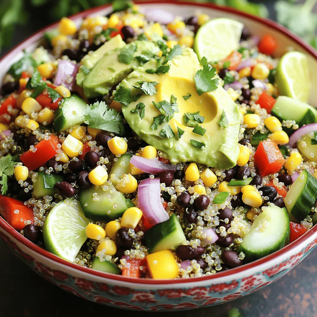- 1 cup quinoa - 2 cups vegetable broth - 1 cup canned black beans - 1 cup corn kernels - 1 red bell pepper - 1 cucumber - 1 ripe avocado - ½ cup red onion - 1 jalapeño (optional) - ½ cup fresh cilantro - 2 tablespoons extra virgin olive oil - 3 tablespoons fresh lime juice - 1 teaspoon ground cumin - Salt and black pepper to taste - Medium-sized pot - Mixing bowls - Whisk - Fork Gather these ingredients before you start cooking. Quinoa is the star of this dish. It adds a nutty flavor and a nice texture. The black beans and corn give it a hearty feel. The fresh veggies, like bell pepper and cucumber, add crunch and color. For the dressing, the lime juice gives a zesty kick. Olive oil adds richness, while cumin brings warmth. You need basic kitchen tools, like a pot and bowls, to make this salad. Using the right tools makes cooking easier and more fun. Check out the Full Recipe for more details on how to bring these vibrant flavors together! - Rinse quinoa under cold water. - Combine quinoa and vegetable broth in a pot. - Bring to a boil, then simmer for 15 minutes. To start, rinse the quinoa well. This helps remove any bitter taste. Next, mix the quinoa with vegetable broth in a pot. The broth adds flavor. Bring it to a boil over medium-high heat. Once it boils, lower the heat and cover. Let it simmer for 15 minutes. This cooks the quinoa perfectly. After cooking, remove it from heat and let it sit for 5 minutes. This helps it fluff up nicely. - Whisk olive oil, lime juice, cumin, salt, and pepper in a bowl. - Taste and adjust seasoning as needed. While the quinoa cools, let's make the dressing. In a bowl, whisk together olive oil, lime juice, cumin, salt, and pepper. This dressing gives the salad a fresh taste. After mixing, taste it. If you want more flavor, feel free to add more lime juice or salt. Adjust it until you love the taste. - Mix black beans, corn, bell pepper, cucumber, avocado, red onion, jalapeño, and cilantro in a bowl. - Fluff the cooked quinoa and add it to the vegetable mixture. - Drizzle with dressing and toss to combine. In a large bowl, mix together the black beans, corn, diced red bell pepper, diced cucumber, avocado, red onion, jalapeño, and cilantro. This mix adds color and crunch. Once the quinoa has cooled, fluff it with a fork. Add it to the vegetable mixture. Now, drizzle the dressing over everything. Toss gently to coat all the ingredients. This makes sure every bite is full of flavor. For the full recipe, you can check the details above to make this vibrant dish! - Serve chilled for best flavor. - Pair with tortilla chips or grilled chicken. - Add extra spices or herbs to the dressing. - Include diced tomatoes or diced mango for sweetness. - Prepare dressing and ingredients separately for freshness. - Let salad chill for 30 minutes before serving. These tips will help you enjoy your Southwest Quinoa Salad even more. When you chill it, the flavors blend perfectly. Pairing it with tortilla chips adds a fun crunch. If you want more taste, try adding spices to the dressing. Diced tomatoes or mango can bring a sweet touch. Make ahead by preparing the dressing and veggies first. This keeps them fresh and crisp. Chilling the salad for a bit before serving makes it taste even better. You can find the Full Recipe for more details. Enjoy! {{image_4}} You can easily change the protein in your salad. Adding grilled chicken or shrimp gives it a hearty touch. Cook the chicken or shrimp with a little seasoning for extra flavor. If you prefer a plant-based option, substitute with tofu. Simply cube the tofu and sauté it for a few minutes. This will add a nice texture and flavor to the dish. Seasonal vegetables can elevate your salad. Try using zucchini or bell peppers in the summer for a fresh taste. In the fall, consider adding roasted sweet potatoes. You can also experiment with fruits. Sliced peaches or strawberries add a sweet twist. Just chop them up and toss them in for a fun flavor contrast. If you need a gluten-free dish, check your quinoa label. Most quinoa is gluten-free, but it’s good to confirm. You can also make the salad healthier by using low-sodium canned beans. This helps reduce the salt content without losing flavor. Making these small changes can make a big difference in your meal. For the full recipe, refer to the main section above. Store your Southwest Quinoa Salad in an airtight container. It stays fresh for up to 3 days. Keep the dressing separate until you are ready to serve. This helps maintain the salad's crunch and flavor. I do not recommend freezing this salad. Freezing will change the texture of the ingredients. For the best taste, enjoy it fresh. You can use leftovers in fun ways. Try adding the salad to wraps for a quick lunch. It also works well as a topping on baked potatoes, adding a burst of flavor. Another great option is to stir it into soups for a hearty meal. - Add more jalapeño or a splash of hot sauce. This simple change gives your salad a nice kick. You can also try using spicy salsa or diced serrano peppers if you want even more heat! - Yes, try brown rice, farro, or bulgur for variations. Each grain offers a unique texture and flavor. Brown rice is hearty, farro has a chewy bite, and bulgur cooks quickly, making these great options. - Yes, it is naturally vegan and can be customized accordingly. You can add your favorite veggies or swap ingredients based on what you like. This salad is great for everyone! - It lasts about 3 days; make sure to store it properly. Keep it in an airtight container to maintain its freshness. If you notice any changes in smell or texture, it’s best to toss it out. - Serve chilled, garnished with fresh herbs and lime wedges for added freshness. This not only enhances the flavor but also makes the salad look beautiful on your table. - Lemon juice can be used as a substitute for lime juice. While lime gives a zesty flavor, lemon also works well. Feel free to experiment and find your perfect taste! For the full recipe, check out the detailed instructions to create your own delicious Southwest Quinoa Salad! This blog post covered how to make a delicious Southwest Quinoa Salad. We started with simple ingredients like quinoa, black beans, and fresh veggies. I shared easy steps for preparing it, along with tips for serving and enjoying it fresh. Remember, you can add protein or switch up the veggies for variety. This salad is flexible, so use it to fit your taste! Enjoy your cooking adventure, and savor the flavors of your healthy creation!