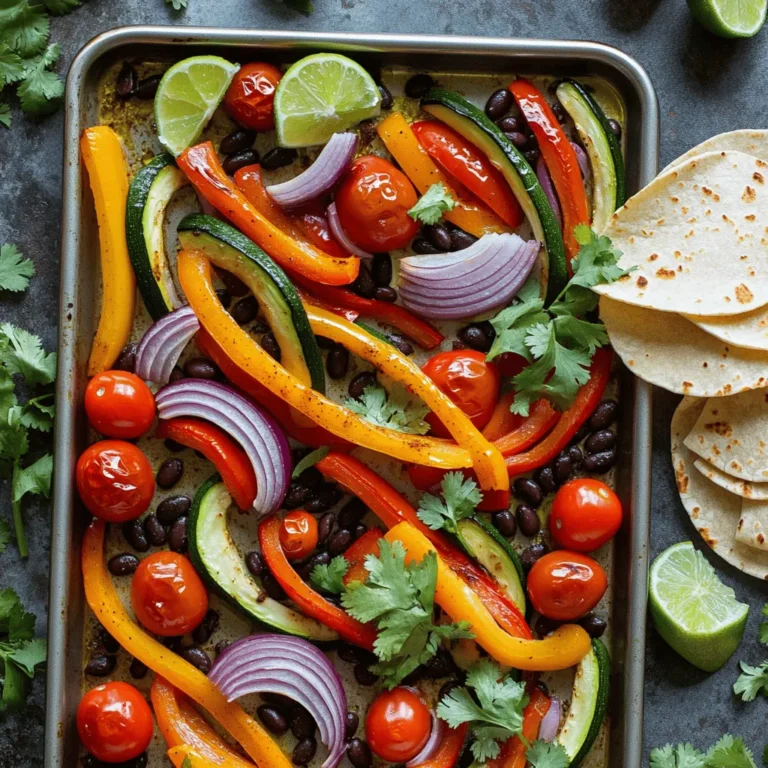 To make your Fajita Veggie Sheet Pan, gather these simple and fresh ingredients: - Bell peppers (red, yellow, or green) - Zucchini - Red onion - Cherry tomatoes - Black beans - Olive oil - Spices and seasonings (chili powder, cumin, garlic powder, salt, pepper) - Fresh cilantro for garnish - Lime wedges for serving - Tortillas (corn or flour) These ingredients create a colorful and tasty dish. Using fresh veggies adds great flavor and texture. The spices make everything pop! You can adjust the veggies based on what you have or prefer. For example, you might try adding corn or mushrooms. Each change can lead to a new twist on this tasty recipe. This Fajita Veggie Sheet Pan really shows how simple ingredients can shine together. When you gather these items, you set the stage for a fun cooking adventure. Check out the Full Recipe for complete details on how to bring this delicious dish to life. 1. First, preheat your oven to 425°F (220°C). This helps the veggies cook just right. 2. Next, line a large sheet pan with parchment paper. This makes cleanup easy. 3. In a big mixing bowl, combine the sliced bell pepper, zucchini rounds, red onion wedges, halved cherry tomatoes, and rinsed black beans. 4. Drizzle 3 tablespoons of olive oil over the mixture. It helps the flavors blend. 5. Now, add 2 teaspoons of chili powder, 1 teaspoon of ground cumin, and 1 teaspoon of garlic powder. Don't forget a pinch of salt and black pepper. 6. Toss everything gently until each piece is well-coated with oil and spices. 1. Spread the veggie and bean mixture evenly on the prepared sheet pan. Make sure they are not crowded. 2. Place the pan in the preheated oven and roast for 20-25 minutes. Stir halfway through for even cooking. 3. The veggies should be tender and have slightly caramelized edges when done. 1. To warm the tortillas, you can use a skillet or microwave. Just a minute or two will do. 2. Fill each warm tortilla with the roasted fajita veggies. 3. Top with fresh cilantro and a drizzle of lime juice for extra flavor. 4. Serve the filled tortillas on a platter, garnished with lime wedges and extra cilantro for a beautiful display. For the complete recipe, check out the [Full Recipe]. To get the best from your fajita veggies, even cooking is key. Spread the veggies in a single layer on the sheet pan. This helps them roast well. Stir them halfway through cooking. This way, they brown nicely on all sides. Each oven runs a bit differently. You may need to adjust the cooking time. Keep an eye on the veggies. They should be tender and slightly charred. Want to kick up the flavor? Add more spices! A pinch of smoked paprika or cayenne pepper can work wonders. Fresh herbs like oregano or thyme also add depth. Don’t forget lime juice! A squeeze right before serving makes the dish pop. It gives a fresh, zesty flavor that brightens everything up. When serving, arrange the filled tortillas on a pretty platter. It makes the meal more inviting. Garnish with lime wedges and extra cilantro for color. You can also sprinkle some crumbled cheese on top. This adds a nice touch and looks great. A vibrant display makes your Fajita Veggie Sheet Pan Delight even more appetizing. {{image_4}} You can swap out veggies to suit your taste. Try adding mushrooms or sweet potatoes. Seasonal choices like asparagus or butternut squash work well, too. Think of what’s fresh at your local market. Broccoli and cauliflower also add great texture. Mix and match for a colorful plate. Want to make this dish heartier? Tofu or tempeh are great choices. Cube them and toss with your veggies. You can also add chickpeas for extra protein. They blend well with the spices. If you eat meat, grilled chicken or shrimp can elevate this dish. Just season them like your veggies for a tasty mix. Experimenting with spices can change your dish. For a mild flavor, stick with cumin and garlic. If you like heat, add cayenne or smoked paprika. Try a taco seasoning mix for a new twist. You could even toss in fresh herbs like cilantro or oregano. This will keep your fajita veggie sheet pan exciting each time! To keep your fajita veggies fresh, store them in an airtight container. Place the container in the fridge. This way, your flavors stay bright. Use leftover veggies within three to four days for best taste. For reheating, the oven is your best friend. Preheat it to 350°F (175°C). Spread the veggies on a baking sheet and heat for about 10 minutes. This restores texture and taste. You can also use the microwave, but the oven keeps them crisp. If you have extras, try adding them to a salad or a quesadilla for a tasty twist. To freeze the fajita veggie mix, let it cool first. Then, transfer it to a freezer-safe bag. Remove as much air as you can before sealing. This helps prevent freezer burn. When ready to use, move it to the fridge overnight to thaw. Reheat as mentioned above, and enjoy! It takes about 10 minutes to prep. Roasting in the oven takes 20-25 minutes. Altogether, you can enjoy this dish in about 30-35 minutes. Yes, you can easily swap veggies. Try adding mushrooms, asparagus, or even corn. Just make sure they cut evenly for even cooking. Absolutely! This dish is great for meal prep. You can store it in the fridge for up to four days. Just reheat portions as needed. Corn or flour tortillas are both great options. Corn tortillas give a nice crunch, while flour tortillas are soft and chewy. To spice things up, add more chili powder. You can also include fresh jalapeños or a splash of hot sauce. Experiment with heat to find your perfect level. You can prepare the veggies and seasoning ahead. Just store them in the fridge. When ready, roast them for a quick, fresh meal. For the full recipe, check out the details in the main article! This blog post covered how to make delicious fajita veggies on a sheet pan. We talked about the ingredients, preparation steps, and tips for perfect roasting. You learned about storing leftovers and customizing the recipe to fit your taste. In summary, this dish is both fun and easy to prepare. You can explore different veggies and spices, making it your own. Enjoy this tasty meal with friends or family, and remember, cooking should always bring joy!