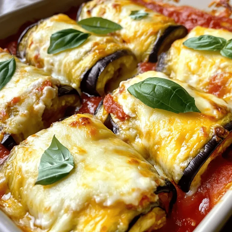 - 2 large eggplants - 1 cup ricotta cheese - 1 cup grated mozzarella cheese, plus extra for topping - 1/2 cup grated Parmesan cheese - 1 large egg - 2 cups marinara sauce - 1 teaspoon dried oregano - 1 teaspoon garlic powder - Salt and pepper - Fresh basil leaves - 2 tablespoons olive oil For this dish, you need two large eggplants. Slice them lengthwise into 1/4-inch thick pieces. This thickness helps them cook well and roll easily. For the cheese filling, combine 1 cup of ricotta, 1 cup of grated mozzarella, and 1/2 cup of grated Parmesan. Add one large egg to bind the filling. The egg helps to keep the filling together when you roll it. When selecting eggplants, look for ones that feel heavy for their size. They should have smooth, shiny skin. Avoid any with blemishes or wrinkles. Fresh cheese gives the best taste, so choose high-quality ricotta and mozzarella. Use 2 cups of marinara sauce for a rich flavor. You can use store-bought or homemade. It adds moisture and taste to the dish. Dried oregano and garlic powder enhance the flavor; adjust them to suit your taste. This recipe serves four, making it perfect for a family dinner or a small gathering. Enjoy the process and feel free to add your unique twist! For the full recipe, check out the detailed instructions. To start, slice the eggplants. Cut them lengthwise into 1/4-inch thick slices. This helps them cook evenly. Next, arrange the slices on a baking sheet in a single layer. Brush both sides with olive oil. Sprinkle salt and pepper on top. Bake them in a preheated oven at 375°F (190°C) for about 20 minutes. Remember to flip the slices halfway through. They should be tender and lightly caramelized. While the eggplant bakes, prepare the cheese filling. In a large bowl, mix together the ricotta cheese, grated mozzarella, and grated Parmesan. Add the egg, dried oregano, garlic powder, and a pinch of salt and pepper. Stir until the mixture is smooth and creamy. This blend gives a rich flavor and a great texture. Once your eggplant slices cool, it’s time to roll them. Spread a thin layer of marinara sauce at the bottom of a 9x13-inch baking dish. Take one eggplant slice and place about 2 tablespoons of the cheese filling at one end. Carefully roll it up tightly and place it seam-side down in the dish. Repeat this for all the slices. After placing all the rollatini in the dish, pour the remaining marinara sauce on top. Finish with extra grated mozzarella cheese for a gooey finish. Cover with foil and bake for 25 minutes. Then, remove the foil and bake for an additional 10 minutes until the cheese is bubbly and golden. For more details, check the Full Recipe. To keep your eggplant from becoming soggy, salt it first. Here’s how: - Slice the eggplants and lay them flat. - Sprinkle salt on both sides of the slices. - Let them sit for about 30 minutes. - Rinse off the salt and pat them dry. This draws out excess moisture, making them firmer when cooked. For flavor enhancement, try adding herbs. Fresh basil and oregano pair well. You can also mix in some red pepper flakes for a hint of spice. Another tip is to use high-quality olive oil. It adds depth to the dish and a rich taste. When serving, you have options. Serve the rollatini straight from the baking dish for a rustic feel. For a fancier touch, place them on individual plates. Drizzle some extra marinara sauce around the plate for color. Garnishing makes a big difference. Add fresh basil leaves on top for a pop of green. Consider a sprinkle of extra grated cheese as well. It makes the dish look appealing and inviting. This recipe not only tastes great but also looks beautiful. Enjoy making your Eggplant Rollatini with these simple tips! For the full recipe, check out the instructions above. {{image_4}} You can swap out cheeses in this dish. If you want a lighter option, try cottage cheese instead of ricotta. For a plant-based twist, use cashew cheese or tofu. Both choices work well in the filling. You can also add more veggies to your rollatini. Spinach, zucchini, or mushrooms can mix nicely with the cheese. This not only adds flavor but also boosts nutrition. Feel free to get creative with your fillings! Making this dish gluten-free is easy. Just ensure your marinara sauce is gluten-free. Most are, but check the label to be sure. You can also use gluten-free breadcrumbs if you want a crunch on top. For a vegetarian option, stick with the original recipe. If you want a vegan version, replace the egg and cheese. You can use a flax egg and a vegan cheese blend instead. Both will give you that creamy texture without dairy! [Full Recipe] has all you need to create this delightful dish. To keep your eggplant rollatini fresh, store leftovers in an airtight container. Refrigerate them if you plan to eat them in a few days. They will stay good for about 3 to 5 days in the fridge. If you want to keep them longer, freezing is a great option. Wrap each rollatini in foil or plastic wrap and place them in a freezer-safe bag. They can last up to 3 months in the freezer. When you’re ready to enjoy your leftovers, reheat them gently. The best way is to use the oven. Preheat it to 350°F (175°C). Place the rollatini in a baking dish, cover with foil, and heat for about 20 minutes. This helps keep the cheese soft and the eggplant moist. Avoid reheating in the microwave if you can. It can dry out the rollatini. If you must use the microwave, cover them with a damp paper towel. This adds moisture and helps prevent dryness. Enjoy your meal just as tasty as the first time! What can I use instead of ricotta cheese? You can use cottage cheese or vegan cream cheese. Both give a creamy texture. For a dairy-free option, try tofu blended with a bit of lemon juice. This will mimic the flavor and texture of ricotta. How do I know when eggplant is cooked properly? Eggplant is done when it feels soft and tender. Use a fork to check; it should pierce easily. The edges may brown slightly, which adds flavor. Keep an eye on it to avoid overcooking. Can this recipe be made low-carb? Yes! You can swap eggplant for zucchini or use a low-carb cheese mix. Using fewer eggplant slices per roll can also help keep the carbs low. Adjust the sauce to fit your diet. What is the nutritional value of Eggplant Rollatini? Eggplant Rollatini is low in calories and rich in fiber. It provides protein from cheese and essential vitamins from eggplant. Each serving typically has around 250 calories, depending on ingredients used. What to serve with Eggplant Rollatini? Pair it with a fresh salad or garlic bread for a full meal. A side of steamed veggies also complements the dish well. You can drizzle extra marinara sauce on the plate for added flavor. Can it be made ahead of time? Absolutely! You can prepare the rollatini and store them in the fridge. Just cover it well. When you’re ready to eat, bake it straight from the fridge, adding a few extra minutes to the cooking time. For the full recipe, check the section above. In this post, we explored how to make a delicious eggplant rollatini. We covered key ingredients, helpful preparation tips, and specific cooking techniques. You learned how to assemble and present your dish beautifully. We also discussed alternatives to fit different diets and storage methods for leftovers. Eggplant rollatini is both tasty and flexible. With these steps, you can customize it to your taste. Enjoy making this dish for friends or family!