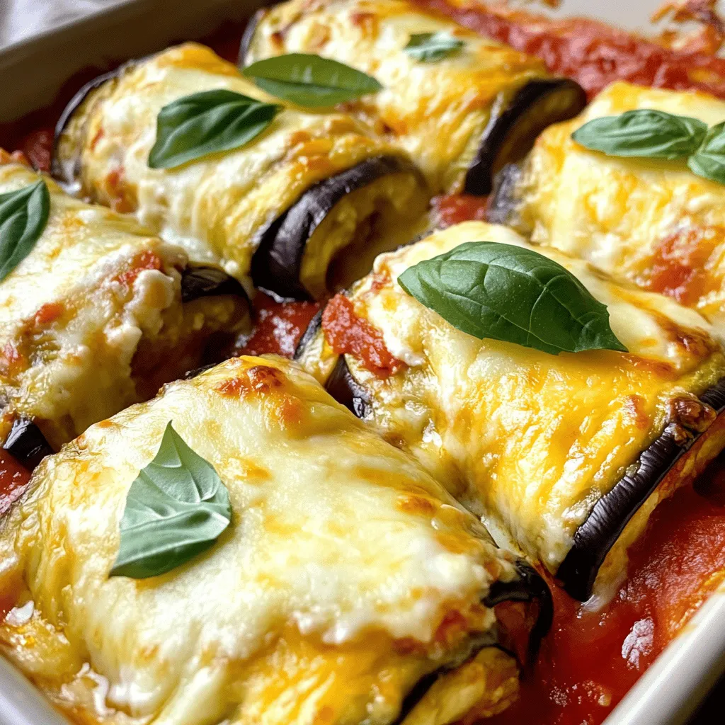 - 2 large eggplants - 1 cup ricotta cheese - 1 cup grated mozzarella cheese, plus extra for topping - 1/2 cup grated Parmesan cheese - 1 large egg - 2 cups marinara sauce - 1 teaspoon dried oregano - 1 teaspoon garlic powder - Salt and pepper - Fresh basil leaves - 2 tablespoons olive oil For this dish, you need two large eggplants. Slice them lengthwise into 1/4-inch thick pieces. This thickness helps them cook well and roll easily. For the cheese filling, combine 1 cup of ricotta, 1 cup of grated mozzarella, and 1/2 cup of grated Parmesan. Add one large egg to bind the filling. The egg helps to keep the filling together when you roll it. When selecting eggplants, look for ones that feel heavy for their size. They should have smooth, shiny skin. Avoid any with blemishes or wrinkles. Fresh cheese gives the best taste, so choose high-quality ricotta and mozzarella. Use 2 cups of marinara sauce for a rich flavor. You can use store-bought or homemade. It adds moisture and taste to the dish. Dried oregano and garlic powder enhance the flavor; adjust them to suit your taste. This recipe serves four, making it perfect for a family dinner or a small gathering. Enjoy the process and feel free to add your unique twist! For the full recipe, check out the detailed instructions. To start, slice the eggplants. Cut them lengthwise into 1/4-inch thick slices. This helps them cook evenly. Next, arrange the slices on a baking sheet in a single layer. Brush both sides with olive oil. Sprinkle salt and pepper on top. Bake them in a preheated oven at 375°F (190°C) for about 20 minutes. Remember to flip the slices halfway through. They should be tender and lightly caramelized. While the eggplant bakes, prepare the cheese filling. In a large bowl, mix together the ricotta cheese, grated mozzarella, and grated Parmesan. Add the egg, dried oregano, garlic powder, and a pinch of salt and pepper. Stir until the mixture is smooth and creamy. This blend gives a rich flavor and a great texture. Once your eggplant slices cool, it’s time to roll them. Spread a thin layer of marinara sauce at the bottom of a 9x13-inch baking dish. Take one eggplant slice and place about 2 tablespoons of the cheese filling at one end. Carefully roll it up tightly and place it seam-side down in the dish. Repeat this for all the slices. After placing all the rollatini in the dish, pour the remaining marinara sauce on top. Finish with extra grated mozzarella cheese for a gooey finish. Cover with foil and bake for 25 minutes. Then, remove the foil and bake for an additional 10 minutes until the cheese is bubbly and golden. For more details, check the Full Recipe. To keep your eggplant from becoming soggy, salt it first. Here’s how: - Slice the eggplants and lay them flat. - Sprinkle salt on both sides of the slices. - Let them sit for about 30 minutes. - Rinse off the salt and pat them dry. This draws out excess moisture, making them firmer when cooked. For flavor enhancement, try adding herbs. Fresh basil and oregano pair well. You can also mix in some red pepper flakes for a hint of spice. Another tip is to use high-quality olive oil. It adds depth to the dish and a rich taste. When serving, you have options. Serve the rollatini straight from the baking dish for a rustic feel. For a fancier touch, place them on individual plates. Drizzle some extra marinara sauce around the plate for color. Garnishing makes a big difference. Add fresh basil leaves on top for a pop of green. Consider a sprinkle of extra grated cheese as well. It makes the dish look appealing and inviting. This recipe not only tastes great but also looks beautiful. Enjoy making your Eggplant Rollatini with these simple tips! For the full recipe, check out the instructions above. {{image_4}} You can swap out cheeses in this dish. If you want a lighter option, try cottage cheese instead of ricotta. For a plant-based twist, use cashew cheese or tofu. Both choices work well in the filling. You can also add more veggies to your rollatini. Spinach, zucchini, or mushrooms can mix nicely with the cheese. This not only adds flavor but also boosts nutrition. Feel free to get creative with your fillings! Making this dish gluten-free is easy. Just ensure your marinara sauce is gluten-free. Most are, but check the label to be sure. You can also use gluten-free breadcrumbs if you want a crunch on top. For a vegetarian option, stick with the original recipe. If you want a vegan version, replace the egg and cheese. You can use a flax egg and a vegan cheese blend instead. Both will give you that creamy texture without dairy! [Full Recipe] has all you need to create this delightful dish. To keep your eggplant rollatini fresh, store leftovers in an airtight container. Refrigerate them if you plan to eat them in a few days. They will stay good for about 3 to 5 days in the fridge. If you want to keep them longer, freezing is a great option. Wrap each rollatini in foil or plastic wrap and place them in a freezer-safe bag. They can last up to 3 months in the freezer. When you’re ready to enjoy your leftovers, reheat them gently. The best way is to use the oven. Preheat it to 350°F (175°C). Place the rollatini in a baking dish, cover with foil, and heat for about 20 minutes. This helps keep the cheese soft and the eggplant moist. Avoid reheating in the microwave if you can. It can dry out the rollatini. If you must use the microwave, cover them with a damp paper towel. This adds moisture and helps prevent dryness. Enjoy your meal just as tasty as the first time! What can I use instead of ricotta cheese? You can use cottage cheese or vegan cream cheese. Both give a creamy texture. For a dairy-free option, try tofu blended with a bit of lemon juice. This will mimic the flavor and texture of ricotta. How do I know when eggplant is cooked properly? Eggplant is done when it feels soft and tender. Use a fork to check; it should pierce easily. The edges may brown slightly, which adds flavor. Keep an eye on it to avoid overcooking. Can this recipe be made low-carb? Yes! You can swap eggplant for zucchini or use a low-carb cheese mix. Using fewer eggplant slices per roll can also help keep the carbs low. Adjust the sauce to fit your diet. What is the nutritional value of Eggplant Rollatini? Eggplant Rollatini is low in calories and rich in fiber. It provides protein from cheese and essential vitamins from eggplant. Each serving typically has around 250 calories, depending on ingredients used. What to serve with Eggplant Rollatini? Pair it with a fresh salad or garlic bread for a full meal. A side of steamed veggies also complements the dish well. You can drizzle extra marinara sauce on the plate for added flavor. Can it be made ahead of time? Absolutely! You can prepare the rollatini and store them in the fridge. Just cover it well. When you’re ready to eat, bake it straight from the fridge, adding a few extra minutes to the cooking time. For the full recipe, check the section above. In this post, we explored how to make a delicious eggplant rollatini. We covered key ingredients, helpful preparation tips, and specific cooking techniques. You learned how to assemble and present your dish beautifully. We also discussed alternatives to fit different diets and storage methods for leftovers. Eggplant rollatini is both tasty and flexible. With these steps, you can customize it to your taste. Enjoy making this dish for friends or family!