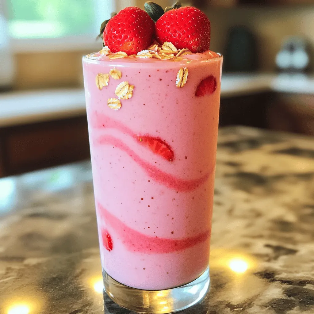 To create a delicious Strawberry Oatmeal Smoothie, you need simple and fresh ingredients. Here’s the list that will make this smoothie tasty and healthy: - 1 cup fresh strawberries, hulled and halved - 1/2 cup rolled oats - 1 ripe banana, sliced - 1 tablespoon honey or maple syrup - 1 cup almond milk - 1/2 teaspoon pure vanilla extract - A pinch of sea salt - Ice cubes (optional) Each ingredient plays a key role in flavor and texture. The strawberries add sweetness and a lovely color. Rolled oats give your smoothie a creamy base and keep you full. The banana provides natural sweetness and creaminess. Honey or maple syrup lets you adjust the sweetness to your taste. Almond milk keeps it light and dairy-free. Vanilla adds a warm flavor, while sea salt enhances all the tastes. If you like it cold, ice cubes can make it extra refreshing. Follow the full recipe to enjoy this easy and nutritious drink! To make your Strawberry Oatmeal Smoothie, follow these simple steps. 1. Add strawberries to the blender Start by placing one cup of fresh strawberries in your blender. Make sure they are hulled and halved for easier blending. 2. Include rolled oats and banana Next, add half a cup of rolled oats. Then, slice one ripe banana and toss it in. The oats and banana will give your smoothie a nice texture. 3. Pour in almond milk and add vanilla extract Pour in one cup of almond milk. You can use any milk you like. Then, add half a teaspoon of pure vanilla extract for a sweet touch. 4. Blend until smooth Blend all the ingredients together on high speed. Keep blending until the mixture is smooth and creamy. This should take about 30 seconds. 5. Adjust sweetness and serve After blending, taste your smoothie. If it needs more sweetness, add a tablespoon of honey or maple syrup. Blend briefly to mix in the sweetener. Now, serve your smoothie in tall glasses and enjoy! This recipe is quick and perfect for breakfast or a snack. For the full recipe, check the ingredients section above. To make the best strawberry oatmeal smoothie, use a high-speed blender. This helps blend the oats smoothly. Start by blending on high for about 30 seconds. Then, check the texture. You want it creamy, not gritty. If it feels thick, add a bit more almond milk. Blend again until it reaches the right consistency. Adjusting sweetness is easy. Taste your smoothie before serving. If you want it sweeter, add a little more honey or maple syrup. Blend briefly to mix in the extra sweetness. You can switch up the milk in this recipe. Almond milk is great, but you can use soy or oat milk too. For sweeteners, try agave syrup or even dates. They add natural sweetness without extra sugar. Seasonal fruits make this smoothie fun. In spring and summer, use fresh strawberries. In fall, try adding apples or pears. They can change the flavor and keep it exciting. If you need gluten-free oats, look for certified gluten-free options. They work just as well in your smoothie and keep your drink safe for all diets. For the full recipe, check the earlier section! {{image_4}} You can make your strawberry oatmeal smoothie even better by adding other fruits. Blueberries, raspberries, and blackberries are great choices. They bring rich flavors and extra nutrients. You can mix and match these berries for a colorful treat. Tropical fruits also work well in this smoothie. Try adding mango, pineapple, or banana for a sunny twist. These fruits make your drink taste like a vacation. Just remember to keep the balance of ingredients right. You want the smoothie to stay creamy and smooth. To enhance your smoothie, consider adding superfoods. Spinach or kale can be great options. They add vitamins without changing the flavor much. Just a handful can boost the health factor of your smoothie. Blend it well with the other ingredients. You might also think about using protein powders. Adding a scoop can increase protein and make the smoothie more filling. Choose a flavor that matches your fruit, like vanilla or chocolate. This way, you keep the taste delicious while adding good nutrients. Check out the Full Recipe for more details on making this tasty smoothie. To keep your strawberry oatmeal smoothie fresh, store it in the fridge. Use an airtight container. This will help prevent it from getting too watery. The smoothie stays good for up to two days. Just give it a quick stir before you drink it. If you want to save it longer, consider freezing it. Pour the smoothie into ice cube trays or freezer-safe bags. This makes smoothie packs that are easy to use later. When you're ready to enjoy, just blend the frozen cubes with a little milk. To refresh your smoothie, use a blender. Blend it again on high for a few seconds. This brings back its creamy texture. Avoid using a microwave. Heating it this way can change the texture and taste. Instead, just blend it, and you'll have a delicious drink again! How to make a thicker smoothie? To make a thicker smoothie, use less milk. You can also add more oats or banana. Frozen fruits work great too. They chill the drink and give it a nice texture. Blend it well to ensure everything mixes smoothly. Can I prepare this smoothie in advance? Yes, you can prep this smoothie ahead of time. Just blend all the ingredients, then store it in the fridge. It tastes best if you drink it within 24 hours. Give it a good shake before you enjoy it. What are the health benefits of ingredients used? This smoothie has many health benefits. Strawberries are full of vitamins and antioxidants. Oats provide fiber, which helps keep you full. Bananas add potassium, good for your heart. Almond milk is low in calories and dairy-free. Honey or maple syrup adds natural sweetness. Is this smoothie suitable for kids? Absolutely! This smoothie is great for kids. It is sweet, tasty, and packed with nutrition. You can adjust the sweetness to fit their taste. Serve it as a healthy breakfast or snack. Kids will love the fruity flavor! For the full recipe, check the details above. This blog covered a tasty smoothie recipe made with fresh strawberries, oats, and banana. We explored step-by-step instructions and tips to get the best results. You learned about ingredient swaps and healthy add-ins to make your smoothie unique. Remember to store leftovers well and enjoy them later. Smoothies are fun and healthy, making them great for any meal. Try experimenting with flavors and textures to find your perfect mix.