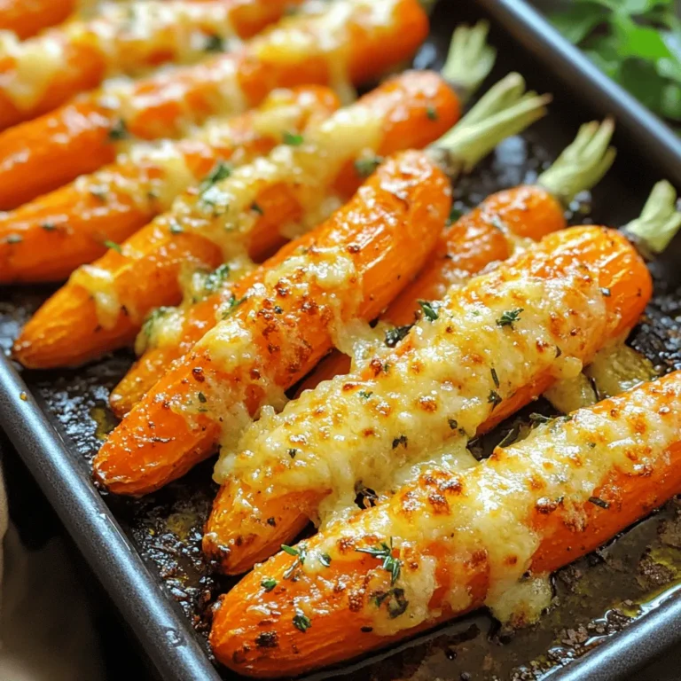 To make Garlic Parmesan Roasted Carrots, you need some simple ingredients. Here’s what you will need: - Baby carrots - Extra virgin olive oil - Fresh garlic - Dried thyme leaves - Smoked paprika - Parmesan cheese - Sea salt and black pepper - Fresh parsley (optional) These ingredients come together to create a dish that shines with flavor. Baby carrots are sweet and tender, making them perfect for roasting. Extra virgin olive oil adds richness, while fresh garlic gives a bold taste. Dried thyme and smoked paprika bring warmth and depth to the dish. Parmesan cheese melts beautifully, adding a savory, cheesy crust. Salt and pepper enhance the flavors, making each bite delightful. If you want, you can add fresh parsley for a splash of color and freshness. Gather these items before you start cooking. Having everything ready makes the process smooth and fun. You can find the full recipe for Garlic Parmesan Roasted Carrots to guide you through the steps. Enjoy the cooking journey! - Preheat your oven to 425°F (220°C). This makes sure the oven is hot. - In a large bowl, mix together 3 tablespoons of olive oil, 4 cloves of minced garlic, 1 teaspoon of dried thyme, 1 teaspoon of smoked paprika, sea salt, and black pepper. Stir until blended. - Add 1 pound of peeled baby carrots to the bowl. Toss them well in the oil and spice mix, so they are covered evenly. - Line a baking sheet with parchment paper. Arrange the carrots on the sheet in a single layer. This helps them cook evenly. - Roast the carrots for about 20 minutes. Halfway through, turn the carrots to ensure they roast on all sides. - After 20 minutes, take the baking sheet out of the oven. Sprinkle 1/2 cup of grated Parmesan cheese over the hot carrots. The cheese will stick nicely. - Put the baking sheet back in the oven. Roast for another 5-7 minutes, until the cheese is melted and bubbly, creating a golden crust. Enjoy these Garlic Parmesan Roasted Carrots as a flavorful side! For the complete recipe, check out the Full Recipe. To make your Garlic Parmesan Roasted Carrots even better, try adding more herbs or spices. Fresh herbs like rosemary or oregano bring a nice touch. You can also use a pinch of cayenne for some heat. Adjusting seasoning levels is key. Taste the oil and spice mix before adding carrots. You want it flavorful but not overpowering. For even roasting, make sure to spread the carrots in a single layer on the baking sheet. This allows hot air to circulate. Turn the carrots halfway through cooking. This helps them cook evenly and get that perfect caramelization. To avoid soggy carrots, do not crowd the baking sheet. If there are too many carrots, they will steam instead of roast. For serving, place the carrots on a rustic wooden platter. This makes for a beautiful presentation. Drizzle a bit of extra olive oil over the top for added shine. A sprinkle of fresh parsley adds a pop of color. It also gives a fresh taste that balances the richness of the cheese. For more details on the full recipe, check out the complete guide. {{image_4}} You can switch out baby carrots for other veggies. Try using sweet potatoes, bell peppers, or zucchini. Each veggie brings a unique taste and texture. Different cheese options also work well. Instead of Parmesan, you can use feta or cheddar for a twist. If you want a spicy kick, add red pepper flakes. They give the dish heat and flavor. For a sweeter touch, drizzle honey over the carrots before roasting. The honey caramelizes and adds a nice glaze. You can create a colorful vegetable medley. Mix roasted carrots with other veggies like broccoli or asparagus. This adds variety to your plate. Use Garlic Parmesan Roasted Carrots as a side dish or make them the main star with a protein. They pair well with chicken, fish, or steak, making every meal special. Store your Garlic Parmesan Roasted Carrots in an airtight container. This keeps them fresh. They can last in the fridge for about 3 to 5 days. Before storing, let them cool to room temperature. This helps prevent moisture build-up. If you have extra Parmesan on top, it may become soggy. You have two great options for reheating. The oven gives the best results. Preheat it to 350°F (175°C). Place the carrots on a baking sheet and heat for about 10 minutes. This method keeps them crispy. The microwave is faster but may make them soft. If you use the microwave, heat in short bursts. Check them often to avoid overcooking. To freeze your roasted carrots, let them cool completely. Then, place them in a single layer on a baking sheet. Freeze them for about 1 hour. This helps them stay separate. After that, transfer them to a freezer bag for long-term storage. They can last up to 3 months in the freezer. When you want to use them, thaw them overnight in the fridge. Then, reheat as mentioned above. Garlic Parmesan Roasted Carrots are a simple and tasty side dish. They feature sweet baby carrots coated in garlic and Parmesan cheese. Roasting brings out their natural sweetness while adding a crispy texture. The garlic adds a bold flavor, and the cheese creates a savory crust. This dish is perfect for family dinners or special occasions. I recommend roasting carrots for about 25 to 27 minutes. Preheat your oven to 425°F (220°C). Start with 20 minutes and turn them halfway. After that, add the cheese and roast for an extra 5 to 7 minutes. This timing ensures a tender inside and a golden crust. Yes, you can prepare the carrots in advance. Toss them in the oil and spices, then cover and refrigerate. When you're ready, roast them straight from the fridge. This way, you save time when cooking for guests. These carrots make a great side for many dishes. They pair well with grilled chicken, steak, or fish. You can also serve them alongside pasta or a fresh salad. Their flavors enhance any meal, making them a versatile choice. You can find the Full Recipe for Garlic Parmesan Roasted Carrots [here](#). This link will guide you through all the steps to create this delightful dish. Garlic Parmesan roasted carrots are simple and tasty. You learned about essential ingredients, step-by-step cooking, and helpful tips. We covered variations, storage tips, and common questions. These carrots make a great side dish or even a main course. You can adjust the flavors as you like. Enjoy your cooking adventure and share your roasted carrot experience with others!