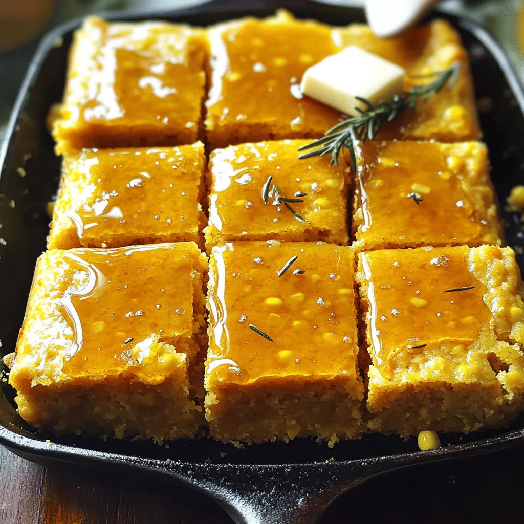 - 1 cup cornmeal - 1 cup all-purpose flour - 1/4 cup granulated sugar - 1 tablespoon baking powder - 1/2 teaspoon salt - 1 cup milk - 2 large eggs - 1/4 cup honey - 1/4 cup unsalted butter, melted - 1/2 cup corn kernels (fresh or frozen) - Optional: 1/4 teaspoon ground cinnamon The key to great sweet honey cornbread lies in using fresh, quality ingredients. Cornmeal gives the cornbread its unique texture. All-purpose flour adds stability and lightness. Granulated sugar balances the flavor with a touch of sweetness. Baking powder helps the cornbread rise, while salt enhances all the flavors. You will also need milk and eggs to create a moist and rich batter. Honey adds depth and a gentle sweetness. Unsalted butter contributes to the overall flavor and richness. Corn kernels add delightful pops of sweetness and texture. If you want a hint of spice, ground cinnamon is a great option. I recommend gathering all these ingredients before you start. This way, you can easily mix them together without any hassle. For the full recipe, check the section below. Enjoy the process of making this delicious cornbread! First, preheat your oven to 400°F (200°C). This step warms the oven for even baking. Next, prepare a 9-inch square baking pan or a cast-iron skillet. Grease it well with butter or cooking spray. This will stop the cornbread from sticking. In a large bowl, combine these dry ingredients: - 1 cup cornmeal - 1 cup all-purpose flour - 1/4 cup granulated sugar - 1 tablespoon baking powder - 1/2 teaspoon salt Whisk them together until they blend well. If you want, add 1/4 teaspoon of ground cinnamon for extra flavor. Make sure there are no lumps in the mix. In another bowl, whisk together: - 1 cup milk - 2 large eggs - 1/4 cup honey - 1/4 cup unsalted butter, melted Mix until the ingredients come together smoothly. This mixture adds moisture and sweetness to your cornbread. Gently pour the wet mixture into the dry ingredients. Stir carefully until everything combines. Do not overmix; a few small lumps are okay. This keeps the cornbread light and fluffy. Now, fold in 1/2 cup of corn kernels. You can use fresh or frozen corn. Use a light hand to avoid breaking the kernels. This adds a sweet crunch to your cornbread. Transfer your batter into the prepared baking pan. Use a spatula to smooth the surface. Place the pan in the oven. Bake for 20-25 minutes until the top turns golden brown. A toothpick inserted in the center should come out clean. Once it's done, let the cornbread cool in the pan for about 10 minutes. This cooling time helps you cut it into neat squares. For the Full Recipe, refer back to the main recipe section. To make great cornbread, focus on two key points: don’t overmix and ensure even baking. Overmixing can make the cornbread tough. Mix just until wet and dry ingredients blend. A few lumps are okay! For even baking, use a preheated oven. Make sure to grease your pan well. A cast-iron skillet helps create a nice crust. If using a baking pan, smooth the batter for consistent cooking. Add spices to boost flavor. Cinnamon gives a warm touch. You can also add jalapeños for heat or cheddar for richness. Corn kernels add sweetness and texture. Serve cornbread warm with honey drizzled on top. A pat of butter makes it even better. Pair it with chili or soups for a hearty meal. To plate your cornbread, cut it into neat squares. Serve on a rustic wooden board for charm. Garnish with fresh herbs like rosemary. This adds color and flavor. For a fun twist, serve with honey in a small dish for dipping. Enjoy the beauty of your dish! {{image_4}} You can make sweet honey cornbread even better. Try adding cheese and jalapeños. The cheese melts and makes it creamy. The jalapeños give it a nice kick. This combo makes your cornbread rich and spicy. Herbs and spices can also change the flavor. You might like to add rosemary or thyme. These herbs bring freshness. You can also use garlic powder for a savory twist. Each added ingredient makes your cornbread unique. If you want a healthier cornbread, use whole wheat flour. Whole wheat adds fiber and nutrients. You can also cut down on sugar. Use less sugar or natural sweeteners like maple syrup. These changes keep the sweetness but make it lighter. Cornbread varies by region. Southern-style cornbread is sweeter and denser. It often uses more sugar and fewer eggs. This type is great with chili or barbecue. Northern-style cornbread is less sweet and drier. It has a crumbly texture and uses more flour. This style pairs well with soups or stews. Each type has its charm and fits different meals. You can store leftover cornbread at room temperature or in the fridge. If you keep it at room temperature, place it in an airtight container. This keeps it fresh for about 2 days. If you want it to last longer, refrigerate it. In the fridge, it stays good for up to a week. Just make sure to wrap it well to prevent it from drying out. Reheating is key to enjoying leftover cornbread. The best methods are using an oven or microwave. For the oven, preheat it to 350°F (175°C). Place the cornbread on a baking sheet. Cover it with foil to keep moisture in. Heat for about 10-15 minutes. For the microwave, slice the cornbread and wrap each piece in a damp paper towel. Heat for about 20-30 seconds. This method helps keep it moist and avoids dryness. Freezing is a great way to keep cornbread for longer. First, let the cornbread cool completely. Then, wrap it tightly in plastic wrap. After that, place it in a freezer-safe bag. Make sure to remove as much air as you can. This prevents freezer burn. You can freeze cornbread for up to 3 months. When you're ready to eat it, thaw it in the fridge overnight. Reheat it using the methods mentioned above for the best texture. For more details, check out the Full Recipe. Sweet cornbread gets its sweetness from honey and sugar. Honey adds a rich flavor. It also keeps the cornbread moist. Sugar brings out the corn's natural sweetness. Together, they create a delightful balance. You can adjust the amounts to fit your taste. Yes, you can make cornbread without eggs. Here are some great substitutes: - 1/4 cup applesauce - 1/4 cup mashed banana - 1/4 cup yogurt - 1 tablespoon ground flaxseed mixed with 2.5 tablespoons water These options work well and keep the cornbread fluffy. You can serve sweet honey cornbread with many dishes. Here are some tasty pairings: - Chili - Barbecue - Soup - Fried chicken - Salads These meals complement the sweet flavor of the cornbread. You can tell cornbread is done by checking a few things: - Look for a golden brown color. - Insert a toothpick in the center; it should come out clean. - Gently press the top; it should spring back. These signs show your cornbread is ready to enjoy. Yes, you can make this recipe gluten-free. Here are some alternatives: - Replace all-purpose flour with gluten-free flour blend. - Use cornmeal that is certified gluten-free. These swaps let you enjoy sweet honey cornbread without gluten. You can find the Full Recipe for sweet honey cornbread in the earlier section. Enjoy making this golden honey cornbread delight! Sweet honey cornbread combines simple ingredients for a delicious treat. You blend cornmeal, flour, and sugar with moist wet ingredients like milk and honey. With tips on perfecting your cornbread and options for variations, you can customize it to your liking. Remember to store leftovers properly and reheat them to keep them tasty. Whether you enjoy it sweet or explore healthier options, cornbread can fit into any meal. Now, it's time to get baking and enjoy this warm, comforting dish!