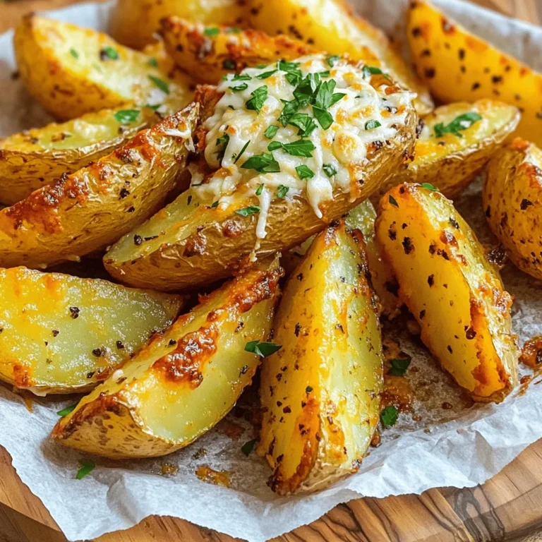 To make crispy garlic Parmesan potato wedges, gather these simple ingredients: - 4 large russet potatoes, well-scrubbed and cut into wedges - 1/4 cup extra virgin olive oil - 4 cloves garlic, finely minced - 1 teaspoon smoked paprika - 1 teaspoon dried oregano - 1 teaspoon fine sea salt - 1/2 teaspoon freshly ground black pepper - 1/2 cup finely grated Parmesan cheese - Fresh parsley, for garnish These ingredients work together to create a delicious, crispy snack or side dish. The russet potatoes provide a fluffy inside with a crispy outside. The garlic adds a robust flavor, while the Parmesan gives a rich, salty finish. Smoked paprika and oregano enhance the taste, making every bite special. This dish is perfect for sharing or enjoying alone. For the full recipe, check out the detailed steps to create this tasty treat. First, we need to preheat the oven to 425°F (220°C). Then, get your baking sheet ready by lining it with parchment paper. This will make cleanup easy later. Rinse your russet potatoes under cold water. Use a brush to scrub off any dirt. Cut each potato into wedges, aiming for about 8-10 wedges per potato. This ensures they cook evenly. In a large mixing bowl, combine the olive oil, minced garlic, smoked paprika, dried oregano, sea salt, and black pepper. Mix these ingredients well. This creates a fragrant marinade that will coat the potatoes perfectly. Now, toss the potato wedges in the marinade. Make sure each wedge gets a good coat of the garlic-oil mix. This step is key for flavor. Next, arrange the wedges on the lined baking sheet in a single layer. Avoid overlapping them to help them crisp up nicely. Roast the wedges in the oven for 25-30 minutes. Halfway through, use a spatula to toss them for even browning. They should look golden and crispy when done. When you take them out, immediately sprinkle the hot wedges with freshly grated Parmesan cheese. The heat will melt the cheese just right. For a fresh touch, garnish with finely chopped parsley. This makes the dish look as good as it tastes. For the full recipe, check out the above section. To get the best crisp, arrange the wedges in a single layer. This way, each wedge has space to cook evenly. If they overlap, they will steam instead of crisp up. Halfway through cooking, toss the wedges with a spatula. This helps them brown on all sides and enhances that golden crunch. Using freshly grated Parmesan cheese makes a huge difference. It melts beautifully and gives a rich taste. You can also add more seasonings to boost flavor. Try chili powder for heat or lemon zest for brightness. Experiment with flavors to find your favorite mix. Serve your crispy wedges with tasty dips. Ranch dressing or garlic aioli pairs well. For a pop of color, sprinkle fresh parsley on top. This not only looks great but adds a fresh taste. Arrange them on a nice platter to impress your guests. You can even use rustic baskets with parchment paper for a fun touch. {{image_4}} You can change the flavor of your crispy garlic Parmesan potato wedges by adding spices. For a spicy kick, try adding cayenne pepper. Start with a pinch and adjust to your heat preference. If you love herbs, consider rosemary or thyme. These add fresh notes and deepen the flavor. If you want to cook faster, use an air fryer. Preheat it to 400°F (200°C) and cook the wedges for about 20 minutes. Shake the basket halfway through for even crispiness. Another great option is grilling. This gives a smoky flavor, perfect for summer meals. Just toss the wedges in foil and grill them for about 15 minutes. Not all diets allow for regular potatoes. You can use sweet potatoes or even cauliflower for a lighter version. Both options work well and taste great. If you need a dairy-free recipe, swap out the Parmesan cheese for a vegan cheese alternative. Nutritional yeast is another option that can add a cheesy flavor without dairy. For the full recipe, check out the delicious details! To keep your crispy garlic Parmesan potato wedges fresh, follow these tips: - Refrigeration: Place the cooled wedges in an airtight container. They will stay good for up to 3 days. - Freezing: If you want to save them longer, freeze the wedges. Spread them in a single layer on a baking sheet. Once frozen, transfer them to a freezer bag. They can last for up to 2 months. When it’s time to enjoy your leftovers, you have two main options: - Oven: Preheat your oven to 400°F (200°C). Place the wedges on a baking sheet and bake for 10-15 minutes. This method keeps them crispy. - Microwave: If you need a quick fix, use the microwave. Heat in short bursts of 30 seconds. This method may make them less crispy but works in a pinch. To maintain texture, always reheat the wedges at a higher temperature. Avoid wrapping them in foil, as this traps steam and makes them soggy. Enjoy your tasty snack! Cook the wedges for 25-30 minutes at 425°F (220°C). This high heat makes them crispy. Halfway through, toss them for even browning. The wedges should turn golden and crunchy. Yes, you can prepare these wedges before. Cut and season them, then store in the fridge. Use an airtight container. When ready to cook, simply place them on a baking sheet and roast. These wedges pair well with many dips. Try ranch dressing, garlic aioli, or spicy ketchup. You can also use cheese sauce or sour cream for a rich flavor. Yes, these potato wedges are gluten-free. All the ingredients in the recipe do not contain gluten. Always check your seasonings to ensure they meet gluten-free needs. In this post, we covered how to make delicious garlic Parmesan potato wedges. You learned about the key ingredients, step-by-step instructions, and useful tips for perfecting your dish. I shared variations for taste and cooking methods, plus storage and reheating tips. Now, you have everything you need to make this tasty snack. Enjoy experimenting with flavors and impressing your friends and family!