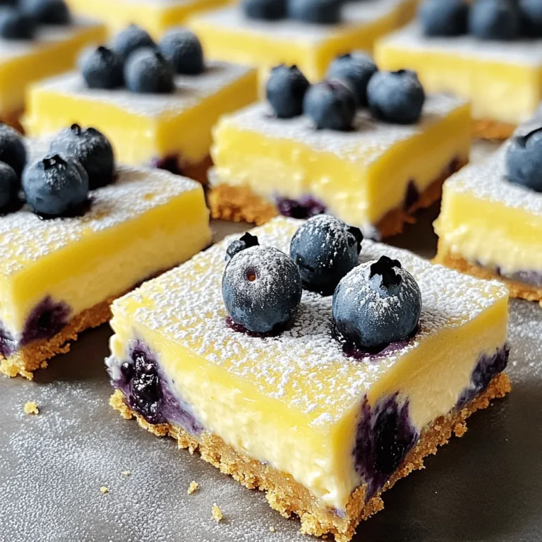 - 1 ½ cups graham cracker crumbs - ½ cup unsalted butter, melted - 2 tablespoons granulated sugar - 16 oz cream cheese, softened to room temperature - 1 cup granulated sugar - 3 large eggs, at room temperature - 1 teaspoon pure vanilla extract - 2 tablespoons fresh lemon zest - ½ cup freshly squeezed lemon juice - 1 cup fresh blueberries - Powdered sugar for dusting (optional) The key to great Lemon Blueberry Cheesecake Bars lies in using fresh, high-quality ingredients. The combination of cream cheese and lemon creates a creamy texture with a bright flavor. The blueberries add bursts of sweetness and color. - If you need a gluten-free option, try almond flour or gluten-free cookies for the crust. - For a vegan version, you can use plant-based cream cheese. Look for brands that offer a similar taste. - If you want to cut sugar, use coconut sugar or a sugar substitute like stevia. These substitutions help you customize the recipe to fit your needs while keeping it delicious. For the full recipe, check the detailed instructions above. 1. First, preheat your oven to 350°F (175°C). This step is key for even baking. 2. Next, prepare an 8x8 inch baking pan. Line it with parchment paper. Let the paper hang over the sides. This helps when lifting the bars out later. 3. In a medium mixing bowl, combine 1 ½ cups of graham cracker crumbs, ½ cup melted unsalted butter, and 2 tablespoons of granulated sugar. Mix until it looks like damp sand. 4. Press this mixture firmly into the bottom of the pan. This forms your crust. Bake it for 8-10 minutes until it turns lightly golden. Remove it from the oven and let it cool slightly. 1. In a large bowl, use an electric mixer to beat 16 oz of softened cream cheese with 1 cup of granulated sugar. Mix until it is smooth and creamy. This should take about 2-3 minutes. 2. Add 3 large eggs, one at a time. Mix on low speed after each egg. Avoid overmixing to keep air bubbles out. 3. Now, stir in 1 teaspoon of vanilla extract, 2 tablespoons of fresh lemon zest, and ½ cup of freshly squeezed lemon juice. Make sure everything blends well. 4. Gently fold in 1 cup of fresh blueberries with a spatula. Be careful not to crush them; you want them whole in the bars. 1. Pour the cheesecake mixture over the cooled crust in the pan. Spread it evenly using a spatula. 2. Bake the mixture in the preheated oven for 25-30 minutes. The center should look set but still jiggle slightly. It will firm up more as it cools. 3. Once baked, take the pan out and let it cool to room temperature. After it cools, refrigerate for at least 4 hours. For best results, leave it overnight. 4. When you’re ready to serve, lift the cheesecake out of the pan using the parchment paper. Cut into squares and enjoy! You can dust the tops with powdered sugar for a nice touch. For the full recipe and more details, check out the [Full Recipe]. Avoiding cracks in the cheesecake To prevent cracks, do not overmix the batter. Overmixing adds air, which can create bubbles. Also, use room temperature ingredients. Cold cream cheese can make lumps. Bake the bars at a lower temperature for a longer time. A water bath can help keep the heat even. Achieving the perfect texture For a creamy texture, blend the cream cheese until smooth. Mix in the eggs one at a time. This keeps the batter light and fluffy. Do not rush this step. After baking, let the bars cool slowly to room temp. Chill them in the fridge for at least four hours. Creative ways to present the bars Cut the bars into squares and place them on a nice plate. You can garnish with fresh blueberries and lemon slices for color. A drizzle of lemon glaze adds shine and flavor. Serve them with a dollop of whipped cream for extra flair. Complementary toppings and sides Top each bar with a sprinkle of powdered sugar for sweetness. A scoop of vanilla ice cream pairs well, too. You can also serve with a side of lemon curd for a zesty punch. Fresh mint leaves add a pop of color and freshness. Fixing undercooked bars If the bars are too soft, return them to the oven. Bake for an additional 5-10 minutes. The center should have a slight jiggle but not be runny. Make sure to let them cool before checking the texture. Preventing overbaking Keep an eye on your bars as they bake. If the edges start to brown too much, cover them with foil. Use a toothpick to check doneness. It should come out mostly clean but with a bit of moist filling clinging to it. {{image_4}} You can mix up the flavors in your cheesecake bars easily. Swap blueberries for other berries like raspberries or strawberries. You can even use a mix of berries for a fun twist. If you love chocolate, add some chocolate chips. This makes the bars sweeter and richer. If you need gluten-free options, use gluten-free graham crackers for the crust. They work just as well and taste great. For those on a dairy-free diet, try using vegan cream cheese. It gives you a similar creamy texture without the dairy. Change the fruits based on what’s in season. In summer, use fresh peaches or cherries for a juicy taste. In the fall, think about adding pumpkin or apple flavors. You can also dress up the bars for holidays. Try adding whipped cream or holiday-themed sprinkles for fun. These variations let you enjoy lemon blueberry cheesecake bars in new ways. Don't forget to check out the Full Recipe for more details! To store leftover Lemon Blueberry Cheesecake Bars, place them in an airtight container. This keeps them fresh and tasty. You can also cover them with plastic wrap. Store them in the fridge for up to five days. For the best flavor, eat them within the first two days. You can freeze these cheesecake bars for longer storage. First, cut them into squares. Wrap each square in plastic wrap, then place them in a freezer-safe bag. They will last about three months in the freezer. When you're ready to enjoy them, take out the bars and place them in the fridge overnight to thaw. You can also let them sit at room temperature for about 30 minutes before serving. If you plan to serve these bars at a gathering, make them a day ahead. This allows the flavors to blend nicely. To keep the bars fresh, store them in the fridge until you're ready to serve. For a beautiful touch, dust the tops with powdered sugar just before serving. This keeps the bars looking fresh and inviting even a day later. For the full recipe, check out the Lemon Blueberry Cheesecake Bars section. Lemon Blueberry Cheesecake Bars are a creamy and tangy dessert. They combine smooth cheesecake with fresh blueberries and zesty lemon. The base is a crispy graham cracker crust that adds crunch. These bars are easy to slice and serve, making them perfect for gatherings. You can enjoy them chilled, which enhances the flavors. Each bite is a delightful mix of sweet and tart. Yes, you can make these bars ahead of time. They taste even better when chilled overnight. Prepare the bars and let them cool to room temperature. Place them in the fridge for at least four hours. If you want to make them days in advance, store them in an airtight container. Just remember to cut them into squares before serving. This way, you save time on the day of your event. You can tell when cheesecake bars are done by looking for a few signs. The edges should be set, while the center may jiggle slightly. This jiggle means they will firm up as they cool. Another sign is a light golden color around the edges. If you see cracks forming, they may be overbaked. Keep an eye on them during the last few minutes of baking. Yes, there are several substitutes for eggs in this recipe. You can use unsweetened applesauce; a quarter cup replaces one egg. Another option is silken tofu, blended until smooth. Use about one quarter cup for each egg needed. You can also try using flaxseed meal mixed with water. One tablespoon of flaxseed meal mixed with three tablespoons of water equals one egg. These alternatives keep your cheesecake rich and creamy. In this blog post, we covered how to create delicious lemon blueberry cheesecake bars. We started with the ingredients, explored substitutions, and shared step-by-step instructions. Tips for serving, variations, and storage were also discussed. These tips help ensure your cheesecake turns out perfectly every time. Remember, baking is fun, and experimenting with flavors leads to great treats. Enjoy your baking journey and share your creations with friends and family!