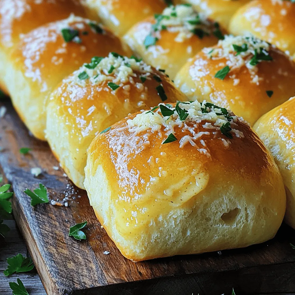 - 2 cups all-purpose flour - 1 cup warm milk (about 110°F/43°C) - 2 tablespoons granulated sugar - 2 teaspoons instant yeast - 1 teaspoon kosher salt - 1/4 cup unsalted butter, melted, plus extra for brushing - 4 cloves garlic, finely minced - 1/2 cup freshly grated Parmesan cheese - 1 tablespoon fresh parsley, finely chopped (optional, for garnish) The choice of ingredients is key to making these rolls fluffy and flavorful. I use all-purpose flour because it gives the rolls the perfect texture. Warm milk helps activate the yeast. It creates a nice, soft dough. Granulated sugar feeds the yeast, helping it to rise. Instant yeast is a great time-saver. You don’t need to activate it in water first. Kosher salt adds flavor and helps control the yeast’s activity. For a rich taste, I add melted unsalted butter. It makes the rolls tender and moist. The garlic brings an amazing aroma. I use fresh garlic for the best flavor. Finally, the Parmesan cheese adds a savory kick. It creates a lovely crust on top. Optionally, I sprinkle fresh parsley for some color and freshness. You can find the complete recipe in the Full Recipe section. This list gives you everything you need to create these delightful Garlic Parmesan Dinner Rolls. To start, you need to activate the yeast. In a mixing bowl, pour in the warm milk. It should feel warm to your touch, around 110°F. Sprinkle the sugar and the instant yeast on top. Let it sit for about 5 minutes. You’ll see bubbles form, which means the yeast is ready to work. Next, add the melted butter and kosher salt into the bowl. Stir until everything combines well. Now it's time to add the flour. Gradually mix it in using a wooden spoon. Keep stirring until a sticky dough forms. Once the dough comes together, transfer it to a lightly floured surface. Knead it for about 5-7 minutes. You want the dough to be smooth and slightly tacky. Shape the kneaded dough into a ball. Place it in a greased bowl, turning it to coat with oil. Cover the bowl with a damp cloth or plastic wrap. Set it in a warm spot. Let it rise for about 1 hour. The dough should double in size during this time. After the dough has risen, gently punch it down to release air. Turn it out onto a floured surface once more. Divide the dough into 12 equal pieces. Roll each piece into a smooth ball by cupping it in your palms. Arrange the dough balls on a greased baking tray. Space them about 1 inch apart. Cover them lightly with a cloth. Let them rise again for about 30 minutes to puff up nicely. Now, preheat your oven to 375°F. While it heats, mix the finely minced garlic with the remaining melted butter. Brush this flavorful garlic butter over the rolls just before baking. Sprinkle the freshly grated Parmesan cheese generously on top of each roll. Bake them for 15-20 minutes. They should be golden brown and sound hollow when tapped on the bottom. As soon as they come out, brush any remaining garlic butter on top. If you like, sprinkle with fresh parsley for extra flavor and color. Enjoy your warm, fluffy Garlic Parmesan Dinner Rolls! For the complete recipe, check the Full Recipe. To make perfect Garlic Parmesan Dinner Rolls, start with kneading. Knead the dough for about 5-7 minutes. Use your palms to push the dough down and fold it over. This helps develop gluten, giving you a great texture. The dough should feel smooth and a bit tacky, not sticky. If it sticks to your hands too much, dust it lightly with flour. For soft and fluffy rolls, let the dough rise in a warm spot. Cover it well to keep it moist. I love to use a damp cloth or plastic wrap. This traps heat and helps the dough rise faster. After the first rise, punch the dough down gently. This releases air and makes the rolls light. When it’s time to serve, presentation matters. Serve the warm rolls in a rustic basket lined with a clean cloth. This keeps them warm and adds a nice touch. You can also offer extra melted butter on the side for dipping. As for pairing, these rolls go great with soups, salads, or pasta dishes. They also work well with dips like marinara or garlic butter. The flavors of garlic and Parmesan complement many meals, making them a perfect side. {{image_4}} You can easily change the taste of your Garlic Parmesan Dinner Rolls. Adding fresh herbs is a great way to enhance flavor. Try rosemary or thyme for a lovely twist. These herbs add a fresh element that pairs well with garlic. You can mix in a teaspoon or two into the dough. If you want to get creative with cheese, consider adding mozzarella or cheddar. Each cheese offers a different taste and texture. For a stronger flavor, use aged gouda or a sharp cheddar. The choice is yours, and it can completely change your rolls! If you want to make these rolls vegan, it’s simple. You can replace the butter with vegan butter or coconut oil. Use almond or soy milk instead of regular milk. These swaps keep the rolls tasty and fluffy. For those needing gluten-free options, use a gluten-free flour blend. Look for one that includes xanthan gum for the best texture. You may need to adjust the liquid slightly, so keep an eye on your dough. It should still feel soft and slightly sticky. These adjustments ensure everyone can enjoy these delicious rolls! To keep your Garlic Parmesan Dinner Rolls fresh, store them in an airtight container. This helps to trap moisture and keeps them soft. If you have leftover rolls, let them cool first. Place them in the container once they are at room temperature. Seal the container tightly to avoid any air exposure. You can keep them at room temperature for up to three days. For long-term storage, freezing is your best bet. To freeze, place the rolls in a single layer on a baking sheet. Freeze them for about an hour until firm. Then transfer the rolls to a freezer bag or airtight container. This way, they won't stick together. You can freeze them for up to three months. When you want to enjoy the rolls again, here’s how to reheat them for the best taste: - Thawing: Remove the rolls from the freezer and let them sit at room temperature for about an hour. - Reheating: Preheat your oven to 350°F (175°C). Place the rolls on a baking sheet and heat for about 10-15 minutes. This will make them warm and fluffy again. If you want, brush them with melted butter and sprinkle more Parmesan cheese before reheating for extra flavor. To make Garlic Parmesan Dinner Rolls from scratch, start with warm milk and sugar. Add instant yeast and let it foam for 5 minutes. Then, stir in melted butter and salt. Gradually mix in the flour to form a sticky dough. Knead it for 5-7 minutes until smooth. Let it rise until doubled in size. After that, shape the dough into balls, let them rise again, and bake. The Full Recipe will guide you through every step. Yes, you can use fresh garlic. If you use fresh cloves, chop them finely for best results. Fresh garlic has a stronger taste, so adjust the amount based on your preference. You can also roast the garlic first for a milder flavor. Both options will work well in your rolls. These rolls pair wonderfully with many dishes. Try serving them with pasta, soups, or salads. They also work great alongside grilled meats or as a side to your favorite dip. Consider a garlic butter sauce or marinara for dipping. These rolls can elevate any meal. To reheat leftover rolls, use your oven for the best texture. Preheat it to 350°F (175°C). Place the rolls on a baking sheet and cover them with foil. Heat for about 10-15 minutes. You can also use a microwave, but they may become soft. For a quick fix, wrap a roll in a damp paper towel and heat it for 15 seconds. Enjoy them warm and fluffy! In this blog post, we covered how to make delicious Garlic Parmesan Dinner Rolls. You learned about the key ingredients and each step, from mixing the dough to baking. We shared tips for perfect rolls and ideas for special flavors. You can also find storage advice for keeping the rolls fresh. Now, you can impress friends and family with these tasty rolls. Enjoy them warm, paired with your favorite meals. Happy baking!