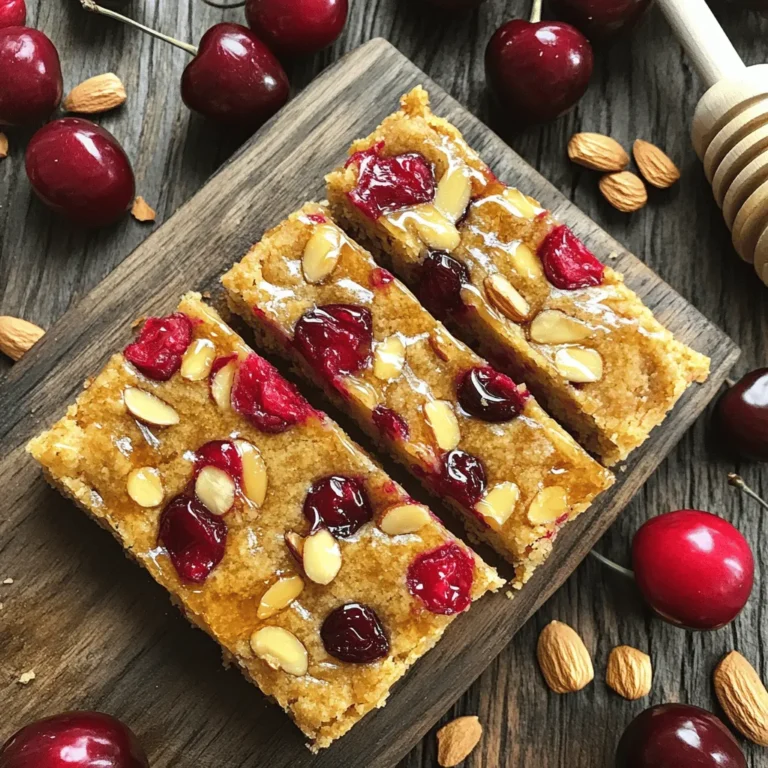 - 1 cup rolled oats - ½ cup almond flour - ½ cup pitted chopped cherries (fresh or dried) - ¼ cup honey or maple syrup - ½ cup almond butter (smooth or crunchy) - ¼ cup sliced almonds - 1 teaspoon vanilla extract - 1 teaspoon baking powder - ½ teaspoon ground cinnamon - ¼ teaspoon salt You can switch up the sweetener. Try agave or dates if you want. Different nut butters work too. Peanut or cashew butter can be great options. You can also mix in other fruits. Blueberries or cranberries add a nice twist. These changes let you customize the bars to your taste. With these simple swaps, you can make the bars just how you like. Each choice brings a new flavor and texture. This flexibility makes the recipe fun and creative. If you want to dive deeper into the full recipe, check the details provided. 1. Preheat your oven to 350°F (175°C). 2. Prepare an 8x8 inch baking dish by lining it with parchment paper. Leave some overhang. This helps lift the bars out later. 3. In a large mixing bowl, combine: - 1 cup rolled oats - ½ cup almond flour - 1 teaspoon baking powder - ½ teaspoon ground cinnamon - ¼ teaspoon salt 4. Stir well to mix all the dry ingredients. 1. In another bowl, whisk together: - ½ cup almond butter - ¼ cup honey (or maple syrup) - 1 teaspoon vanilla extract 2. Mix until smooth and creamy. 1. Pour the wet mixture into the bowl with the dry ingredients. 2. Stir until fully combined. The batter should be thick but manageable. 3. Gently fold in: - ½ cup pitted chopped cherries - ¼ cup sliced almonds 4. Make sure the fruits and nuts spread evenly throughout the batter. 1. Transfer the mixture to your prepared baking dish. 2. Press it down evenly using a spatula or your hands. 3. Bake for 20-25 minutes. Look for the edges to turn golden brown. 4. A toothpick inserted in the center should come out clean. 5. Once baked, let it cool in the pan for 10 minutes. 6. Use the parchment paper overhang to lift the bars out. Transfer to a wire rack to cool completely. 7. Once cooled, cut into bars of your desired size. For the full recipe, check the earlier section for details on ingredients and steps! To get the best texture, let your bars cool completely. This step is key. If you cut them too soon, they might fall apart. I recommend leaving them in the pan for about 10 minutes. Then, lift them out using the parchment paper and place them on a wire rack. For even baking, spread the batter evenly in the pan. Use a spatula to press it down firmly. This helps the bars bake uniformly. Check them at the 20-minute mark. If the edges are golden, they are likely done. These bars are great for a quick breakfast. They are also perfect as a snack. You can enjoy them on their own or with yogurt. Try adding some fresh fruit on the side for more flavor. Pairing with a glass of milk or a cup of coffee can also enhance your morning. The sweet cherry and nutty almond flavors go well with many drinks. For a decorative touch, stack the bars on a wooden board. Scatter some fresh cherries and sliced almonds around them. This makes for a beautiful display. When storing the bars, use an airtight container. This keeps them fresh and tasty. You can also wrap them in parchment paper for a neat look. {{image_4}} You can easily switch up the flavors in your bars. Here are two fun ideas: - Chocolate Cherry Almond Bars: Add ½ cup of dark chocolate chips to the batter. The rich chocolate pairs well with the cherries and almonds. You get a sweet treat with a kick of flavor. - Spiced Almond Breakfast Bars: Add ½ teaspoon of nutmeg and a pinch of ginger. This gives a warm, cozy taste. It’s perfect for chilly mornings. Many people look for healthier options. Here are a couple to consider: - Gluten-free options: Use gluten-free oats and almond flour. This keeps the bars safe for those with gluten sensitivities. Enjoy them without worry! - Vegan alternatives: Replace honey with agave or maple syrup. Use a nut-free butter like sunflower seed butter. This makes the bars plant-based and suitable for everyone. Adjusting the size of your bars is simple. Here’s how you can do it: - Adjusting serving sizes: Cut your bars smaller for snacks or larger for a meal. You can make them fit your hunger level. - Doubling the recipe for gatherings: If you have friends over, double the ingredients. Use a larger baking dish, like a 9x13 inch. This way, everyone gets a taste of your delicious Cherry Almond Breakfast Bars! For the full recipe, check out the details above! To keep your Cherry Almond Breakfast Bars fresh, it's best to use an airtight container. If you plan to eat them within a week, you can store them on your kitchen counter. Just make sure they are cool before sealing. If you want to save them for later, the fridge works well too. Just pop them in a container and store. For longer storage, freezing is a great choice. Wrap each bar in plastic wrap, then place them in a freezer bag. They can stay fresh in the freezer for up to three months. When stored at room temperature, these bars last about five to seven days. If you keep them in the fridge, they can last up to two weeks. You’ll know the bars have gone bad if they smell off or develop mold. If they feel too hard or crumbly, it’s best to toss them. Always check for any signs before enjoying your treat. Yes, you can make these bars ahead of time. They store well and taste great later. Bake them and let them cool completely. Then, slice and place them in an airtight container. You can keep them at room temperature for about a week. For longer storage, put them in the fridge or freezer. If you don't have almond flour, you can use other flours. Here are some easy options: - Coconut flour - Oat flour - Whole wheat flour These flours will change the taste and texture, but they still work. Yes, frozen cherries work well in this recipe. Just thaw and drain them before adding. This helps avoid extra moisture in the bars. They will still taste delicious and add that fruity flavor you love. You can add ingredients for more nutrition. Try these options: - Chia seeds - Flaxseeds - Protein powder These additions boost fiber and protein. They make the bars a better choice for a healthy breakfast. Absolutely! These breakfast bars are perfect for meal prep. You can bake a batch on the weekend and enjoy them all week. They are easy to grab and go for busy mornings. You can find pre-made bars at many grocery stores. Look in the snack or health food section. Brands may vary, so check the ingredients for quality. However, making your own is fun and tasty! You have control over the ingredients. For the full recipe, check out the earlier sections. These Cherry Almond Breakfast Bars are easy to make and customize. You learned about the ingredients and preparation steps, plus tips for storage and serving. You can even switch up flavors or adjust the recipes to fit your needs. I hope you feel inspired to create these tasty bars. They are perfect for breakfast or snacks. Enjoy your time in the kitchen, and make these bars your own!