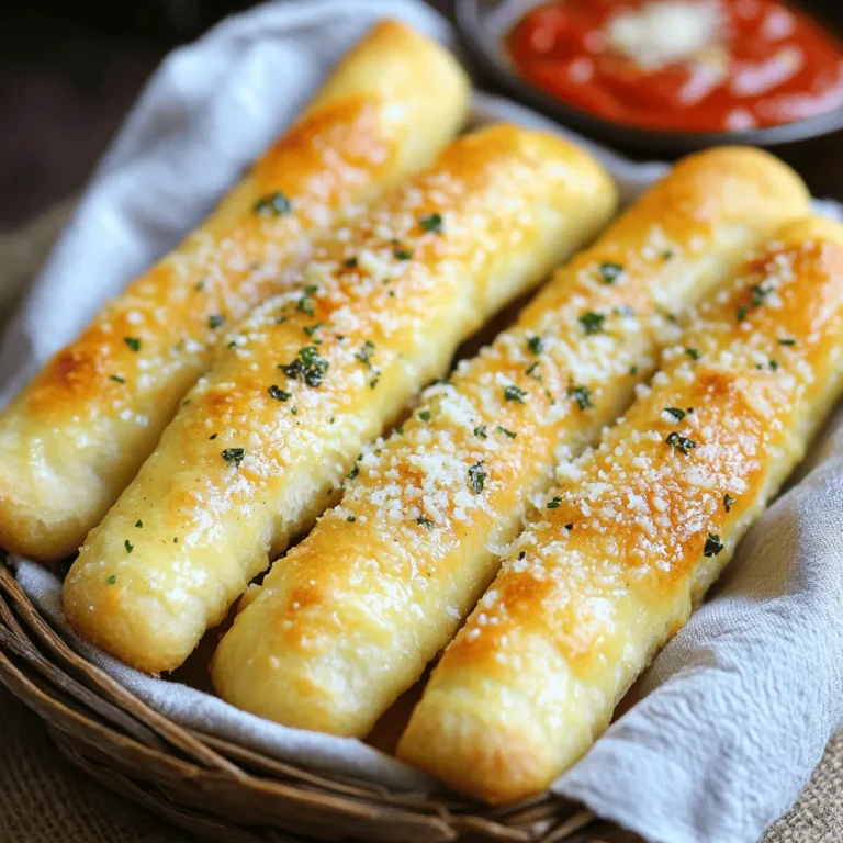 - 1 can refrigerated pizza dough - 4 tablespoons unsalted butter, melted - 4 cloves garlic, finely minced - 1 teaspoon dried oregano - 1 teaspoon dried parsley - 1/2 teaspoon sea salt - 1/4 teaspoon freshly cracked black pepper - Optional toppings: Grated Parmesan cheese To make these breadsticks, you need simple ingredients. The key is the pizza dough. It makes the process quick and easy. The butter and garlic blend perfectly to give a rich flavor. Oregano and parsley add freshness. Sea salt and black pepper enhance all the tastes. - Baking sheet - Parchment paper - Mixing bowl - Knife or pizza cutter - Measuring spoons You will need a few basic kitchen tools. A baking sheet and parchment paper help with easy cleanup. A mixing bowl mixes your garlic butter. A knife or pizza cutter cuts the dough into strips. Measuring spoons ensure you use the right amounts. Using the right ingredients and tools will make your garlic breadsticks tasty and fun to make. You can find the full recipe in the earlier section. Start by preheating your oven to 400°F (200°C). This ensures the oven is hot when you bake. Next, take your can of refrigerated pizza dough. On a clean, lightly floured surface, roll out the dough into a rectangle. Aim for a thickness of about 1/2 inch. A uniform thickness helps the breadsticks bake evenly. Now it’s time to cut the dough into strips. Use a sharp knife or pizza cutter for best results. Cut the dough into strips that are around 1-inch wide. This size is perfect for dipping. Make sure your cuts are even, as this will give you uniform breadsticks. In a small bowl, mix the melted butter with minced garlic, dried oregano, dried parsley, sea salt, and black pepper. Stir well until all the ingredients blend together. This garlic butter mixture adds tons of flavor. Make sure you coat each strip of dough evenly for the best taste. Line a baking sheet with parchment paper. Arrange the breadstick strips on the sheet, leaving about an inch of space between each one. This space allows them to bake evenly. Place the baking sheet in your preheated oven. Bake for 12-15 minutes, until the breadsticks turn golden brown. Keep an eye on them to avoid overbaking. When done, let them cool for a few minutes before serving. Enjoy your garlic breadsticks! For the complete recipe, check the Full Recipe section. To get that perfect breadstick texture, start with a hot oven. A preheated oven at 400°F (200°C) helps brown the breadsticks well. Place your baking sheet in the middle of the oven for even heat. Check them often as they bake. You want them golden brown, not burnt. Keep an eye on them during the last few minutes. If they look golden, they are ready. Overbaking can make them hard. So, watch closely! Adding herbs can boost the flavor of your breadsticks. Try mixing in fresh basil or thyme for a twist. If you like a spicy kick, add red pepper flakes to the garlic butter. You can also try mixing in some Italian seasoning or rosemary. Experimenting lets you find your favorite flavor. Use what you enjoy most! For a fun and creative way to serve your breadsticks, stand them upright in a tall glass. It looks nice and keeps them warm. You can also place them in a basket lined with a cloth. This adds a rustic touch. Pair your breadsticks with marinara sauce or garlic-infused olive oil for dipping. It makes each bite even better. Enjoy the flavors! {{image_4}} For a cheesy twist, you can stuff your breadsticks. First, roll out the pizza dough. Cut it into strips, about 1-inch wide. Place a small piece of cheese in the middle of each strip. Then, fold the dough over the cheese and pinch it to seal. Great cheese options include: - Mozzarella - Cheddar - Cream cheese These cheeses melt well and add a rich flavor. You can make garlic breadsticks even better by using fresh herbs. Try adding chopped basil or thyme to the garlic butter mix. This adds a bright flavor. You can also mix in a little lemon zest. It brightens up the taste even more. Combining flavors is easy. Use sun-dried tomatoes or olives in the dough. These give a unique twist to your breadsticks. If you want a vegan version, swap out the butter. You can use olive oil or vegan butter. Both give great flavor without dairy. Also, check your pizza dough. Some brands have dairy, so look for vegan options. Adjust your garlic butter mix to include your chosen fat. Enjoy the same delicious taste without any animal products. For the full recipe, check out the [Full Recipe]. To keep your leftover breadsticks fresh, follow these tips: - Refrigeration: Place the breadsticks in an airtight container. This helps keep them soft and tasty. They will last for up to three days in the fridge. - Freezing: For longer storage, freeze the breadsticks. Wrap them tightly in plastic wrap and then in foil. This prevents freezer burn. They can be frozen for up to three months. When you want to enjoy your breadsticks again, reheating is key. Here are two popular methods: - Oven Method: Preheat your oven to 350°F (175°C). Place the breadsticks on a baking sheet. Heat them for about 10 minutes. This will make them warm and crisp. - Microwave Method: If you need a quick fix, use the microwave. Place the breadsticks on a microwave-safe plate. Cover them with a damp paper towel. Heat for about 20-30 seconds. This keeps them soft but may not give the same crispness as the oven. Yes, you can use homemade pizza dough for these breadsticks. Just make sure your dough is soft and easy to roll out. If you choose to use a thicker dough, you may need to bake it a bit longer. Roll the dough to about 1/2 inch thick. This thickness helps the breadsticks cook evenly. Remember to season your garlic butter mixture well, as homemade dough can absorb flavors differently. To make gluten-free garlic breadsticks, use a gluten-free pizza dough mix. Many brands offer ready-made options. You can also make it from scratch with gluten-free flour. Make sure to follow the instructions on the package for best results. Add the same garlic butter mixture for great flavor. This way, everyone can enjoy tasty garlic breadsticks! Garlic breadsticks are great with many meals. They go well with pasta dishes, like spaghetti or fettuccine alfredo. You can also serve them with soups, like minestrone or tomato basil. For drinks, pair them with a light salad or a refreshing sparkling water. You can even enjoy them with a glass of red wine if you prefer. The flavors of garlic and herbs complement many dishes, making them a versatile side! You now know how to make easy garlic breadsticks from simple ingredients. With just a few steps, you can prepare delicious breadsticks that add flavor to any meal. Remember to experiment with toppings and herbs to create your own unique twist. Store any leftovers properly, or even freeze them for later. Enjoy baking these treats and sharing them with others. Your homemade garlic breadsticks will surely impress everyone!