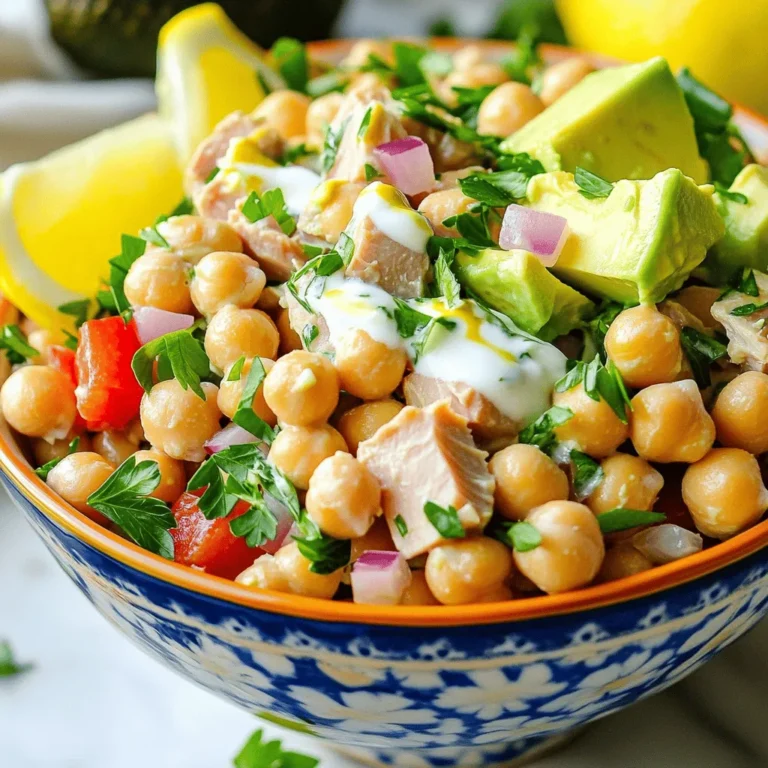 - 1 can (15 oz) chickpeas, drained and rinsed - 1 can (5 oz) tuna in water, drained - 1/4 cup Greek yogurt or vegan mayonnaise (optional) - 1 tablespoon Dijon mustard - 1/2 red bell pepper, finely chopped - 1/4 red onion, finely chopped - 1/4 cup fresh parsley, chopped - 1 tablespoon fresh lemon juice - Seasoning: Salt and pepper to taste - Optional: 1 ripe avocado, diced To make this salad, gather all the ingredients listed above. The chickpeas and tuna serve as the base. Chickpeas give a nice texture, while tuna adds protein. The Greek yogurt or vegan mayo brings creaminess. Dijon mustard gives it a tangy kick. Chop the red bell pepper and red onion finely for a nice crunch. Fresh parsley adds color and flavor. A squeeze of lemon juice brightens up the dish. You can also add diced avocado for extra creaminess. This Easy Chickpea Tuna Salad is perfect for lunch or a light dinner. You can follow the [Full Recipe] for step-by-step guidance. - Lightly mash the chickpeas in a large mixing bowl. - Combine the drained tuna with the chickpeas. - Whisk together Greek yogurt, Dijon mustard, and lemon juice in a small bowl. - Pour the yogurt mixture over the chickpeas and tuna. - Fold in the chopped red bell pepper, red onion, parsley, and optional avocado. - Season with salt and pepper to taste. - Serve immediately or chill before serving. This Easy Chickpea Tuna Salad is simple and quick. You can find the Full Recipe for more details. Enjoy it as a meal or snack! - Use freshly squeezed lemon juice for a brighter flavor. This adds freshness. - Adjust seasoning to taste. Start with a little and add more if needed. - Pair the salad with whole grain crackers. This adds crunch and fullness. - Serve as a filling for lettuce wraps. It makes a great low-carb meal. - Garnish with extra parsley and lemon wedges. This makes your dish look bright and inviting. - Use a colorful bowl to showcase the vibrant ingredients. This enhances the overall experience. For the full recipe, check the detailed steps to create this delicious dish! {{image_4}} You can easily change up the recipe to suit your taste. If you want a plant-based option, swap Greek yogurt for vegan mayonnaise. This keeps the salad creamy and tasty. You can also switch the chickpeas for different beans. Black beans or white beans both work well. These swaps give you a fun twist on the classic recipe. Want to add some crunch? Diced celery is a great choice. It brings a nice texture to the salad. If you like salty flavors, try adding olives. They give a briny kick that pairs well with the other ingredients. Feel free to get creative with your flavor choices! If you need to make it gluten-free, check the ingredients you use. Most of the items in the salad should be gluten-free. Just make sure that any sauces or extras are also gluten-free. This way, you can enjoy the salad without worry. For the Full Recipe, check out the complete guide for making this delicious dish! Store your chickpea tuna salad in an airtight container. This keeps it fresh. Make sure the lid is on tight. For the best taste, eat it within 3-4 days. After this time, it may lose flavor. This salad is best served cold or at room temperature. Avoid reheating to keep the texture and taste just right. Enjoy it straight from the fridge for a quick meal! Yes, you can make it a few hours in advance. This gives the flavors time to meld together. I often make this salad in the morning for lunch later. It’s easy and saves time! Absolutely! This salad holds up well for meal prep. You can store it in the fridge for a few days. It remains tasty and fresh, making it a great option for busy weeks. This salad is high in protein, fiber, and healthy fats. Chickpeas provide protein and fiber, while tuna adds more protein. Greek yogurt gives creaminess and healthy fats. Overall, it's a nutritious choice for any meal. In this article, we explored how to make a tasty and simple Chickpea Tuna Salad. You learned the key ingredients and followed easy steps to prepare it. We discussed tips for adding flavor and how to store any leftovers. Finally, the salad’s health benefits make it a smart choice for meals. This salad is quick, nutritious, and great for any occasion. Enjoy making it in your own kitchen!
