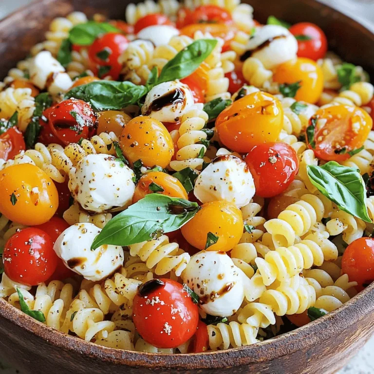 - 8 ounces pasta (fusilli or penne recommended) - 1 cup cherry tomatoes, halved - 1 cup fresh mozzarella balls (bocconcini), halved - 1 cup fresh basil leaves, roughly torn - 2 tablespoons extra-virgin olive oil - 1 tablespoon balsamic glaze - 1 teaspoon Italian seasoning - Salt and pepper to taste Choosing the right pasta I recommend using fusilli or penne for this dish. These shapes hold the dressing well. They also grab the bits of cheese and tomato nicely. Selecting fresh mozzarella Always look for fresh mozzarella balls, called bocconcini. They are soft and creamy. The flavor is rich and pairs well with the other ingredients. Check your store’s cheese section for the freshest ones. Importance of fresh basil Fresh basil adds a bright taste to your salad. Use whole leaves, roughly torn, for the best flavor. Dried basil won't give the same result. Fresh basil makes this dish pop! For the complete recipe, check out the Full Recipe. To start, you need to bring a large pot of salted water to a rolling boil. This means the water should bubble up vigorously. Once boiling, add the pasta. I recommend using fusilli or penne for the best texture. Cook the pasta according to the package instructions, usually around 8-10 minutes, for that perfect al dente bite. Al dente means the pasta is firm to the bite, not mushy. After the time is up, drain the pasta in a colander. Rinse it under cold water to stop the cooking process. Set the pasta aside to cool completely. Now it's time to prepare the salad. In a large mixing bowl, combine the cooled pasta, halved cherry tomatoes, and halved mozzarella balls. You can also add roughly torn basil leaves into the mix. The fresh basil adds a lovely aroma. Be gentle while mixing. Use a spatula or a large spoon. This helps keep the ingredients intact. You want everything to blend nicely without squishing the tomatoes or mozzarella. Next, let's dress the salad. Drizzle the extra-virgin olive oil and balsamic glaze over the pasta mixture. These two ingredients bring a rich flavor. Sprinkle in the Italian seasoning, and season with salt and pepper to taste. Toss everything together gently. Aim for an even coating of the dressing. For the best flavor, let the salad sit at room temperature for about 15 minutes. This marination time allows the flavors to meld beautifully. When ready to serve, transfer the salad to a nice serving bowl. You can also portion it into individual cups for a fun presentation. Enjoy your fresh and flavorful Caprese Pasta Salad! To boost flavor, adjust the Italian seasoning. Add more or less based on your taste. For a kick, try adding red pepper flakes. Marinate the salad for at least 15 minutes. This lets the flavors mix well. A longer marination time can deepen the taste. Serve Caprese pasta salad in a clear bowl. This shows off the bright colors. For a fun twist, use individual cups. Top each serving with a fresh basil leaf. This adds a splash of green. You can also drizzle extra balsamic glaze for a fancy look. Use a large mixing bowl for easy stirring. A spatula works best for mixing without breaking the pasta. A colander is essential for draining the pasta. Invest in a good set of measuring spoons for accurate seasoning. These tools help make cooking easier and more fun. {{image_4}} You can make your Caprese Pasta Salad heartier by adding protein. Here are some tasty options: - Grilled chicken: Slice it thin and mix it in for great flavor. - Shrimp: Cooked shrimp adds a nice touch. Just toss it in! - Chickpeas: For a vegetarian option, add canned chickpeas for protein and texture. Adding protein not only boosts nutrition but also keeps you full for longer. Don’t hesitate to mix in more vegetables. They add crunch and flavor. Here are some suggestions: - Bell peppers: Diced bell peppers bring color and sweetness. - Cucumbers: Thinly sliced cucumbers add a refreshing crunch. - Olives: Sliced olives can give a briny taste that complements the salad. Adding extra vegetables makes the salad even more colorful and nutritious. You can easily adapt Caprese Pasta Salad to fit different diets. Here’s how: - Vegan: Swap fresh mozzarella for vegan cheese or avocado. - Gluten-free: Use gluten-free pasta to enjoy without worry. These modifications help everyone enjoy this fresh and flavorful dish. To store leftover Caprese Pasta Salad, use an airtight container. Glass containers work well, keeping the salad fresh. Make sure to press out any air before sealing. Store the container in the refrigerator. This keeps the flavors bright and tasty. Leftover Caprese Pasta Salad lasts about 3 days in the fridge. After that, it may begin to spoil. Check for changes in color or texture. If it smells off or looks slimy, it's time to toss it. You can enjoy leftover Caprese Pasta Salad cold. It's refreshing right from the fridge. If you prefer it warm, heat it gently in a skillet. Add a splash of olive oil to revive the flavors. Avoid cooking it too long, as this can wilt the fresh basil. Enjoy your meal! Yes, you can make Caprese Pasta Salad ahead of time. This dish tastes even better after sitting. Here are some tips for meal prep: - Prepare the pasta and let it cool. - Mix the salad ingredients, but wait to add the dressing. - Store it in the fridge in an airtight container. - Add the dressing just before serving to keep it fresh. The best pasta types for this salad are fusilli or penne. These shapes hold the dressing and ingredients well. Here are some recommendations: - Fusilli has twists that catch flavors. - Penne has holes that hold the dressing, too. - You can also try farfalle for a fun look. You can serve this dish warm, but it shines when cold. If you prefer it warm, follow these serving suggestions: - Serve right after mixing if you enjoy warmth. - Mix in grilled chicken or shrimp for a heartier meal. - If you serve it warm, try to use fresh basil to keep the flavors bright. Customizing the dressing is simple and fun. Here are some ingredient swaps for your personal taste: - Use lemon juice instead of balsamic glaze for a zesty kick. - Add garlic for a bolder flavor. - Swap olive oil for avocado oil for a different taste. - Feel free to adjust salt and pepper to your liking. For the Full Recipe, refer back to the beginning of this article. Enjoy making your Caprese Pasta Salad! This blog post covered the tasty Caprese Pasta Salad, from ingredients to variations. I shared tips for picking fresh items and making cooking easy. Remember to marinate for best flavor and try different ingredients to suit your taste. You can enjoy this salad warm or cold, making it versatile for any meal. Lastly, storing and reheating leftovers can keep your dish fresh and delicious. Enjoy your cooking journey and create your own perfect Caprese Pasta Salad!