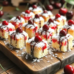 Creating Cherry Coconut Cake Bites is simple and fun. Here’s what you need: - 1 cup all-purpose flour - 1/2 cup unsweetened shredded coconut - 1/2 cup cherry preserves - 1/2 cup granulated sugar - 1/4 cup unsalted butter, softened at room temperature - 1/2 cup milk (whole or almond milk for a twist) - 1 large egg - 1 teaspoon baking powder - 1/2 teaspoon pure vanilla extract - A pinch of salt - Additional shredded coconut for coating - Dark chocolate, melted (for drizzling, optional) The measurements in this recipe are key for great flavor and texture. If you don’t have whole milk, almond milk works well too. You can also swap the granulated sugar with coconut sugar for a different taste. For a gluten-free option, use a gluten-free flour blend instead of all-purpose flour. - Cherry preserves: This gives your bites a sweet, fruity flavor. Feel free to use homemade preserves if you have them. - Unsweetened shredded coconut: This is essential for that tropical vibe. Using sweetened coconut may make your bites too sugary. - Dark chocolate: This is optional, but it adds a nice touch of richness. You can skip it or use milk chocolate if you prefer. These ingredients make Cherry Coconut Cake Bites a delightful treat that everyone will love. For the complete recipe, check out the Full Recipe section. Start by preheating your oven to 350°F (175°C). Grab an 8-inch square baking dish. Line it with parchment paper, letting some paper hang over the edges. This makes it easy to lift the cake later. In a mixing bowl, add the softened butter and granulated sugar. Use an electric mixer to cream them together. Mix until the mixture is light and fluffy. This will take about 3-4 minutes. The air you add makes the cake light. In another bowl, sift the all-purpose flour, baking powder, a pinch of salt, and unsweetened shredded coconut. This helps mix the dry ingredients evenly. Gradually add this dry mix to the butter mixture. Alternate adding the milk too. Mix gently until just combined. Avoid overmixing. This keeps your cake tender. Pour half of the batter into the prepared baking dish. Smooth it out to make an even layer. Spoon dollops of cherry preserves on top of the batter. Use a butter knife to swirl the cherry into the batter. This creates a pretty marbling effect. Carefully pour the rest of the batter on top. Smooth it out with a spatula. Place the baking dish in your preheated oven. Bake for 25-30 minutes. To check if it’s done, insert a toothpick in the center. If it comes out clean or with a few moist crumbs, it’s ready. Once baked, remove the dish from the oven. Let it cool completely on a wire rack. This keeps the cake moist. After cooling, lift the cake out using the parchment paper. Place it on a cutting board and slice it into small, bite-sized pieces. To get the best texture for your Cherry Coconut Cake Bites, pay close attention to mixing. When you cream the butter and sugar, make sure it becomes light and fluffy. This step adds air to your batter. When you mix wet and dry ingredients, do not overmix. Just blend until combined. This keeps the cake soft and tender. One common mistake is using cold butter. Always use softened butter; it helps create a smooth batter. Another mistake is not measuring flour correctly. Too much flour can make the cake dense. Use the spoon-and-level method to measure flour. Lastly, avoid skipping the cooling step. Letting the cake cool in the dish keeps it moist and allows the flavors to develop. For a stunning presentation, arrange the coconut-coated cake bites on a pretty platter. Add fresh cherries around the bites for a pop of color. You can also sprinkle extra shredded coconut on top for a festive look. Drizzling with melted dark chocolate adds a rich touch. These simple steps make your cake bites not only tasty but beautiful. {{image_4}} You can easily change the flavor of your cherry coconut cake bites. Try using raspberry or strawberry preserves instead of cherry. For a citrus twist, add lemon or orange zest to the batter. You can also mix in chopped nuts like almonds or pecans for added crunch. If you love chocolate, fold in mini chocolate chips or use chocolate spread instead of preserves. To make this recipe gluten-free, swap all-purpose flour with gluten-free flour. Ensure it has a good binding agent. For a vegan option, replace the egg with a flax egg. Mix one tablespoon of ground flaxseed with three tablespoons of water and let it sit for five minutes. Use almond milk and a plant-based butter substitute for the remaining ingredients. These adjustments keep the taste yummy and fun! Serve your cherry coconut cake bites on a colorful platter for a festive look. You can stack them in a tiered stand for parties. For a fun twist, serve them with a side of whipped cream or coconut yogurt. You can also dip them in chocolate for a more decadent treat. Garnish with fresh cherries or mint leaves to add a pop of color. These ideas make your bites look as good as they taste! For the full recipe, check out the Cherry Coconut Cake Bites. To keep your cherry coconut cake bites fresh, store them in an airtight container. This helps to keep moisture in and prevents them from drying out. Line the container with parchment paper. This layer adds extra protection. Keep them at room temperature for up to three days. If you want to keep them longer, refrigerate them. You can freeze cherry coconut cake bites for a tasty treat anytime. First, allow the bites to cool completely. Then, place them in a single layer on a baking sheet. Freeze them for about an hour. Once they are firm, transfer the bites into a freezer-safe bag or container. Label it with the date. They can last for up to three months in the freezer. To enjoy, thaw them overnight in the fridge. These delightful treats taste best within the first few days. After this, they may lose their soft texture. If stored properly, they can last up to a week in the fridge. Keep an eye out for any signs of spoilage, like a change in smell or texture. Enjoy your cherry coconut cake bites at their best with proper storage. For the full recipe, check the previous section. To keep your cake bites moist, use fresh ingredients. Always measure your liquids accurately. Adding a bit more milk can help, too. Be careful not to overbake. Check them a few minutes early. If you find they seem dry, drizzle them with a simple syrup after baking. Yes, you can use fresh cherries! Chop them finely and toss them with a bit of sugar. This helps release their juices. Keep in mind that fresh cherries may change the texture. You might want to adjust the baking time slightly, so keep an eye on them. If you don’t have unsweetened coconut, try using sweetened shredded coconut. You can also use finely chopped nuts for a different flavor. Almonds or pecans work well. Just remember, this will change the taste and texture a bit. To make a larger batch, simply double the ingredients. Use a bigger baking dish, like a 9x13 inch pan. Keep an eye on the baking time. It might take a bit longer to bake through. Check for doneness by using the toothpick test. Absolutely! These cherry coconut cake bites are perfect for parties. Their small size makes them easy to serve. You can dress them up with chocolate drizzle or festive sprinkles. They’ll impress your guests and taste delightful. For the full recipe, check the section above. This blog post covered how to make cherry coconut cake bites. We started with the ingredients, detailing the list and measurements. We shared step-by-step baking instructions and tips to ensure the best results. I provided variations to fit different diets and preferences. Lastly, we discussed how to store your treats properly. Now you’re ready to create these tasty bites. Enjoy each step and have fun! Happy baking!