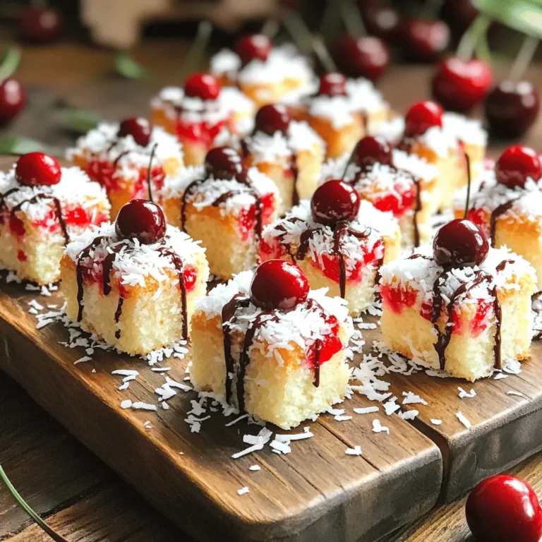 Creating Cherry Coconut Cake Bites is simple and fun. Here’s what you need: - 1 cup all-purpose flour - 1/2 cup unsweetened shredded coconut - 1/2 cup cherry preserves - 1/2 cup granulated sugar - 1/4 cup unsalted butter, softened at room temperature - 1/2 cup milk (whole or almond milk for a twist) - 1 large egg - 1 teaspoon baking powder - 1/2 teaspoon pure vanilla extract - A pinch of salt - Additional shredded coconut for coating - Dark chocolate, melted (for drizzling, optional) The measurements in this recipe are key for great flavor and texture. If you don’t have whole milk, almond milk works well too. You can also swap the granulated sugar with coconut sugar for a different taste. For a gluten-free option, use a gluten-free flour blend instead of all-purpose flour. - Cherry preserves: This gives your bites a sweet, fruity flavor. Feel free to use homemade preserves if you have them. - Unsweetened shredded coconut: This is essential for that tropical vibe. Using sweetened coconut may make your bites too sugary. - Dark chocolate: This is optional, but it adds a nice touch of richness. You can skip it or use milk chocolate if you prefer. These ingredients make Cherry Coconut Cake Bites a delightful treat that everyone will love. For the complete recipe, check out the Full Recipe section. Start by preheating your oven to 350°F (175°C). Grab an 8-inch square baking dish. Line it with parchment paper, letting some paper hang over the edges. This makes it easy to lift the cake later. In a mixing bowl, add the softened butter and granulated sugar. Use an electric mixer to cream them together. Mix until the mixture is light and fluffy. This will take about 3-4 minutes. The air you add makes the cake light. In another bowl, sift the all-purpose flour, baking powder, a pinch of salt, and unsweetened shredded coconut. This helps mix the dry ingredients evenly. Gradually add this dry mix to the butter mixture. Alternate adding the milk too. Mix gently until just combined. Avoid overmixing. This keeps your cake tender. Pour half of the batter into the prepared baking dish. Smooth it out to make an even layer. Spoon dollops of cherry preserves on top of the batter. Use a butter knife to swirl the cherry into the batter. This creates a pretty marbling effect. Carefully pour the rest of the batter on top. Smooth it out with a spatula. Place the baking dish in your preheated oven. Bake for 25-30 minutes. To check if it’s done, insert a toothpick in the center. If it comes out clean or with a few moist crumbs, it’s ready. Once baked, remove the dish from the oven. Let it cool completely on a wire rack. This keeps the cake moist. After cooling, lift the cake out using the parchment paper. Place it on a cutting board and slice it into small, bite-sized pieces. To get the best texture for your Cherry Coconut Cake Bites, pay close attention to mixing. When you cream the butter and sugar, make sure it becomes light and fluffy. This step adds air to your batter. When you mix wet and dry ingredients, do not overmix. Just blend until combined. This keeps the cake soft and tender. One common mistake is using cold butter. Always use softened butter; it helps create a smooth batter. Another mistake is not measuring flour correctly. Too much flour can make the cake dense. Use the spoon-and-level method to measure flour. Lastly, avoid skipping the cooling step. Letting the cake cool in the dish keeps it moist and allows the flavors to develop. For a stunning presentation, arrange the coconut-coated cake bites on a pretty platter. Add fresh cherries around the bites for a pop of color. You can also sprinkle extra shredded coconut on top for a festive look. Drizzling with melted dark chocolate adds a rich touch. These simple steps make your cake bites not only tasty but beautiful. {{image_4}} You can easily change the flavor of your cherry coconut cake bites. Try using raspberry or strawberry preserves instead of cherry. For a citrus twist, add lemon or orange zest to the batter. You can also mix in chopped nuts like almonds or pecans for added crunch. If you love chocolate, fold in mini chocolate chips or use chocolate spread instead of preserves. To make this recipe gluten-free, swap all-purpose flour with gluten-free flour. Ensure it has a good binding agent. For a vegan option, replace the egg with a flax egg. Mix one tablespoon of ground flaxseed with three tablespoons of water and let it sit for five minutes. Use almond milk and a plant-based butter substitute for the remaining ingredients. These adjustments keep the taste yummy and fun! Serve your cherry coconut cake bites on a colorful platter for a festive look. You can stack them in a tiered stand for parties. For a fun twist, serve them with a side of whipped cream or coconut yogurt. You can also dip them in chocolate for a more decadent treat. Garnish with fresh cherries or mint leaves to add a pop of color. These ideas make your bites look as good as they taste! For the full recipe, check out the Cherry Coconut Cake Bites. To keep your cherry coconut cake bites fresh, store them in an airtight container. This helps to keep moisture in and prevents them from drying out. Line the container with parchment paper. This layer adds extra protection. Keep them at room temperature for up to three days. If you want to keep them longer, refrigerate them. You can freeze cherry coconut cake bites for a tasty treat anytime. First, allow the bites to cool completely. Then, place them in a single layer on a baking sheet. Freeze them for about an hour. Once they are firm, transfer the bites into a freezer-safe bag or container. Label it with the date. They can last for up to three months in the freezer. To enjoy, thaw them overnight in the fridge. These delightful treats taste best within the first few days. After this, they may lose their soft texture. If stored properly, they can last up to a week in the fridge. Keep an eye out for any signs of spoilage, like a change in smell or texture. Enjoy your cherry coconut cake bites at their best with proper storage. For the full recipe, check the previous section. To keep your cake bites moist, use fresh ingredients. Always measure your liquids accurately. Adding a bit more milk can help, too. Be careful not to overbake. Check them a few minutes early. If you find they seem dry, drizzle them with a simple syrup after baking. Yes, you can use fresh cherries! Chop them finely and toss them with a bit of sugar. This helps release their juices. Keep in mind that fresh cherries may change the texture. You might want to adjust the baking time slightly, so keep an eye on them. If you don’t have unsweetened coconut, try using sweetened shredded coconut. You can also use finely chopped nuts for a different flavor. Almonds or pecans work well. Just remember, this will change the taste and texture a bit. To make a larger batch, simply double the ingredients. Use a bigger baking dish, like a 9x13 inch pan. Keep an eye on the baking time. It might take a bit longer to bake through. Check for doneness by using the toothpick test. Absolutely! These cherry coconut cake bites are perfect for parties. Their small size makes them easy to serve. You can dress them up with chocolate drizzle or festive sprinkles. They’ll impress your guests and taste delightful. For the full recipe, check the section above. This blog post covered how to make cherry coconut cake bites. We started with the ingredients, detailing the list and measurements. We shared step-by-step baking instructions and tips to ensure the best results. I provided variations to fit different diets and preferences. Lastly, we discussed how to store your treats properly. Now you’re ready to create these tasty bites. Enjoy each step and have fun! Happy baking!