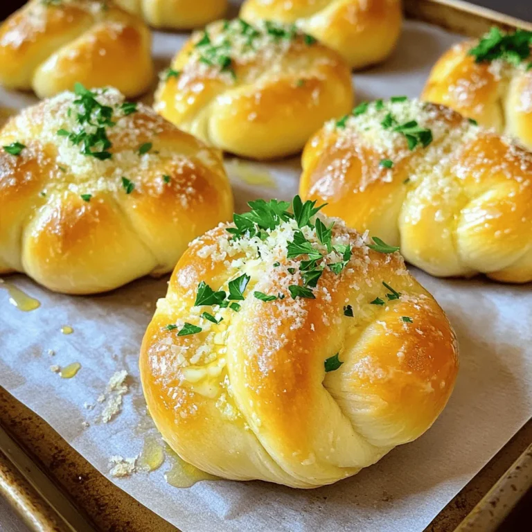 To make easy garlic parmesan knots, gather these key items: - 1 package (16 oz) refrigerated pizza dough - 4 tablespoons unsalted butter, melted - 4 cloves garlic, minced - 1/4 cup grated Parmesan cheese - 1/2 teaspoon salt - 1/4 teaspoon black pepper These ingredients create the base for your tasty knots. The pizza dough gives them a nice texture, while butter and garlic add rich flavor. You might consider adding these for extra taste: - 1 tablespoon fresh parsley, chopped (or 1 teaspoon dried parsley) - Pinch of red pepper flakes Fresh parsley adds color and a fresh taste. Red pepper flakes give a little heat, so use them if you like spice. To make your cooking easier, have these tools on hand: - Sharp knife or pizza cutter - Baking sheet - Parchment paper - Small bowl - Pastry brush Using these tools helps with cutting the dough and baking the knots evenly. They make the process smooth and simple. For the full recipe, refer to the details above. Start by preheating your oven to 400°F (200°C). This heat helps the knots rise and bake well. Line a baking sheet with parchment paper. This keeps the knots from sticking. Next, take the refrigerated pizza dough. Roll it out on a clean, floured surface. Aim for a rectangle about ¼ inch thick. This thickness ensures even cooking. Slice the dough into strips. Each strip should be about 1 inch wide and 6 inches long. Take one strip and tie it into a knot. Tuck the ends underneath to keep them secure. Place each knot on the prepared baking sheet, leaving space between them. In a small bowl, combine melted butter, minced garlic, salt, black pepper, and red pepper flakes if desired. This garlic butter mixture gives the knots a rich flavor. Use a brush to apply the mixture on top of each knot. Make sure to get some garlic pieces on top. Now, it’s time to bake! Place the baking sheet in the oven and bake for 12-15 minutes. Watch for a golden brown color on the knots. When done, take them out and let them cool for a few minutes. Brush any leftover garlic butter on top for extra flavor. You can find the full recipe in the ingredients section. To get your knots just right, oven temperature matters. Always preheat to 400°F (200°C). This helps them cook evenly. Roll your pizza dough to about ¼ inch thick. If it's too thick, the knots may not cook well inside. Cut the strips 1 inch wide and 6 inches long. This size allows them to twist easily and cook evenly. For a burst of flavor, use fresh garlic. Fresh garlic gives more taste than jarred. Add herbs like rosemary or thyme for more depth. You can also mix in different cheeses, like mozzarella or cheddar. A pinch of red pepper flakes adds a nice kick. Try different spices to find your perfect blend. One common mistake is overcrowding the baking sheet. Leave space between knots so they rise well. Don't skip brushing the garlic butter mixture on top. It adds flavor and a nice shine. Lastly, keep an eye on them while baking. They can go from golden brown to burnt quickly. For the full recipe, click here: [Full Recipe]. {{image_4}} You can play with the cheese in your garlic knots. Instead of Parmesan, try mozzarella for a melty twist. You might also use cheddar for a sharp taste. Goat cheese adds creaminess, while feta offers a salty kick. Combine different cheeses for a fun mix. Each choice brings a unique flavor to your knots. Want to spice things up? Add herbs like oregano or thyme for extra flavor. A pinch of cayenne pepper gives a nice heat. You could also add lemon zest for a fresh twist. Try mixing in Italian seasoning for a classic touch. Be creative to find your perfect blend of spices. If you want to change the base, you have options. You can use bread dough for a fluffier texture. Biscuit dough makes a quick and easy choice, too. For a gluten-free option, try a gluten-free pizza dough. Each dough type gives a different taste and texture to your knots. Check out the Full Recipe for more ideas. To store your leftover garlic parmesan knots, first let them cool down. Place them in an airtight container. This keeps them fresh and prevents drying out. If you plan to eat them in a day or two, the fridge works well. For longer storage, the freezer is a better choice. Reheating your garlic parmesan knots is easy. For the best taste, use the oven. Preheat it to 350°F (175°C). Place the knots on a baking sheet. Heat them for about 5-7 minutes. This restores the crispy texture. You can also use a microwave. Heat them for about 30 seconds. However, the texture may not be as nice as oven heating. If you want to freeze garlic parmesan knots, wrap them well. Use plastic wrap or aluminum foil. Then, place them in a freezer bag. Squeeze out as much air as you can. They can stay in the freezer for up to three months. When ready to eat, thaw them in the fridge overnight. Reheat as described earlier. Your knots will taste almost fresh! For the full recipe, check out the earlier section. Yes, you can use homemade dough. Just make sure it has the right texture. If your dough is soft, it may not hold the knot shape well. Use a simple recipe that yields a stretchy and firm dough for best results. This way, you get that fresh flavor and texture right from your kitchen. Garlic parmesan knots last about 2-3 days at room temperature. Store them in an airtight container to keep them fresh. If you want to save them longer, put them in the fridge, where they can last up to a week. Just remember, they taste best when fresh! Yes, you can make garlic knots without garlic. You can swap garlic with herbs or spices. Try using Italian seasoning or even pesto for flavor. This way, you still get a tasty knot without the garlic punch. Garlic parmesan knots pair well with many dishes. You can serve them with marinara sauce for dipping. They also go great alongside pasta, salads, or soups. If you want a fun snack, try them with cheese or charcuterie boards. The options are endless! You’ve learned how to make delicious garlic parmesan knots. We covered all the key ingredients, tools, and step-by-step baking instructions. I shared tips to avoid common mistakes and enhance flavors. You also discovered fun variations and how to store and reheat your knots. With these skills, you can impress anyone at your next meal. Enjoy your tasty creation and make it your own! Happy cooking!