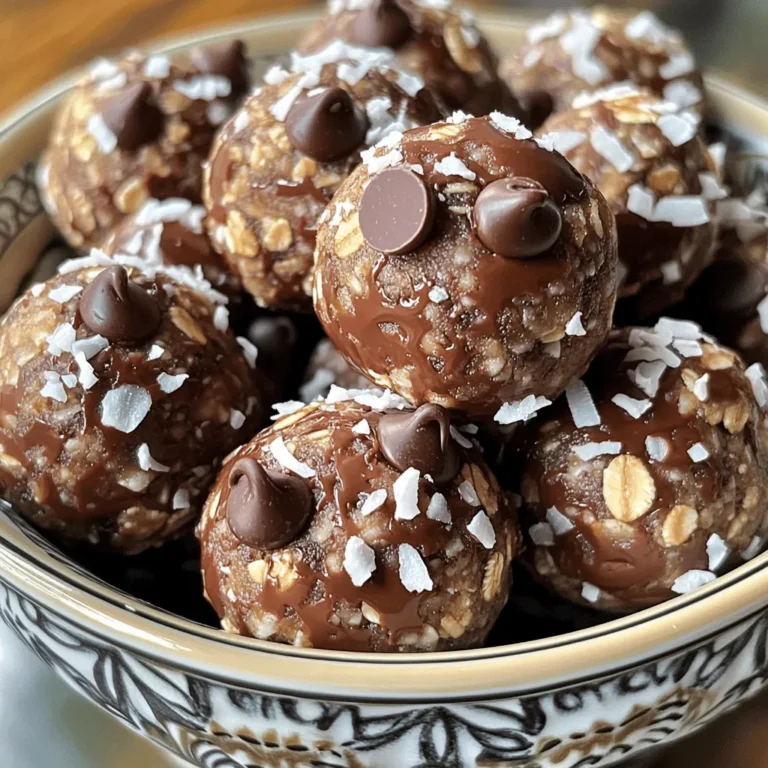 To make tasty Chocolate Coconut Energy Balls, gather these simple ingredients: - 1 cup rolled oats - 1/2 cup almond butter (or your favorite nut butter) - 1/3 cup honey or maple syrup - 1/2 cup shredded unsweetened coconut - 1/4 cup unsweetened cocoa powder - 1/4 cup mini chocolate chips - 1 teaspoon vanilla extract - Pinch of salt You can easily swap ingredients to match what you have or prefer. If you don’t have almond butter, try peanut butter or sunflower seed butter. For sweeteners, honey and maple syrup work well. Use whichever you like best! If you want a coconut twist, try adding toasted coconut instead of shredded. These energy balls pack a healthy punch. Oats provide fiber, which helps with digestion. Nut butter adds protein, giving you energy. Cocoa powder is rich in antioxidants, which support your health. Each bite is not just tasty, but good for you too! Enjoy making these energy balls and feel great about snacking! To create Chocolate Coconut Energy Balls, start by mixing your dry ingredients. In a medium bowl, add: - 1 cup rolled oats - 1/2 cup almond butter - 1/3 cup honey or maple syrup - 1/2 cup shredded unsweetened coconut - 1/4 cup unsweetened cocoa powder - 1/4 cup mini chocolate chips - 1 teaspoon vanilla extract - Pinch of salt Stir these dry ingredients until they blend well. You want everything to mix evenly. This makes sure each bite is full of flavor. Next, combine the wet ingredients. Use a spatula or your hands to mix everything. Keep stirring until it forms a sticky dough. If it feels too dry, add a little more nut butter or syrup. This will help bind everything together. Now, it’s time to roll your energy balls. Take small portions of the mixture. Form them into bite-sized balls, about 1 inch wide. If your hands feel sticky, moisten them slightly with water. This trick helps prevent the mixture from sticking to your hands. After rolling the balls, lay them on a baking sheet lined with parchment paper. Make sure to leave space between each ball. This keeps them from sticking together as they chill. Chilling is a crucial step. Place the baking sheet in the fridge for at least 30 minutes. This helps the energy balls firm up. Chilling makes them easier to handle later on. Once chilled, transfer your energy balls to an airtight container. You can store them in the fridge for up to one week. If you want to keep them longer, freeze them. They will stay fresh and tasty when frozen. For the full recipe, check the earlier section. Enjoy your healthy snack! To make your Chocolate Coconut Energy Balls perfect, you need to mix well. Start by adding all your ingredients into a bowl. Use a spatula or your hands to combine everything. Make sure each ingredient is spread out evenly. This helps all the flavors blend nicely. If your mix feels too crumbly, add a bit more nut butter or honey. This will help it stick together better. You can make your energy balls even better by adding superfoods. Try mixing in chia seeds or flaxseeds. These tiny seeds pack a big nutritional punch. They provide extra fiber and omega-3s. Also, if you want to cut down on sugar, reduce the amount of honey or maple syrup. You can even use mashed bananas for a natural sweetener. When serving your energy balls, think about pairing them with other foods. Fresh fruits like berries or slices of banana work well. You can also serve them with yogurt for a tasty snack. For gatherings, present them in a colorful bowl. A light dusting of shredded coconut on top makes them look extra tempting. They are great for snacks or a quick energy boost before workouts. Enjoy every bite! {{image_4}} You can easily change the taste of your energy balls. Adding spices like cinnamon or nutmeg gives warmth. You can also use extracts like almond or peppermint for a twist. These changes make each batch unique and fun. Texture makes a big difference in your energy balls. Try using crunchy nut butters instead of smooth ones. Adding seeds or nuts gives a nice crunch. This makes your snack more interesting and satisfying. Seasonal flavors can make your energy balls exciting. For fall, add pumpkin spice to capture autumn's essence. In summer, include tropical fruits like chopped pineapple or mango. These versions can brighten your day and match the season's mood. You can store your Chocolate Coconut Energy Balls in the fridge or freezer. For refrigeration, place them in an airtight container. This keeps them fresh and safe. They taste best when chilled. If you want to save some for later, freezing is a great option. Just wrap them in plastic wrap, then place them in a freezer-safe bag. This helps prevent freezer burn. In the fridge, your energy balls last about one week. If you freeze them, they can last up to three months. Always check for signs of spoilage. If they smell off or have a strange texture, it’s best to toss them out. Look for any signs of mold or an unusual color change. Use airtight containers for best storage. Glass jars or plastic containers work well. Avoid containers that let moisture in. If moisture gets in, your energy balls might get soggy. Keep them in a cool, dry place. This helps maintain their texture and flavor. For the full recipe, check out the Chocolate Coconut Energy Bliss Balls section. Enjoy your healthy snack! Chocolate Coconut Energy Balls stay fresh for up to one week in the fridge. To store them, place them in an airtight container. If you want them to last longer, freeze them. They can stay in the freezer for about three months. Just thaw them in the fridge when you're ready to enjoy them. Yes, you can use different sweeteners for these energy balls. If you prefer, try maple syrup or agave nectar instead of honey. For a low-calorie option, consider stevia or erythritol. These swaps cater to various dietary needs and keep the taste great. Yes, these energy balls can be gluten-free. Use gluten-free rolled oats and ensure your nut butter is also gluten-free. This way, you can enjoy a tasty snack without worrying about gluten. Confirm all labels for any hidden gluten sources. Absolutely! You can create a chocolate-free version. Add more coconut and substitute cocoa powder with extra shredded coconut. Consider using peanut butter or almond extract for a different flavor. You can also mix in dried fruits or nuts for added texture and taste. These chocolate coconut energy balls are simple to make and full of flavor. From choosing the right ingredients to exploring fun variations, you can easily customize these treats to fit your taste. Remember to store them well to keep them fresh and tasty. Feel free to experiment with different flavors or textures. These energy balls can be a great snack at any time. Enjoy your homemade snacks, and share your creations with others!