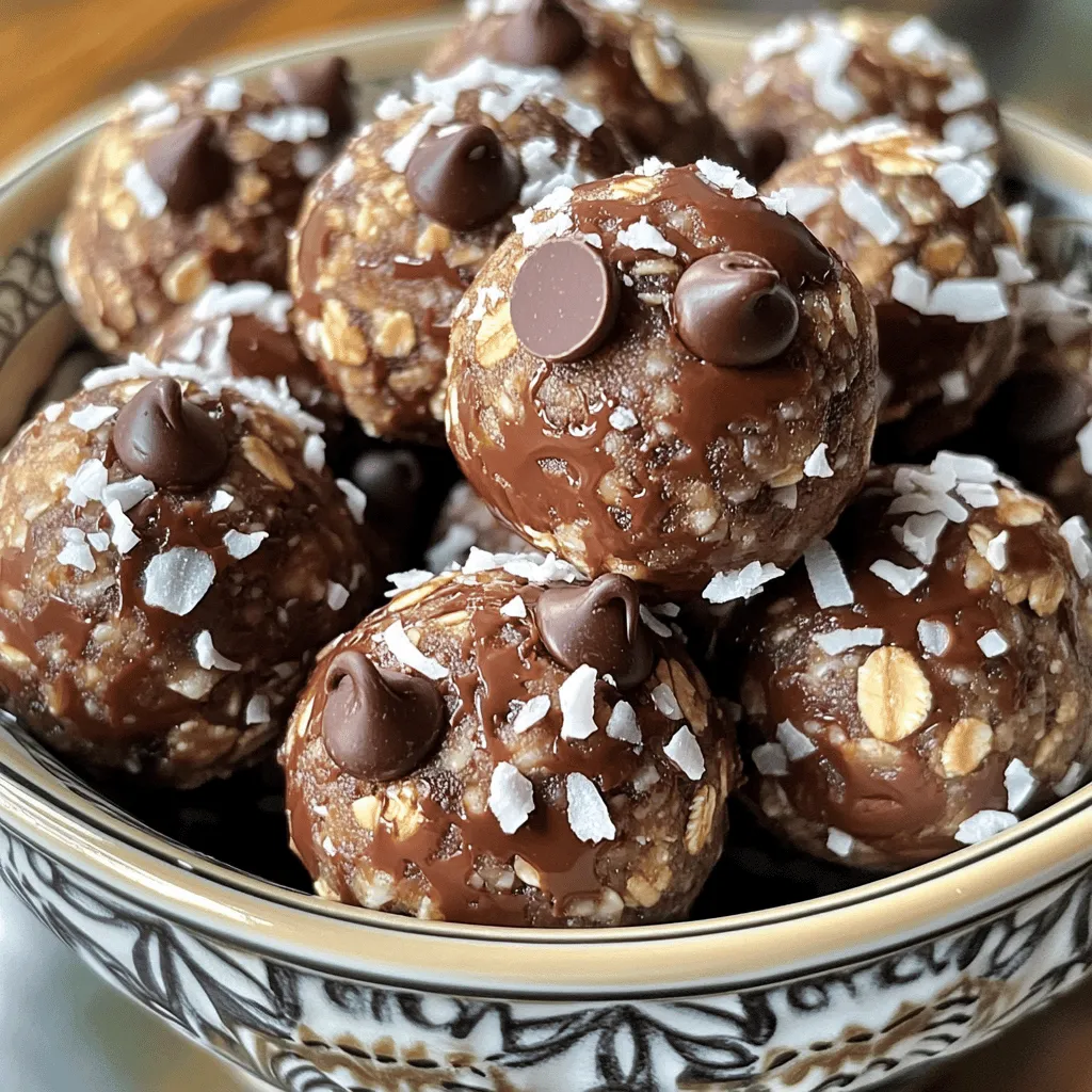 To make tasty Chocolate Coconut Energy Balls, gather these simple ingredients: - 1 cup rolled oats - 1/2 cup almond butter (or your favorite nut butter) - 1/3 cup honey or maple syrup - 1/2 cup shredded unsweetened coconut - 1/4 cup unsweetened cocoa powder - 1/4 cup mini chocolate chips - 1 teaspoon vanilla extract - Pinch of salt You can easily swap ingredients to match what you have or prefer. If you don’t have almond butter, try peanut butter or sunflower seed butter. For sweeteners, honey and maple syrup work well. Use whichever you like best! If you want a coconut twist, try adding toasted coconut instead of shredded. These energy balls pack a healthy punch. Oats provide fiber, which helps with digestion. Nut butter adds protein, giving you energy. Cocoa powder is rich in antioxidants, which support your health. Each bite is not just tasty, but good for you too! Enjoy making these energy balls and feel great about snacking! To create Chocolate Coconut Energy Balls, start by mixing your dry ingredients. In a medium bowl, add: - 1 cup rolled oats - 1/2 cup almond butter - 1/3 cup honey or maple syrup - 1/2 cup shredded unsweetened coconut - 1/4 cup unsweetened cocoa powder - 1/4 cup mini chocolate chips - 1 teaspoon vanilla extract - Pinch of salt Stir these dry ingredients until they blend well. You want everything to mix evenly. This makes sure each bite is full of flavor. Next, combine the wet ingredients. Use a spatula or your hands to mix everything. Keep stirring until it forms a sticky dough. If it feels too dry, add a little more nut butter or syrup. This will help bind everything together. Now, it’s time to roll your energy balls. Take small portions of the mixture. Form them into bite-sized balls, about 1 inch wide. If your hands feel sticky, moisten them slightly with water. This trick helps prevent the mixture from sticking to your hands. After rolling the balls, lay them on a baking sheet lined with parchment paper. Make sure to leave space between each ball. This keeps them from sticking together as they chill. Chilling is a crucial step. Place the baking sheet in the fridge for at least 30 minutes. This helps the energy balls firm up. Chilling makes them easier to handle later on. Once chilled, transfer your energy balls to an airtight container. You can store them in the fridge for up to one week. If you want to keep them longer, freeze them. They will stay fresh and tasty when frozen. For the full recipe, check the earlier section. Enjoy your healthy snack! To make your Chocolate Coconut Energy Balls perfect, you need to mix well. Start by adding all your ingredients into a bowl. Use a spatula or your hands to combine everything. Make sure each ingredient is spread out evenly. This helps all the flavors blend nicely. If your mix feels too crumbly, add a bit more nut butter or honey. This will help it stick together better. You can make your energy balls even better by adding superfoods. Try mixing in chia seeds or flaxseeds. These tiny seeds pack a big nutritional punch. They provide extra fiber and omega-3s. Also, if you want to cut down on sugar, reduce the amount of honey or maple syrup. You can even use mashed bananas for a natural sweetener. When serving your energy balls, think about pairing them with other foods. Fresh fruits like berries or slices of banana work well. You can also serve them with yogurt for a tasty snack. For gatherings, present them in a colorful bowl. A light dusting of shredded coconut on top makes them look extra tempting. They are great for snacks or a quick energy boost before workouts. Enjoy every bite! {{image_4}} You can easily change the taste of your energy balls. Adding spices like cinnamon or nutmeg gives warmth. You can also use extracts like almond or peppermint for a twist. These changes make each batch unique and fun. Texture makes a big difference in your energy balls. Try using crunchy nut butters instead of smooth ones. Adding seeds or nuts gives a nice crunch. This makes your snack more interesting and satisfying. Seasonal flavors can make your energy balls exciting. For fall, add pumpkin spice to capture autumn's essence. In summer, include tropical fruits like chopped pineapple or mango. These versions can brighten your day and match the season's mood. You can store your Chocolate Coconut Energy Balls in the fridge or freezer. For refrigeration, place them in an airtight container. This keeps them fresh and safe. They taste best when chilled. If you want to save some for later, freezing is a great option. Just wrap them in plastic wrap, then place them in a freezer-safe bag. This helps prevent freezer burn. In the fridge, your energy balls last about one week. If you freeze them, they can last up to three months. Always check for signs of spoilage. If they smell off or have a strange texture, it’s best to toss them out. Look for any signs of mold or an unusual color change. Use airtight containers for best storage. Glass jars or plastic containers work well. Avoid containers that let moisture in. If moisture gets in, your energy balls might get soggy. Keep them in a cool, dry place. This helps maintain their texture and flavor. For the full recipe, check out the Chocolate Coconut Energy Bliss Balls section. Enjoy your healthy snack! Chocolate Coconut Energy Balls stay fresh for up to one week in the fridge. To store them, place them in an airtight container. If you want them to last longer, freeze them. They can stay in the freezer for about three months. Just thaw them in the fridge when you're ready to enjoy them. Yes, you can use different sweeteners for these energy balls. If you prefer, try maple syrup or agave nectar instead of honey. For a low-calorie option, consider stevia or erythritol. These swaps cater to various dietary needs and keep the taste great. Yes, these energy balls can be gluten-free. Use gluten-free rolled oats and ensure your nut butter is also gluten-free. This way, you can enjoy a tasty snack without worrying about gluten. Confirm all labels for any hidden gluten sources. Absolutely! You can create a chocolate-free version. Add more coconut and substitute cocoa powder with extra shredded coconut. Consider using peanut butter or almond extract for a different flavor. You can also mix in dried fruits or nuts for added texture and taste. These chocolate coconut energy balls are simple to make and full of flavor. From choosing the right ingredients to exploring fun variations, you can easily customize these treats to fit your taste. Remember to store them well to keep them fresh and tasty. Feel free to experiment with different flavors or textures. These energy balls can be a great snack at any time. Enjoy your homemade snacks, and share your creations with others!