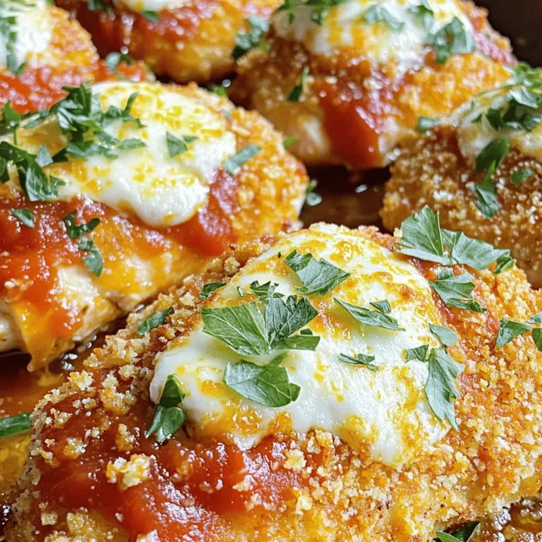 For this tasty dish, gather the following main ingredients: - 4 boneless, skinless chicken breasts - 1 cup dill pickle juice (for marinating) - 1 cup ranch dressing - 1 cup breadcrumbs (Italian or panko) - 1 cup grated Parmesan cheese - 1 cup marinara sauce - 1 cup shredded mozzarella cheese These ingredients make the base of your chicken parmesan. The chicken stays juicy from the pickle juice, and the ranch dressing adds a creamy flavor. Next, you will need these seasonings: - 1 tablespoon olive oil - 1 teaspoon garlic powder - 1 teaspoon Italian seasoning - Salt and pepper to taste These seasonings give your chicken a great taste. The garlic powder and Italian seasoning work together to create a cozy flavor. The salt and pepper help balance everything. For a more colorful dish, consider these garnishes: - Fresh parsley for garnish (optional) You can also serve your chicken with sides like: - Pasta - Fresh green salad These sides add color and texture to your meal. They keep things fresh and light. For the complete cooking steps, check out the Full Recipe. To start, take 4 boneless, skinless chicken breasts. Place them in a resealable plastic bag. Pour 1 cup of dill pickle juice over the chicken. Make sure they are fully submerged. Seal the bag tight. Put it in the fridge and let it marinate for at least 1 hour. If you want a stronger taste, let it sit for up to 4 hours. Next, preheat your oven to 400°F (200°C). In a shallow dish, mix 1 cup of breadcrumbs, 1 cup of grated Parmesan cheese, 1 teaspoon of garlic powder, and 1 teaspoon of Italian seasoning. Add a pinch of salt and pepper to taste. Stir these dry ingredients well. This mix gives the chicken a tasty and crunchy coat. After marinating, take the chicken out and pat it dry with paper towels. Dip each piece into 1 cup of ranch dressing, coating both sides well. Then, dredge the chicken in the breadcrumb mix. Press lightly to ensure it sticks. In a large, oven-safe skillet, heat 1 tablespoon of olive oil over medium heat. Once it shines, add the coated chicken breasts. Sear each side for about 3-4 minutes. They should turn a nice golden brown. After searing, pour 1 cup of marinara sauce over the chicken. Make sure each piece is covered. Then, sprinkle 1 cup of shredded mozzarella cheese on top. This adds a gooey touch. Now, transfer the skillet to your preheated oven. Bake for 20-25 minutes. Ensure the chicken reaches an internal temperature of 165°F (75°C). The cheese should be melted and slightly golden brown. Once done, take the skillet out and let it cool for a few minutes. If you like, sprinkle fresh parsley on top for a burst of color and flavor. Serve it up and enjoy the delicious blend of flavors in your pickle ranch chicken parmesan. For the full recipe, check the earlier sections! To get the best crust on your chicken, start with dry chicken. After marinating, pat the chicken dry with paper towels. This helps the coating stick well. Next, dip the chicken in ranch dressing. Make sure to coat both sides. Then, dredge it in the breadcrumb mix. Press down lightly to pack on that flavor. For extra crunch, you can double-coat the chicken. Just repeat the ranch and breadcrumbs steps. If you have leftovers, store them in an airtight container. This keeps the chicken fresh. Place the chicken in the fridge and eat it within three days. To reheat, use an oven or air fryer. This way, you keep that crispy texture. Avoid the microwave, as it can make the coating soggy. To boost flavor, try adding spices to your breadcrumb mix. A pinch of cayenne pepper adds heat. You might even try smoked paprika for a smoky taste. Another option is to mix in some chopped herbs. Fresh basil or oregano can really brighten up the dish. Don't forget to drizzle some extra ranch on top just before serving. These small changes can make your Pickle Ranch Chicken Parmesan even more tasty! For complete cooking steps and ingredient details, check the [Full Recipe]. {{image_4}} You can easily adapt this recipe for various diets. Here are some ideas: - Gluten-Free: Use gluten-free breadcrumbs or crushed cornflakes. - Dairy-Free: Substitute the ranch dressing with a dairy-free version. Try coconut yogurt or a cashew-based alternative. - Low-Carb: Replace breadcrumbs with crushed nuts or pork rinds for a crunchy topping. Want to boost flavors? Consider these add-ins: - Spices: Add cayenne pepper for heat or smoked paprika for depth. - Herbs: Mix in fresh basil or oregano to the marinara for freshness. - Veggies: Layer sliced bell peppers or mushrooms under the cheese for added taste and texture. Not in the mood to bake? Try these methods instead: - Air Fryer: Cook at 375°F (190°C) for about 15-18 minutes, flipping halfway. - Grill: Grill the marinated chicken on medium heat for 5-7 minutes per side. Add the sauce and cheese in the last few minutes to melt. - Slow Cooker: Cook on low for 4-6 hours with sauce and cheese on top for a tender dish. These variations make the recipe fit your lifestyle. Enjoy customizing your Pickle Ranch Chicken Parmesan! For the full details, check the Full Recipe. To keep your Pickle Ranch Chicken Parmesan fresh, store it in an airtight container. Let the chicken cool to room temperature first. Once cooled, transfer it to the container and seal tightly. It can last in the fridge for 3 to 4 days. To keep flavors intact, try to use it up within that time. When it's time to enjoy leftovers, preheat your oven to 350°F (175°C). Place the chicken in an oven-safe dish. Cover it with foil to prevent drying out. Heat for about 15 to 20 minutes, or until it's warmed through. You can also reheat in the microwave, but the oven keeps the chicken crispy. If you want to save some for later, freezing is a great option. Wrap each chicken breast tightly in plastic wrap and then in foil. This helps prevent freezer burn. You can freeze it for up to 3 months. To reheat, thaw in the fridge overnight, then follow the reheating instructions. Enjoy your meal anytime! You should marinate the chicken for at least 1 hour. This helps the meat soak up the pickle juice. For even more flavor, try marinating for up to 4 hours. This longer time allows the tangy taste to infuse deeper. Yes, you can prepare this dish ahead of time. Marinate the chicken and coat it as directed. Then, store it in the fridge for up to 24 hours before baking. When ready, just bake it as per the recipe. There are many tasty sides that go well with Pickle Ranch Chicken Parmesan. Here are some ideas: - Garlic bread - Pasta with marinara sauce - A fresh green salad - Roasted vegetables - Mashed potatoes Feel free to mix and match to find your favorite pairings! For the full recipe, check out the earlier section. We've covered how to make Pickle Ranch Chicken Parmesan. We discussed key ingredients, step-by-step instructions, and helpful tips. You learned about storage and variations to fit your taste. Remember, this dish is fun and easy to customize. Enjoy exploring new flavors and methods in your cooking. With practice, you'll master this recipe and impress others. Ready to make your own? Now, it’s your turn to get creative in the kitchen!