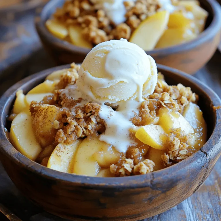To make a delicious apple crisp, gather these key items: - 6 medium apples (preferably Granny Smith or Honeycrisp), peeled, cored, and sliced - 1 tablespoon fresh lemon juice - 1 teaspoon ground cinnamon - 1/2 teaspoon ground nutmeg - 1 cup packed brown sugar - 1 cup old-fashioned rolled oats - 1/2 cup all-purpose flour - 1/2 cup unsalted butter, melted - 1/4 teaspoon salt These ingredients create a perfect blend of sweet and spiced flavors. The apples give a nice tartness, while the spices add warmth. The oats and brown sugar create a crunchy topping. You can add a few fun toppings to make your apple crisp even better: - A scoop of vanilla ice cream - Whipped cream - A sprinkle of chopped nuts - A drizzle of caramel sauce These options add creaminess and extra flavor. I love adding ice cream when serving. The warm crisp pairs perfectly with the cold ice cream. Choosing the right apples is key to a great apple crisp. Here are some tips: - Look for firmness: Choose apples that feel solid and heavy. - Check for freshness: Avoid any with bruises or brown spots. - Pick a mix: Combining sweet and tart apples enhances flavor. Granny Smith apples bring tartness, while Honeycrisp adds sweetness. Mixing them gives the best taste. Start by washing and peeling your apples. I love using Granny Smith or Honeycrisp apples. They give a nice tartness. After peeling, core and slice them thin. This makes them cook evenly. Place your apple slices in a big bowl. Drizzle fresh lemon juice over them. This keeps the apples from browning. Now, sprinkle in some ground cinnamon and nutmeg. These spices add warmth and flavor. Toss everything gently until the apples are coated well. Once mixed, spread them evenly in a greased 9x13 inch baking dish. This helps with even cooking. In a separate bowl, combine the packed brown sugar, rolled oats, all-purpose flour, and salt. I like to use unsalted butter for this topping. Melt the butter and pour it into the bowl. Mix these ingredients until crumbly. Use your hands if needed; it’s fun! Once mixed, pour this oat mixture over the apples. Spread it out evenly to cover all the fruit. This will create a crunchy topping while it bakes. Preheat your oven to 350°F (175°C). This step is key for baking. Once your apple and topping mix is ready, place the dish in the oven. Bake for about 40-45 minutes. You’ll know it’s done when the topping is golden brown and the apples are tender. After baking, let it cool for about 10-15 minutes. This helps the flavors blend. Serve warm, and consider adding ice cream or whipped cream on top. It takes this classic apple crisp to the next level! For the full recipe, check out the detailed instructions. To make a great apple crisp, use tart apples like Granny Smith. Their flavor shines through well. Make sure to slice your apples evenly. This helps them cook at the same time. Toss the apples with lemon juice to keep them fresh. The lemon juice also adds a nice zing. Mix your spices well with the apples to coat them fully. This ensures every bite is full of flavor. One common mistake is using too many sweet apples. Sweet apples can make your crisp overly sweet. Another mistake is not preheating your oven. If your oven is not hot enough, the crisp won't bake well. Avoid packing the topping too tightly. A loose topping will bake up more crunchy. Lastly, don't skip the resting time after baking. It helps flavors blend and makes serving easier. To get a crunchy topping, use old-fashioned rolled oats. They add great texture. Mix your topping until it looks crumbly but not smooth. This gives that desirable crunch. Bake until the top is golden brown, usually 40-45 minutes. For extra crunch, broil the topping for a minute at the end. Keep an eye on it, so it doesn't burn. Serve warm for the best crispiness. Enjoy your homemade delight! {{image_4}} You can easily make this classic apple crisp gluten-free. Just swap the all-purpose flour for a gluten-free blend. Many brands offer great options that work well in baking. This simple change keeps the flavor and texture intact while catering to gluten-sensitive eaters. You won't miss a thing! Want to switch things up? Add berries or pears to your apple crisp. Mixing in fresh blueberries, raspberries, or sliced pears gives new flavors and colors. You can use about two cups of any berries or two medium pears, sliced, along with your apples. This twist offers a delightful surprise in every bite! Enhance your apple crisp with nuts and spices. Chopped walnuts or pecans add crunch and richness. You can mix in half a cup of nuts with your oat topping. For an extra kick, try adding a pinch of ginger or allspice. These additions create a warm, inviting aroma while baking. You can find even more flavor by using the Full Recipe for guidance. To keep your apple crisp fresh, let it cool first. Then, cover it tightly with plastic wrap or foil. Store it in the fridge for up to three days. This helps keep the topping from getting too soggy. If you want to enjoy it later, freezing is a great option. Reheating apple crisp is easy. You can use the oven or microwave. For the oven, preheat it to 350°F (175°C). Place the crisp in a baking dish and heat for about 15-20 minutes. This warms it up evenly and keeps the topping crispy. If using a microwave, heat in short bursts of 30 seconds. Check it often to avoid overheating. If you want to freeze apple crisp, it’s best to do this before baking. Assemble the dish as directed, but don’t bake it. Cover it well with foil or plastic wrap and place it in the freezer. It can last up to three months. When ready to bake, just take it out and bake from frozen. Add an extra 10-15 minutes to the baking time for best results. For a quick treat, you can also freeze baked apple crisp. Just remember to cool it first and follow the same storing method. Enjoy your homemade delight whenever you like! For the full recipe, refer back to the earlier section. Yes, you can make apple crisp ahead of time. Prepare the apple layer and the crisp topping separately. Store them in the fridge until you're ready to bake. This way, you can enjoy a fresh dessert without much hassle. Just remember to bake it the same day for the best taste. For apple crisp, I recommend using tart apples. Granny Smith and Honeycrisp are great choices. They hold their shape well when baked. Their tartness balances the sweetness of the sugar and spices. You can also mix different types for added flavor and texture. Yes, you can use other sweeteners instead of brown sugar. White sugar works well, but it lacks the rich flavor of brown sugar. You can also try maple syrup or coconut sugar for a different taste. Just keep in mind that using liquid sweeteners may change the texture a bit. If you need more details, refer to the Full Recipe for guidance. You now have a clear plan for making a great apple crisp. We covered key ingredients, best practices, and common mistakes. I shared tips for selecting the right apples and perfecting that crisp topping. You also learned about fun variations and how to store your leftovers. No matter how you make it, apple crisp is a treat. Enjoy the process and share it with friends or family. Happy baking!
