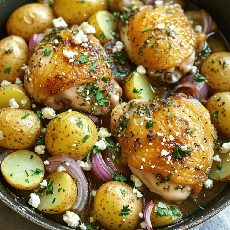 To make One-Pan Greek Chicken and Potatoes, you need: - 4 bone-in, skin-on chicken thighs - 1 lb baby potatoes, halved - 1 red onion, quartered - 4 cloves garlic, minced - 2 teaspoons dried oregano - 1 teaspoon dried thyme - Zest and juice of 1 lemon - 1/4 cup extra-virgin olive oil - Salt and freshly ground black pepper to taste - Fresh parsley, chopped for garnish - Feta cheese, crumbled for topping (optional) Each of these ingredients plays a vital role. The chicken gives a rich, savory taste. Baby potatoes add a nice, creamy texture. The red onion brings sweetness, while garlic gives depth. Fresh herbs like oregano and thyme add that classic Greek taste. Using fresh ingredients really boosts the flavors. While feta cheese is optional, it can take your dish to the next level. The salty, creamy cheese pairs well with the chicken and potatoes. You can also switch up the herbs. Try adding rosemary or basil for a different twist. A sprinkle of red pepper flakes can add a nice kick too. This dish is both hearty and satisfying. One serving has about: - Calories: 450 - Fats: 25g - Proteins: 30g - Carbs: 30g To make it healthier, use skinless chicken thighs or reduce the olive oil. If you want to indulge, add more feta or serve with crusty bread. Enjoy the balance of flavors while keeping an eye on nutrition! First, let’s prep our chicken and veggies. You need to start by gathering all your ingredients. This step makes cooking smooth and easy. 1. Preheat your oven to 425°F (220°C). This helps get everything ready for roasting. 2. In a small bowl, mix the olive oil, lemon juice, lemon zest, minced garlic, oregano, thyme, salt, and pepper. Whisk this until it’s all combined. This mixture is our marinade. 3. In a large bowl, add the halved baby potatoes and quartered red onion. Drizzle half of the marinade over them. Toss gently to coat well. 4. In another bowl, place the chicken thighs. Pour the rest of the marinade on top. Make sure every piece of chicken gets coated. This step adds great flavor. Marinating helps the chicken absorb all those tasty spices. Now, let’s cook our dish! 1. Heat a large oven-safe skillet over medium-high heat. When it’s hot, arrange the marinated potatoes and onions at the bottom. 2. Place the marinated chicken thighs skin side up on top. This allows the skin to get crispy while cooking. 3. Transfer the skillet to your preheated oven. Bake for 40-45 minutes. The chicken should be golden brown and cooked through. The potatoes should be tender when you poke them with a fork. To ensure even cooking, check the chicken and potatoes halfway through. If one side seems to cook faster, you can rotate the skillet. Want that perfect crispy chicken skin? Broiling is the trick! 1. After baking, switch your oven to broil for the last 3-5 minutes. Keep a close eye on it. Chicken can burn quickly under the broiler. 2. Watch for that golden color to develop. This extra step adds a delightful crunch to your meal. By following these steps, you’ll create a dish full of flavor and joy. For the full recipe, refer back to the beginning. Enjoy every bite! To make sure your chicken is juicy, use bone-in, skin-on thighs. This keeps the meat moist. Pat the chicken dry before marinating. It helps the flavors stick better. For tender potatoes, cut them in halves. This allows them to soak up the marinade well. Mix the marinade in a bowl before adding it to the chicken and veggies. This way, every bite bursts with flavor. Serve your Greek chicken and potatoes with a fresh salad. A simple cucumber and tomato salad pairs nicely. You can also add a side of crusty bread. This helps soak up the tasty juices. For a beautiful look, serve directly from the skillet. Add lemon wedges around the edge. A sprinkle of parsley gives it a pop of color. If you like, top with crumbled feta cheese for extra flavor. One common mistake is not marinating long enough. Marinate the chicken for at least 30 minutes. This allows the flavors to penetrate. Also, avoid overcrowding the pan. If the chicken and potatoes are too close, they won’t roast properly. If your chicken is undercooked, check the temperature. It should reach 165°F (75°C) in the thickest part. For vegetables, they should be fork-tender. If they are hard, give them more time in the oven. {{image_4}} You can switch up the main ingredients in this dish. Instead of chicken, try using fish like salmon or cod. These options cook quickly and soak up the flavors well. For potatoes, consider sweet potatoes for a sweeter taste and more nutrients. You can also change the herbs in the recipe. Try using Italian seasoning for a new twist. Fresh herbs like basil or rosemary can bring a bright taste. This dish can adapt to local flavors. For a Greek twist, add Kalamata olives or artichokes. They add a nice saltiness and depth. You can also use local veggies, like zucchini or bell peppers, for a fresh touch. You might experiment with spices too. A sprinkle of sumac can give a citrusy flavor. This adds to the Mediterranean vibe. If you want a gluten-free version, this recipe is already a great choice! All the ingredients are naturally gluten-free. Just ensure your seasonings are also gluten-free. For a dairy-free meal, skip the feta cheese topping. You can add avocado for creaminess instead. If you're looking for a vegan option, replace chicken with chickpeas or tofu. Marinate them just like the chicken. This makes for a hearty, plant-based meal that still packs flavor. Explore the full recipe for more ideas and details! Store your leftovers in an airtight container. Place them in the fridge right after the meal. The chicken and potatoes stay tasty for up to three days. The flavors will blend well and create a delicious bite. For the best taste, use the oven or a skillet to reheat. Preheat your oven to 350°F (175°C). Place the chicken and potatoes in a baking dish, cover with foil to keep moisture in, and heat for about 20 minutes. If you use a microwave, heat in short bursts, checking every minute. This helps keep the chicken juicy. You can freeze this dish for later. Cool it completely before packing it into a freezer-safe container. Make sure to label the container with the date. It can last up to three months in the freezer. To thaw, move it to the fridge overnight. When ready, reheat in the oven or skillet to restore its crispy texture. Enjoy the flavors of One-Pan Greek Chicken and Potatoes even after a few weeks! To marinate chicken well, use a simple mix of olive oil, acid, and spices. I recommend marinating chicken thighs for at least 30 minutes. For deeper flavor, let it sit in the fridge for up to 24 hours. Make sure to coat the chicken evenly. This allows the flavors to soak in and keeps the meat juicy. Don't forget to cover it to avoid any mess. Yes, you can make this dish in advance. Prep the chicken and veggies the day before. Store them in the fridge with the marinade. When you are ready to cook, just pop it in the oven. This method keeps flavors strong and saves time. Just be sure to let it sit at room temp for 15 minutes before cooking. If you can't find baby potatoes, try using regular potatoes or sweet potatoes. You can also use carrots or turnips for a tasty twist. Just cut them into similar sizes for even cooking. This keeps the dish hearty and full of flavor. The best way to check chicken doneness is by using a meat thermometer. The safe internal temperature is 165°F (74°C). You can also check visually. The juices should run clear, and the meat should not look pink. If you cut into the chicken and it is juicy, you are good to go! This dish pairs great with fresh salads or grain sides. A simple Greek salad with cucumbers, tomatoes, and feta works well. You can also serve it with quinoa or rice for a filling meal. These sides add freshness and balance to the rich flavors of the chicken and potatoes. In summary, we've covered key ingredients for a tasty dish, including the power of fresh flavors. We explored preparation and cooking steps, stressing marinating and ensuring even cooking. I shared helpful tips for success and common mistakes to avoid. Plus, we looked at tasty variations and how to store leftovers properly. Keep experimenting with ingredients and techniques. Cooking is an art, so enjoy the process! You’ll find that small changes can make a big difference in your meals.
