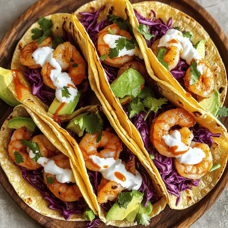 - Large shrimp - Cajun seasoning - Corn tortillas The main star of this dish is the large shrimp. They are juicy and tender. Cajun seasoning brings bold flavors that excite your taste buds. Corn tortillas hold everything together and add a nice texture. - Red cabbage - Avocado - Sour cream and hot sauce mixture Red cabbage adds a crunchy bite and a pop of color. Slices of creamy avocado add richness. The sour cream and hot sauce mixture gives a tangy kick that makes each bite special. - Fresh cilantro - Lime wedges - Sea salt and black pepper Fresh cilantro adds a refreshing touch. Lime wedges give you a zesty finish if you squeeze them on top. You can sprinkle sea salt and black pepper to enhance the flavors even more. This dish is not only quick to make but also full of flavor. You can find the full recipe for these tacos to try at home. Enjoy making your Spicy Cajun Shrimp Tacos! Start by combining shrimp, Cajun seasoning, olive oil, lime juice, salt, and pepper in a bowl. Mix well until the shrimp get fully coated. This step is key for great flavor. Allow the shrimp to marinate for about 15 minutes. This waiting time helps the spices soak in. Next, heat a large skillet over medium heat. When it’s hot, add the marinated shrimp in a single layer. Cook the shrimp for 2-3 minutes on each side. You want them to turn pink and opaque. Once done, remove the skillet from heat. This method keeps the shrimp juicy and tasty. In a separate dry skillet, warm the corn tortillas over medium heat. Heat them for around 30 seconds on each side. This makes them soft and easy to fold. Warming the tortillas also enhances their flavor. Now it’s time to build your tacos! Start by placing a handful of shredded red cabbage on each warm tortilla. Next, add a few pieces of cooked Cajun shrimp on top of the cabbage. To finish, layer on slices of creamy avocado. Drizzle a mix of sour cream and hot sauce over the shrimp. Adjust the hot sauce based on your spice level. Add a sprinkle of fresh cilantro for a burst of flavor. Serve these tacos right away, maybe with lime wedges on the side for a zesty touch. Enjoy your delicious meal! For the full recipe, check out the detailed instructions above. To make your shrimp juicy and full of flavor, marinate them well. Mix the shrimp with Cajun seasoning, olive oil, lime juice, salt, and pepper. Let them sit for about 15 minutes. This helps the spices soak in. When you cook the shrimp, use medium heat. Cook them for 2-3 minutes on each side until they turn pink and opaque. This way, they stay moist and tender. Adjust the heat of your tacos with hot sauce. Start with a tablespoon and taste. You can always add more if you like it spicier. For a milder version, skip the hot sauce or use a milder one. Try adding a bit of yogurt to balance out the heat. You can also use less Cajun seasoning for a gentler flavor. If you have leftovers, store them properly to keep them fresh. Place the shrimp in an airtight container and refrigerate them. They should last for about two days. For the tortillas, wrap them in foil or plastic wrap. Keep the toppings separate to avoid sogginess. Enjoy your Spicy Cajun Shrimp Tacos later, or try out the Full Recipe again! {{image_4}} You can swap shrimp for fish or chicken. Fish like tilapia or snapper work well. Just season them with Cajun spices and cook until flaky. For chicken, use boneless thighs or breasts. Cook them until they reach an internal temp of 165°F. Both choices bring great flavor and texture to your tacos. If you want a meat-free meal, try grilled veggies. Zucchini, bell peppers, and mushrooms are excellent options. Toss them in Cajun seasoning and grill until tender. This not only adds flavor but also gives a nice crunch. You can follow the same steps for assembling your tacos, adding the grilled veggies as the main filling. For a gluten-free meal, use gluten-free tortillas. Many brands offer soft corn or rice tortillas that taste great. Just warm them up in a skillet like regular tortillas. This way, everyone at the table can enjoy tasty tacos without worry. Feel free to mix and match these variations to suit your taste. The Full Recipe can guide you through every step! To store your leftover tacos, wrap them tightly in plastic wrap or foil. You can also use an airtight container. Keep them in the fridge. They will stay fresh for up to two days. If you want to keep them longer, consider freezing the shrimp and other components separately. To freeze cooked shrimp, let them cool first. Place them in a freezer bag. Remove as much air as possible to avoid freezer burn. You can also freeze extra toppings, like shredded cabbage and sliced avocado. Just remember that avocado may brown. Use it within three months for the best taste. When it's time to enjoy your tacos again, reheat them the right way. For shrimp, use a skillet over medium heat. Heat them for a few minutes until they are warm. For tortillas, warm them in a dry skillet for about 30 seconds on each side. This keeps them soft and tasty. If you need to, add a little oil to the pan for extra flavor. Yes, you can prep some parts ahead. Marinate the shrimp a few hours in advance. This helps the flavors soak in. You can also shred the cabbage and slice the avocado before serving. Just store these in airtight containers in the fridge. Warm the shrimp and tortillas right before you serve. This keeps everything fresh and tasty. These tacos pair well with many sides. Try serving them with: - Mexican rice for a hearty meal. - Black beans for added protein and flavor. - A fresh corn salad for a sweet crunch. - Chips and salsa for a fun appetizer. These sides complement the spices and give a full spread. You can adjust the spice level easily. For less heat, skip the extra hot sauce. Use mild Cajun seasoning instead of spicy. If you want more heat, add more hot sauce or choose a spicier seasoning. You can also serve sliced jalapeños on the side. This way, everyone can enjoy the tacos as they like. For the full recipe, check out the complete guide! Spicy Cajun shrimp tacos are easy to make and packed with flavor. We covered key ingredients, cooking steps, and tips for perfect results. You can customize these tacos with different proteins or toppings. Remember to store leftovers properly. Experiment and enjoy your tasty creation! These tacos are perfect for any meal, and you can make them just how you like.