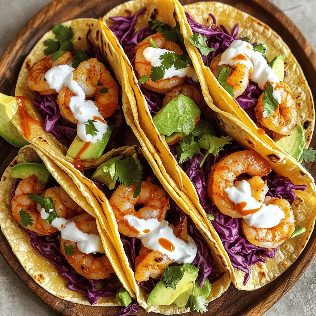 - Large shrimp - Cajun seasoning - Corn tortillas The main star of this dish is the large shrimp. They are juicy and tender. Cajun seasoning brings bold flavors that excite your taste buds. Corn tortillas hold everything together and add a nice texture. - Red cabbage - Avocado - Sour cream and hot sauce mixture Red cabbage adds a crunchy bite and a pop of color. Slices of creamy avocado add richness. The sour cream and hot sauce mixture gives a tangy kick that makes each bite special. - Fresh cilantro - Lime wedges - Sea salt and black pepper Fresh cilantro adds a refreshing touch. Lime wedges give you a zesty finish if you squeeze them on top. You can sprinkle sea salt and black pepper to enhance the flavors even more. This dish is not only quick to make but also full of flavor. You can find the full recipe for these tacos to try at home. Enjoy making your Spicy Cajun Shrimp Tacos! Start by combining shrimp, Cajun seasoning, olive oil, lime juice, salt, and pepper in a bowl. Mix well until the shrimp get fully coated. This step is key for great flavor. Allow the shrimp to marinate for about 15 minutes. This waiting time helps the spices soak in. Next, heat a large skillet over medium heat. When it’s hot, add the marinated shrimp in a single layer. Cook the shrimp for 2-3 minutes on each side. You want them to turn pink and opaque. Once done, remove the skillet from heat. This method keeps the shrimp juicy and tasty. In a separate dry skillet, warm the corn tortillas over medium heat. Heat them for around 30 seconds on each side. This makes them soft and easy to fold. Warming the tortillas also enhances their flavor. Now it’s time to build your tacos! Start by placing a handful of shredded red cabbage on each warm tortilla. Next, add a few pieces of cooked Cajun shrimp on top of the cabbage. To finish, layer on slices of creamy avocado. Drizzle a mix of sour cream and hot sauce over the shrimp. Adjust the hot sauce based on your spice level. Add a sprinkle of fresh cilantro for a burst of flavor. Serve these tacos right away, maybe with lime wedges on the side for a zesty touch. Enjoy your delicious meal! For the full recipe, check out the detailed instructions above. To make your shrimp juicy and full of flavor, marinate them well. Mix the shrimp with Cajun seasoning, olive oil, lime juice, salt, and pepper. Let them sit for about 15 minutes. This helps the spices soak in. When you cook the shrimp, use medium heat. Cook them for 2-3 minutes on each side until they turn pink and opaque. This way, they stay moist and tender. Adjust the heat of your tacos with hot sauce. Start with a tablespoon and taste. You can always add more if you like it spicier. For a milder version, skip the hot sauce or use a milder one. Try adding a bit of yogurt to balance out the heat. You can also use less Cajun seasoning for a gentler flavor. If you have leftovers, store them properly to keep them fresh. Place the shrimp in an airtight container and refrigerate them. They should last for about two days. For the tortillas, wrap them in foil or plastic wrap. Keep the toppings separate to avoid sogginess. Enjoy your Spicy Cajun Shrimp Tacos later, or try out the Full Recipe again! {{image_4}} You can swap shrimp for fish or chicken. Fish like tilapia or snapper work well. Just season them with Cajun spices and cook until flaky. For chicken, use boneless thighs or breasts. Cook them until they reach an internal temp of 165°F. Both choices bring great flavor and texture to your tacos. If you want a meat-free meal, try grilled veggies. Zucchini, bell peppers, and mushrooms are excellent options. Toss them in Cajun seasoning and grill until tender. This not only adds flavor but also gives a nice crunch. You can follow the same steps for assembling your tacos, adding the grilled veggies as the main filling. For a gluten-free meal, use gluten-free tortillas. Many brands offer soft corn or rice tortillas that taste great. Just warm them up in a skillet like regular tortillas. This way, everyone at the table can enjoy tasty tacos without worry. Feel free to mix and match these variations to suit your taste. The Full Recipe can guide you through every step! To store your leftover tacos, wrap them tightly in plastic wrap or foil. You can also use an airtight container. Keep them in the fridge. They will stay fresh for up to two days. If you want to keep them longer, consider freezing the shrimp and other components separately. To freeze cooked shrimp, let them cool first. Place them in a freezer bag. Remove as much air as possible to avoid freezer burn. You can also freeze extra toppings, like shredded cabbage and sliced avocado. Just remember that avocado may brown. Use it within three months for the best taste. When it's time to enjoy your tacos again, reheat them the right way. For shrimp, use a skillet over medium heat. Heat them for a few minutes until they are warm. For tortillas, warm them in a dry skillet for about 30 seconds on each side. This keeps them soft and tasty. If you need to, add a little oil to the pan for extra flavor. Yes, you can prep some parts ahead. Marinate the shrimp a few hours in advance. This helps the flavors soak in. You can also shred the cabbage and slice the avocado before serving. Just store these in airtight containers in the fridge. Warm the shrimp and tortillas right before you serve. This keeps everything fresh and tasty. These tacos pair well with many sides. Try serving them with: - Mexican rice for a hearty meal. - Black beans for added protein and flavor. - A fresh corn salad for a sweet crunch. - Chips and salsa for a fun appetizer. These sides complement the spices and give a full spread. You can adjust the spice level easily. For less heat, skip the extra hot sauce. Use mild Cajun seasoning instead of spicy. If you want more heat, add more hot sauce or choose a spicier seasoning. You can also serve sliced jalapeños on the side. This way, everyone can enjoy the tacos as they like. For the full recipe, check out the complete guide! Spicy Cajun shrimp tacos are easy to make and packed with flavor. We covered key ingredients, cooking steps, and tips for perfect results. You can customize these tacos with different proteins or toppings. Remember to store leftovers properly. Experiment and enjoy your tasty creation! These tacos are perfect for any meal, and you can make them just how you like.