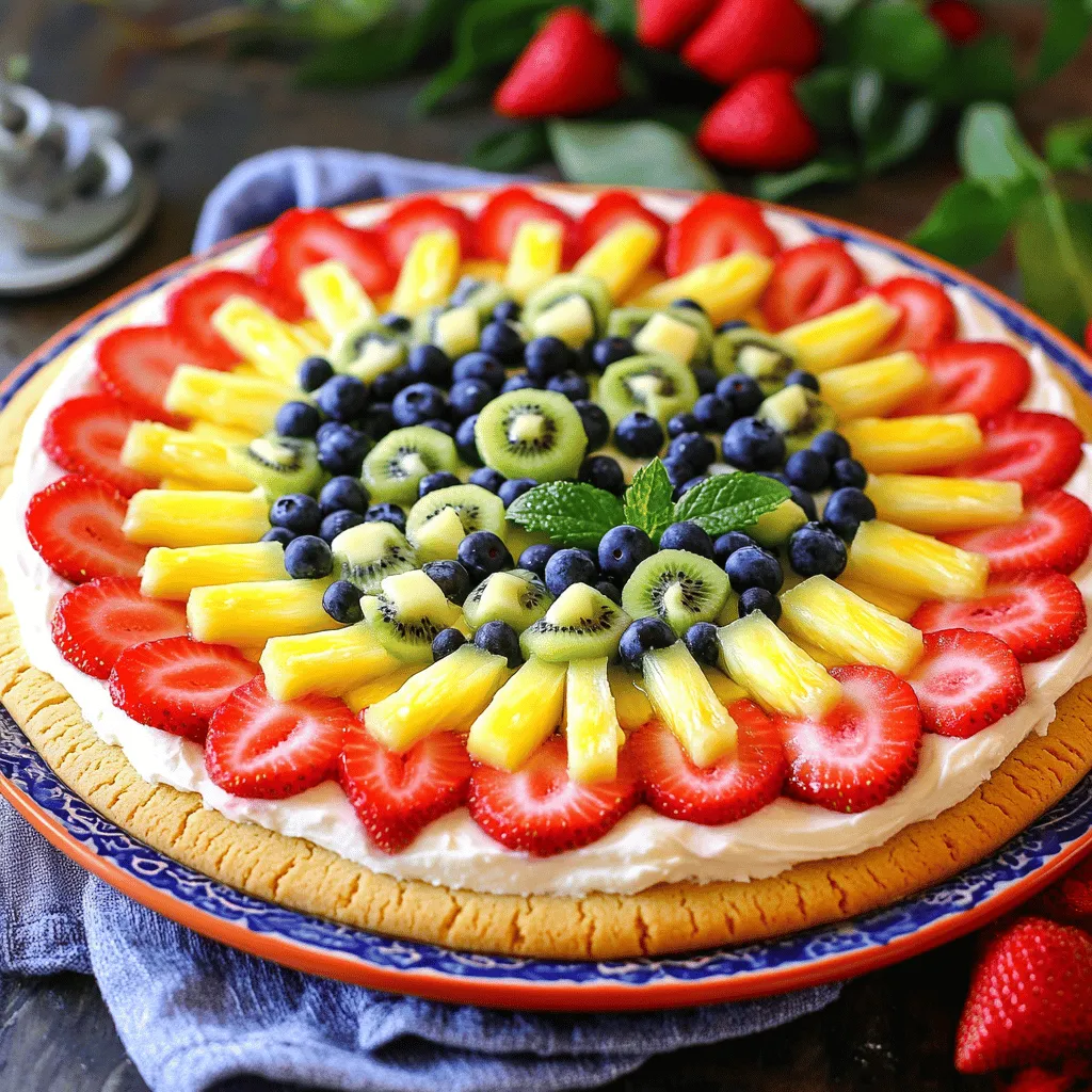 - Pre-made or homemade sugar cookie dough - Cream cheese and powdered sugar - Fresh fruits for topping - Optional ingredients for tanginess Choosing the best fruits makes your rainbow fruit pizza shine. Look for ripe, colorful options. Fresh strawberries, blueberries, and bananas work well. You can also use seasonal fruits like peaches or oranges for added flavor. If you want a twist, consider adding nuts or coconut flakes as toppings. These can give your pizza a nice crunch. To make this dessert, gather these tools: - Baking sheet and parchment paper - Mixing bowls and spatula - Electric mixer (optional) These tools help you create the perfect base and frosting for your pizza. Using parchment paper makes removing the cookie easier after baking. An electric mixer can save time when blending the frosting, but a whisk works just as well. For the best results, ensure everything is clean and ready to go. If you follow these tips, your rainbow fruit pizza will be a hit. For the full recipe, check the details provided in the earlier section. Start by preheating your oven to 350°F (175°C). This temperature is perfect for baking. Next, line a baking sheet with parchment paper. This will stop the cookie from sticking. Now, take your sugar cookie dough. Roll it out on the parchment paper. Shape it into a large circle. Aim for about ½ inch in thickness. Bake the cookie base for about 10-12 minutes. Look for a lovely golden brown color. This shows that it's done. Once baked, pull it from the oven. Let the cookie cool completely on the baking sheet. Cooling is key for spreading frosting later. In a mixing bowl, add softened cream cheese. Then, mix in the powdered sugar and vanilla extract. Use an electric mixer or whisk to blend until smooth. If you want a bit of tang, fold in some Greek yogurt. This adds a nice twist to the frosting. Once your cookie base has cooled, spread the cream cheese mixture on top. Use a spatula to make it even. Now, the fun begins! Arrange the fruits in a rainbow pattern. Start with kiwi on one end. Then add strawberries, blueberries, pineapple, and banana slices. This colorful display makes it eye-catching and fun! Chill the fruit pizza in the fridge for at least 30 minutes. This helps the frosting set up nicely. For serving, slice it into wedges. Place the slices on a colorful platter. Add a few fresh mint leaves for a bright touch. Your rainbow fruit pizza is now ready to impress! Check out the Full Recipe for all the details. To make your rainbow fruit pizza shine, arrange the fruits evenly. This way, each slice gets a colorful mix. Start with the kiwi at one end, then layer strawberries, blueberries, pineapple, and banana. This not only looks great but also tastes amazing. For extra flavor, consider adding a splash of lemon juice to the yogurt. This brightens the taste and keeps fruits fresh. You can also sprinkle a bit of cinnamon on the cream cheese layer for warmth. One common mistake is overmixing the frosting. This can make it too runny. Mix just until smooth and creamy. Also, avoid baking the cookie for too long. If it gets dark brown, it may be too hard. Aim for a light golden color for the best texture. For parties, use fun themes. You can make a holiday version with red and green fruits for Christmas. For summer, focus on bright, tropical fruits. Seasonal fruits are perfect, too. In spring, use strawberries and apricots. In fall, think about apples and pears. Explore the full recipe for more details on creating this delightful treat! {{image_4}} You can use many fruits on your rainbow fruit pizza. Try seasonal fruits to mix it up. Here are some great options: - Raspberries - Blackberries - Peaches - Grapes - Mangos Each fruit brings its own taste and color. You can also play with flavors. For a tropical twist, use pineapple and mango. For a tart touch, add raspberries and kiwi. The choices are endless! You can easily adapt this recipe for different diets. For a gluten-free option, use gluten-free cookie dough. Many brands offer tasty choices. For a dairy-free version, swap cream cheese for a dairy-free spread or cashew cream. If you want a vegan-friendly pizza, choose a plant-based yogurt for the frosting and skip the cream cheese. Use fruits like bananas and strawberries for added sweetness. These swaps make it easy for everyone to enjoy! Need to serve more people? You can double the recipe for bigger gatherings. Just bake two cookie bases and layer them the same way. For a fun twist, make mini fruit pizzas. Use small cookie cutters to shape individual bases. This way, everyone gets their own bite-sized treat! Kids love them, too! To keep your rainbow fruit pizza fresh, use an airtight container. A glass or plastic container works well. Make sure the pizza is fully cooled before covering it. This step helps prevent sogginess. Place a piece of parchment paper between the pizza and the lid. This keeps moisture away from the fruit. You can freeze the assembled fruit pizza for later enjoyment. Wrap it tightly in plastic wrap and then in aluminum foil. This double layer helps protect it from freezer burn. When you are ready to eat, move it to the fridge overnight to thaw. Avoid using a microwave, as it can make the fruits mushy. Rainbow fruit pizza lasts about 3-4 days in the fridge. After that, it may lose flavor and texture. Look for signs of spoilage, like a watery base or browning fruit. If the cream cheese layer smells sour, it’s time to toss it. Always trust your senses when it comes to food safety. Yes, you can make the cookie base ahead of time. After baking it, let it cool completely. Then, wrap it tightly in plastic wrap. Store it in the fridge for up to two days. This way, you can save time on the day you want to serve it. You have many fun options for toppings! Here are a few ideas: - Raspberries - Blackberries - Grapes, halved - Peaches, sliced - Mango, diced - Pomegranate seeds Feel free to mix and match to create your favorite flavor combo! To stop your fruit from browning, use these tips: - Brush sliced apples or bananas with lemon juice. - Keep cut fruits in cold water until you're ready to use them. - Store them in an airtight container. These steps help keep your fruit vibrant and fresh! Yes, you can swap cream cheese for Greek yogurt or cottage cheese. These options are lower in fat and add protein. If you want a sweeter taste, mix in a bit of honey. This makes a tasty and lighter topping! Yes, you can use frozen fruits for your pizza. Just thaw and drain them first. This way, you avoid extra moisture on your cookie base. Be aware, though, that frozen fruits can be softer. They might not hold their shape as well as fresh fruits. You learned how to make a delicious Rainbow Fruit Pizza. We covered all the key ingredients, tools, and step-by-step instructions. Don't forget the tips on avoiding common mistakes and special occasion ideas. Remember, you can customize this treat with different fruits and dietary needs. With the right storage, leftovers can last and still taste great. This fun and colorful dessert is sure to impress anyone. Enjoy making it for yourself or to share with friends!