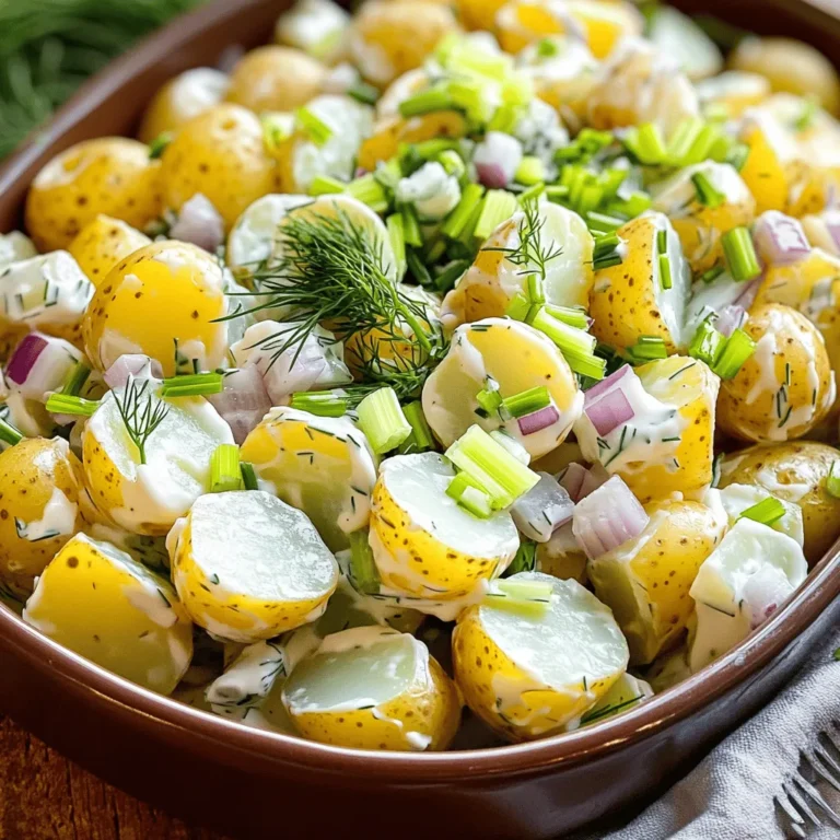 To make a tasty classic potato salad, you need simple, fresh ingredients. Here’s what you will need: - 2 pounds baby Yukon gold potatoes - 1 cup creamy mayonnaise - 2 tablespoons Dijon mustard - 1 tablespoon apple cider vinegar - 1 cup finely diced celery - 1/2 cup finely chopped red onion - 1/4 cup chopped fresh dill - 2 tablespoons finely chopped fresh chives - Salt and freshly ground pepper to taste - Optional: 2 hard-boiled eggs, chopped These ingredients create a creamy and flavorful potato salad. The baby Yukon gold potatoes add a sweet, buttery taste. The mayonnaise and mustard give it a rich, tangy twist. Fresh herbs like dill and chives add brightness and depth. Plus, the crunch from celery and onion keeps it interesting. If you want a protein boost, add hard-boiled eggs. You can find the Full Recipe further along in this article, where I detail each step! To begin, you need to boil the potatoes. Take 2 pounds of baby Yukon gold potatoes and cut them in half. Place them in a large pot and cover them with cold water. Add a pinch of salt to the water for flavor. Heat the pot over medium-high heat until the water boils. Once it boils, lower the heat to medium-low. Let the potatoes cook for about 10 to 12 minutes. To check for doneness, use a fork. The potatoes should be soft but not falling apart. When they are done, drain them in a colander. Allow them to cool in a large bowl. This helps them soak up flavor later. While the potatoes cool, make the creamy dressing. In a separate bowl, whisk together 1 cup of creamy mayonnaise, 2 tablespoons of Dijon mustard, and 1 tablespoon of apple cider vinegar. Add a sprinkle of salt and pepper for taste. Mix until smooth and creamy. Next, add in 1 cup of finely diced celery, 1/2 cup of finely chopped red onion, 1/4 cup of fresh dill, and 2 tablespoons of fresh chives. Stir everything together well. This dressing gives the salad its fresh and vibrant flavor. Now it's time to combine the ingredients. Once the potatoes have cooled enough to handle, gently fold them into the creamy dressing. Be careful to keep the potato halves intact. This keeps the salad looking nice. If you want to add protein, you can fold in 2 chopped hard-boiled eggs at this point. They add a nice texture and boost the nutrition. Finally, taste your salad. Adjust the seasoning if needed, adding more salt and freshly ground pepper to suit your taste. Cover the bowl with plastic wrap and refrigerate for at least 1 hour. This lets the flavors blend. For the full recipe, including serving ideas and tips, check the section above. Choosing the right potatoes For potato salad, I prefer baby Yukon gold potatoes. They have a creamy texture and great flavor. Always pick firm potatoes with no green spots or blemishes. These potatoes hold their shape well after cooking. Avoiding mushy potatoes To keep your potatoes tender but not mushy, watch the cooking time closely. Boil them for 10-12 minutes. Test them with a fork; they should pierce easily but not fall apart. If you overcook them, your salad will turn into a paste. Adding spices or herbs for a twist You can add a twist to your classic potato salad. Try mixing in spices like paprika or herbs like thyme. Fresh dill and chives make a great addition too, giving your salad a fresh, bright taste. Tips for the perfect creamy texture For a creamy texture, use a good mayonnaise. I love creamy mayonnaise mixed with Dijon mustard. This combo adds depth to the flavor. Whisk together with apple cider vinegar for a tangy kick. Serving suggestions for gatherings Serve your potato salad in a large, shallow dish. This makes it easy for guests to help themselves. You can also place it on a bed of greens for a nice touch. Garnishing ideas for an appealing look Garnish your salad with extra chopped dill and a few chives on top. This adds color and makes it look fresh. You can even add slices of hard-boiled eggs for a classic finish. For the full recipe, check out the full recipe section above! {{image_4}} You can make potato salad in many ways. For a vegan twist, use plant-based mayo instead of regular mayo. This keeps the creamy texture while making it dairy-free. You can also add fun ingredients like crispy bacon or crunchy pickles. Bacon adds a savory taste, while pickles give a nice tang. Both choices can change the whole flavor of the dish. Potato salad comes in various styles. Southern-style is creamy and rich, often with lots of mayonnaise. German-style is different; it often includes vinegar and mustard, giving it a tangy bite. You can also play with flavors. Try adding hot sauce for a spicy kick or fresh herbs for a bright taste. Each style brings its own unique charm. For the full recipe, check out the detailed instructions above. To store leftover classic potato salad, place it in an airtight container. This keeps it fresh and safe. You should eat it within three to five days. Always check for any off smells before eating. Ideal storage containers include glass or plastic with tight lids. Label the container with the date to track freshness. Can you freeze potato salad? No, it’s not the best choice. Freezing can change the texture of the potatoes and the dressing. If you must freeze it, use a freezer-safe container. When you want to eat it, thaw it in the fridge overnight. Use it within a few days after thawing. The texture may not be the same, but it can still taste good. Yukon gold potatoes work best for potato salad. They have a creamy texture and hold their shape well. Their flavor is mild and buttery, making them perfect for mixing with dressing. You can also use red potatoes for a firmer bite. Both options give great taste and texture. You can store potato salad in the fridge for about three to five days. Make sure to keep it in a tightly sealed container. If you notice any off smells or changes in texture, it is best to throw it away. Always check for freshness before serving. Yes, you can make potato salad a day ahead of time. In fact, it often tastes better after sitting in the fridge for a few hours or overnight. This time allows the flavors to blend nicely. Just remember to keep it covered well to prevent it from drying out. Potato salad pairs well with many dishes. It makes a great side for grilled meats like burgers and chicken. You can also serve it with fish or at picnics with sandwiches. For a full meal, add a green salad or some fresh fruit on the side. Try it with a refreshing drink for a perfect summer feast. This creamy herb potato salad is simple and tasty. You can make it in about 15 minutes, but it needs time to chill. The total time is 1 hour and 30 minutes, and it serves 6 people. For more details on how to make this dish, check the [Full Recipe](#). Prep Time: 15 minutes Total Time: 1 hour 30 minutes Servings: 6 This potato salad is great for summer meals. You can serve it at picnics, barbecues, or potlucks. I love to garnish it with extra dill and chives for a colorful touch. Enjoy! In this post, I shared how to make a classic potato salad. We covered the ingredients, tips for cooking the potatoes, and mixing the dressing. I showed you how to add flavors and enhance your dish. Remember, you can store leftovers correctly or even try tasty variations. Potato salad is easy to make and perfect for any meal. Enjoy your cooking adventure!