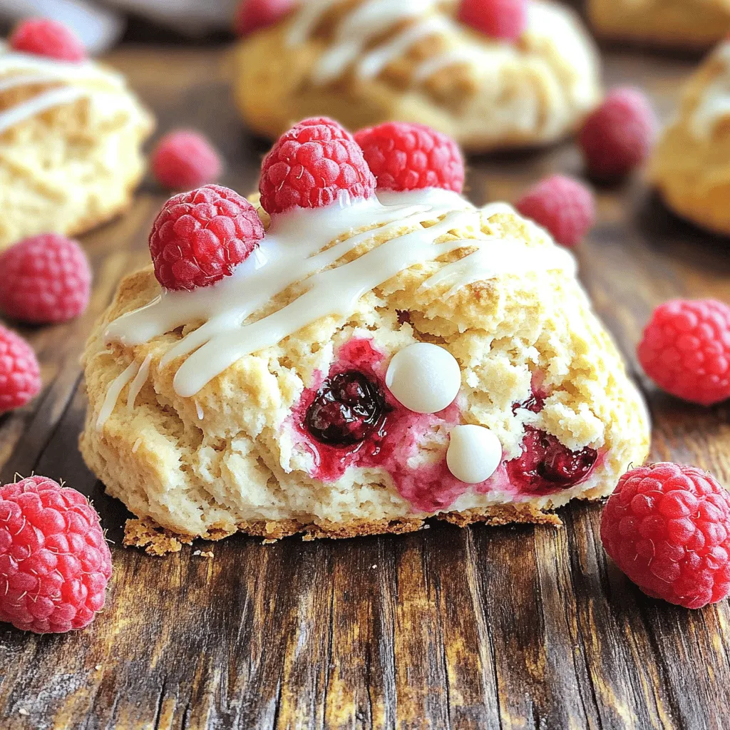 To make white chocolate raspberry scones, you need simple ingredients. These items come together to create a sweet treat. The scones balance rich white chocolate with tart raspberries, making them delightful. - 2 cups all-purpose flour - 1/2 cup granulated sugar - 2 teaspoons baking powder - 1/2 teaspoon salt - 1/4 cup cold unsalted butter, cubed - 1/2 cup heavy cream - 1 large egg - 1 teaspoon pure vanilla extract - 1 cup fresh raspberries - 1/2 cup white chocolate chips (plus extra for topping) - 1 tablespoon milk (for brushing) You can add mix-ins for more flavor. Some ideas include: - Lemon zest for brightness - Chopped nuts for crunch - A dash of almond extract for depth These options let you tailor the scones to your taste. 1. Preheat your oven to 425°F (220°C). This helps the scones rise well. 2. Line a baking sheet with parchment paper for easy cleanup later. 3. In a large bowl, mix together 2 cups of all-purpose flour, 1/2 cup of granulated sugar, 2 teaspoons of baking powder, and 1/2 teaspoon of salt. Whisk them until smooth. 4. Cut 1/4 cup of cold, unsalted butter into small cubes. Add it to the flour mix. Use a pastry cutter or your fingertips to mix until it looks like coarse crumbs. 5. In another bowl, whisk together 1/2 cup of heavy cream, 1 large egg, and 1 teaspoon of pure vanilla extract. This will add flavor and richness to your scones. 6. Pour the wet mix into the dry mix. Stir gently with a spatula until they just combine. Don't overmix; this keeps the scones tender. 7. Fold in 1 cup of fresh raspberries and 1/2 cup of white chocolate chips. Be careful not to break the raspberries. 8. Lightly flour a clean surface and turn the dough out onto it. Shape it into a disc about 1 inch thick. 9. Cut the disc into 8 wedges. Place these on the prepared baking sheet, leaving 2 inches between each one. 10. Brush the tops with 1 tablespoon of milk. This gives them a nice shine. Add some extra white chocolate chips on top for sweetness. 11. Bake for 15-20 minutes until golden brown. Check doneness with a toothpick. If it comes out clean, they are ready. 12. Once baked, remove the scones from the oven. Let them cool on a wire rack for the best texture. 13. For serving, arrange the warm scones on a pretty platter. Garnish with fresh raspberries and drizzle melted white chocolate on top. 14. Enjoy them with a cup of tea or coffee for a delightful treat. For the full recipe, check [Full Recipe]. To make light and fluffy scones, use cold butter. The cold butter creates small pockets of air. This helps your scones rise well as they bake. Aim for a crumbly texture when mixing the butter into the flour. You want to see small clumps of butter. These clumps will melt and create steam, leading to a tender scone. Another tip is to avoid overmixing. When you mix wet and dry ingredients, do it gently. Stir just until combined. This keeps the scones tender and flaky. One common mistake is using warm butter. Warm butter will not create the same fluffy texture. Always stick with cold, cubed butter. Another mistake is overworking the dough. If you knead or mix too much, your scones can become tough. Remember, treat the dough gently. Make sure to space the scones well on the baking sheet. If they are too close, they won't bake evenly. Keep about 2 inches of space between each scone. You can enhance the flavor by adding a pinch of salt. It balances the sweetness of the white chocolate. For visual appeal, sprinkle extra white chocolate chips on top before baking. This adds a lovely touch. A drizzle of melted chocolate after baking looks fancy too. Try serving the scones warm with fresh raspberries. This not only looks great but also adds a burst of flavor. For the full recipe, check the section above. {{image_4}} You can easily change the recipe for white chocolate raspberry scones. Use different berries, like blueberries or strawberries. You can also try nuts, like chopped pecans or walnuts, for crunch. If you want a zesty twist, add lemon or orange zest. This adds a fresh flavor that pairs well with the sweetness of white chocolate. Mixing flavors can make your scones unique. For a tropical vibe, add shredded coconut along with the raspberries. If you love spices, try cinnamon or cardamom for warmth. A touch of almond extract can boost the flavor too. These combinations can take your scones to a new level. You can make these scones gluten-free by using a gluten-free flour blend. Just ensure it has a binding agent, like xanthan gum. For a dairy-free option, swap heavy cream with coconut cream or almond milk. Use dairy-free butter or margarine instead of regular butter. These simple swaps let everyone enjoy these scones, no matter their diet. For more ideas and details, check out the Full Recipe. To keep your white chocolate raspberry scones fresh, store them in an airtight container. This helps them stay soft and moist. You can leave them at room temperature for up to two days. If you want to keep them longer, refrigerate them. Just remember to wrap them well to avoid drying out. Reheating scones is easy. Preheat your oven to 350°F (175°C). Place the scones on a baking sheet and cover them lightly with foil. Heat for about 10 minutes. This method warms them up nicely without making them tough. You can also use a microwave for a quick fix. Just heat them for about 15-20 seconds. Enjoy them warm for the best taste. If you want to save some scones for later, freezing is a great option. First, let the scones cool completely. Then, wrap each one in plastic wrap. Place the wrapped scones in a freezer bag or container. They can stay frozen for up to three months. When you are ready to enjoy, thaw them overnight in the fridge and reheat as mentioned above. For the full recipe, check out the detailed instructions above. Yes, you can use frozen raspberries. They work well in scones but may change the texture. Thaw the raspberries first and drain excess liquid. This step helps keep the dough from getting too wet. Frozen raspberries may break apart more easily. Just handle them gently when mixing into the dough. The scones are done when they turn golden brown. Insert a toothpick into the center of a scone. If it comes out clean, the scones are baked through. Baking time is about 15-20 minutes at 425°F. Watch them closely toward the end to prevent burning. These scones pair well with tea or coffee. A nice cup of Earl Grey tea complements the sweet flavors. You can also enjoy them with fresh cream or a dollop of clotted cream. Adding a few fresh raspberries on the side enhances the presentation and taste. For a sweet touch, drizzle melted white chocolate over them just before serving. In this post, we covered how to make delicious white chocolate raspberry scones. We detailed the ingredients, step-by-step instructions, and tips to ensure great texture and flavor. You learned about variations and storage ideas to keep your scones fresh. Remember to avoid common mistakes and experiment with mix-ins for unique flavors. I hope you feel confident to bake these tasty treats and share them with others. Enjoy every bite!