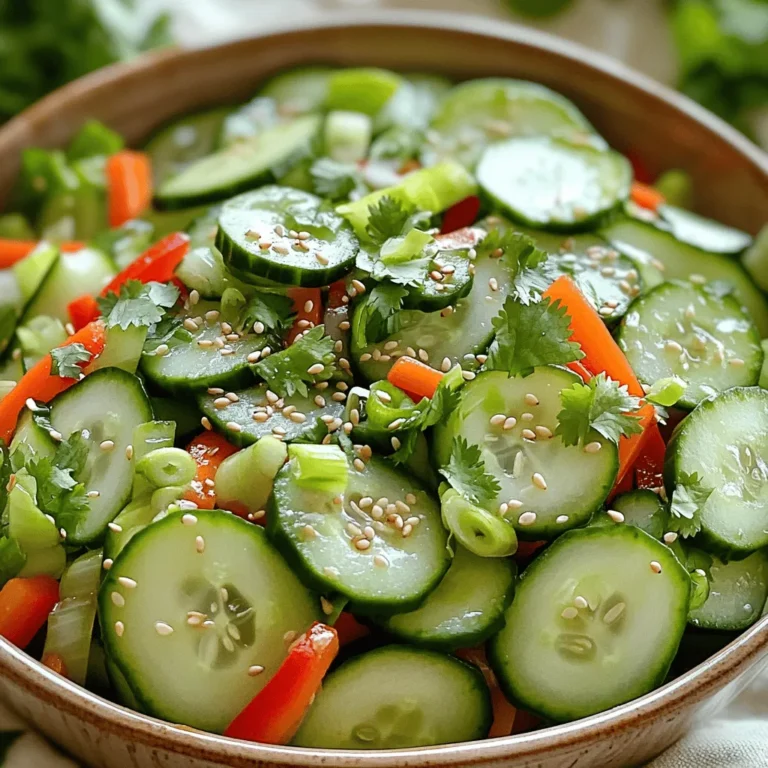 For a delightful Easy Cucumber Slaw, you need simple, fresh ingredients. Here’s what you will gather: - Cucumbers - Carrot - Red bell pepper - Green onions - Fresh cilantro - Dressing components: - Rice vinegar - Honey or maple syrup - Sesame oil - Soy sauce - Seasoning: - Salt - Pepper - Sesame seeds This vibrant mix of veggies adds color and crunch. The dressing ties everything together with its sweet and tangy flavor. Each ingredient plays a role in making this slaw both refreshing and satisfying. You can find the full recipe for preparation details. Enjoy making this easy side dish that complements any meal! To start, gather your fresh veggies. You need 2 large cucumbers, 1 medium carrot, 1 red bell pepper, and 3 green onions. First, slice the cucumbers into thin rounds. Next, julienne the carrot into thin strips. Then, slice the red bell pepper into strips. Finally, chop the green onions into small pieces. Place all the veggies in a large mixing bowl. Next, let’s make the dressing. In a small bowl, combine 1/4 cup of rice vinegar, 1 tablespoon of honey or maple syrup, 1 tablespoon of sesame oil, and 1 teaspoon of soy sauce. Whisk this mixture until it is smooth and well combined. This dressing will add a delightful flavor to your slaw. Now it’s time to put everything together. Pour the dressing over the mixed vegetables in the large bowl. Toss gently to coat all the veggies evenly. Add 1/4 cup of freshly chopped cilantro and season with salt and freshly cracked pepper to taste. Mix it all again with gentle motions. Let the slaw sit for at least 10 minutes. This resting time helps the flavors blend nicely. Just before serving, sprinkle sesame seeds on top for extra crunch. Enjoy your Easy Cucumber Slaw! For the full recipe, please check the link. Letting the slaw sit is key. After you mix the veggies and dressing, rest it for at least 10 minutes. This time helps the flavors blend. The cucumbers soften just a bit, making every bite tasty. The longer you wait, the better the slaw tastes. You can even let it sit for up to 30 minutes if you want a stronger flavor. Presentation makes a big difference. Serve the slaw in a bright, shallow bowl. This way, the colors of the veggies shine. Add a few sprigs of cilantro on top. This adds extra green and freshness. You can also serve the slaw with a side of lime wedges. This gives guests a chance to add a zesty kick. Want to boost the taste? Consider adding lime juice. Just a squeeze before serving brightens the whole dish. You could also add sliced jalapeños for some heat. If you like crunch, try adding chopped nuts like peanuts or cashews. For a sweet twist, mix in some diced mango or pineapple. These small changes can make your Easy Cucumber Slaw unique and exciting. {{image_4}} You can mix in many other vegetables for added crunch and flavor. Try adding shredded cabbage for a nice texture. Radishes also bring a peppery bite that pairs well with cucumbers. You might enjoy diced tomatoes, which can add some juiciness. You can swap in green bell peppers for a milder taste. Even thinly sliced snap peas can add a fun pop! Feel free to experiment based on what you have at home. The dressing can change the whole vibe of the slaw. For a creamier option, mix in some Greek yogurt or mayo. You can also try a zesty citrus dressing with lime or lemon juice. If you want a spicy kick, add some chili paste or Sriracha. A sesame peanut dressing can give a rich, nutty flavor. By changing the dressings, you can create a new dish each time! If you're vegan, simply use maple syrup instead of honey. This slaw is already gluten-free if you choose gluten-free soy sauce. You can also leave out the soy sauce for a fresh taste. If you want a low-carb version, try using spiralized zucchini instead of cucumbers. These options make this slaw friendly for many diets, so everyone can enjoy it! To keep your Easy Cucumber Slaw fresh, store it in an airtight container. This keeps moisture out and prevents sogginess. If you have leftover slaw, ensure it cools to room temperature first. Once cooled, seal it tightly and place it in the fridge. I recommend eating it within three days for the best taste. For the best quality, consume the slaw within three days. After that, the cucumbers can become too soft. If you notice any signs of spoilage, like an off smell or sliminess, it’s best to throw it away. The quicker you eat it, the fresher it will taste. You don’t need to reheat cucumber slaw. It’s best enjoyed cold. If you want to freshen it up after storage, add a little more dressing or a splash of vinegar. This will revive the flavors and keep it crisp. Enjoy it straight from the fridge for a refreshing bite! For the full recipe, check out the [Full Recipe]. For the best slaw, I recommend using English cucumbers. They are long and slender, with thin skin and few seeds. Their taste is mild and crisp, which makes them perfect for salads. You can also use Persian cucumbers. They are smaller, crunchy, and sweet. Avoid regular garden cucumbers, as they can be bitter and watery. The right cucumber gives your slaw a fresh flavor. Yes, you can prep your cucumber slaw the night before. Just cut the cucumbers and other veggies, and store them in an airtight container. Keep the dressing separate until you are ready to serve. Mixing them right before serving keeps the veggies crisp and fresh. This way, you save time and still get great taste. Cucumber slaw can last about 2 to 3 days in the fridge. To keep it fresh, store it in an airtight container. As time passes, the cucumbers may release water. If that happens, just drain the excess liquid before serving. Always check for any off smells or changes before eating. Enjoy your slaw while it’s still at its best! This blog post covered the key ingredients and steps to make a fresh cucumber slaw. I shared tips for storage, serving, and variations that keep it tasty. Remember that resting the slaw boosts its flavor. Whether you use different veggies or dressings, make it your own. Storing leftovers properly helps maintain freshness. Enjoy your slaw as a side dish or snack. It’s easy, fun, and delicious! Happy cooking!