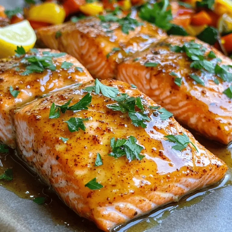 To make Cajun Honey Butter Salmon, gather these items: - 4 salmon fillets (approximately 6 ounces each) - 3 tablespoons unsalted butter - 2 tablespoons honey - 1 tablespoon Cajun seasoning - 1 teaspoon garlic powder - 1 teaspoon smoked paprika - Salt and pepper to taste - 1 tablespoon fresh lemon juice (about half a lemon) - Fresh parsley, finely chopped (for garnish, optional) Here’s what you need to prepare this dish: - Oven - Baking sheet - Parchment paper - Small saucepan - Paper towels - Measuring spoons - Knife and cutting board - Spatula or tongs If you need to convert measurements, here are some quick tips: - 1 tablespoon = 3 teaspoons - 1 cup = 8 ounces - 1 pound = 16 ounces Using these ingredients, tools, and conversions will help you create a delicious Cajun Honey Butter Salmon. For a detailed guide, check out the Full Recipe. First, preheat your oven to 375°F (190°C). This step warms your oven for even cooking. While it heats, grab a baking sheet. Line it with parchment paper to make clean-up easy later. Next, melt 3 tablespoons of unsalted butter in a small saucepan over low heat. Once melted, add 2 tablespoons of honey, 1 tablespoon of Cajun seasoning, 1 teaspoon of garlic powder, and 1 teaspoon of smoked paprika. Stir them until mixed well and fragrant. Take the saucepan off the heat and let the sauce cool a bit. Now, take 4 salmon fillets and pat them dry with a paper towel. This helps them sear better. Season both sides with salt and pepper. Make sure to coat them evenly for the best flavor. Place the fillets skin-side down on your prepared baking sheet. Pour the Cajun honey butter mixture over each fillet, covering them well. Remember to save about 1 tablespoon of the sauce for later. Bake the salmon in your preheated oven for 12-15 minutes. It’s ready when it flakes easily with a fork and is opaque in the middle. When you take it out, drizzle the reserved Cajun honey butter over the top. Squeeze fresh lemon juice on each fillet to brighten the taste. If you like, sprinkle some chopped parsley on top before serving. This step-by-step approach makes cooking Cajun honey butter salmon simple and fun. You can find the Full Recipe for more details! To cook salmon just right, start with fresh fillets. Fresh fish shines in flavor and texture. Make sure to pat the fillets dry before cooking. This step helps achieve a nice crust. Preheat your oven to 375°F (190°C) for even cooking. Bake the salmon for 12-15 minutes. Check it with a fork; it should flake easily. The center should look opaque. If you have a meat thermometer, aim for 145°F (63°C). This temperature ensures your salmon is safe to eat. Garnishing your dish adds flair and flavor. Fresh parsley is a great choice. It gives a pop of color and taste. Lemon wedges are another excellent option. They add brightness and acidity. Serve your salmon with sautéed seasonal veggies for balance. It can be green beans, asparagus, or zucchini. A side of rice or mashed potatoes complements the dish well. For a light touch, a crisp salad goes nicely, too. Each adds a different texture and taste. One common mistake is overcooking the salmon. Keep an eye on the cooking time. It can dry out quickly. Another mistake is skipping the seasoning. Generously season both sides with salt and pepper. This step enhances the natural flavors. Avoid using too much Cajun seasoning. It packs a punch, so use it wisely. Lastly, don’t forget to let the salmon rest after baking. This step helps lock in juices for a tender bite. Following these tips will help you create a delicious meal. For the full recipe, check out our Cajun Honey Butter Salmon guide. {{image_4}} You can spice things up with more heat. Add extra Cajun seasoning for a kick. Try using cayenne pepper or chili flakes. Mix these into the honey butter sauce before pouring it over the salmon. This will give your dish a bold flavor. You can also serve it with a side of spicy coleslaw. The coolness of the slaw will balance the heat. Grilling adds a smoky flavor. To make grilled Cajun honey butter salmon, prepare the sauce as usual. Instead of baking, heat your grill to medium-high. Oil the grill grates lightly to prevent sticking. Place the salmon skin-side down on the grill. Cook for about 6-8 minutes on each side. Brush with the Cajun honey butter while grilling. Remove the salmon when it flakes easily. This method gives you great grill marks and a nice char. If you want a different taste, try other seasonings. Lemon pepper or Italian herbs can change the flavor profile. For a sweet twist, use brown sugar instead of honey. This creates a caramelized crust on the salmon. You can even mix in some ginger for a zesty kick. Experiment with what you love. Each variation can lead to a unique dish. To store leftover salmon, place it in an airtight container. You want to keep it fresh. Make sure to cover the salmon tightly with plastic wrap or foil before putting it in the container. This helps prevent drying out. Salmon can last in the fridge for up to three days. Always check for any off smells before eating. When reheating salmon, make sure to do it gently. You can use the oven or a microwave. To use the oven, preheat it to 275°F (135°C). Place the salmon on a baking sheet. Cover it with foil to keep it moist. Heat for about 15 minutes. If using a microwave, place the salmon on a microwave-safe plate. Cover it with a damp paper towel. Heat in short bursts of 30 seconds until warm. This keeps the salmon juicy. Freezing salmon is a great way to save it for later. First, ensure it's cooled to room temperature. Wrap each fillet tightly in plastic wrap. Then, place it in a freezer bag. Try to remove as much air as possible. Label the bag with the date. Frozen salmon can last up to three months. When you're ready to eat it, thaw it overnight in the fridge. You can also refer to the Full Recipe for more details on preparation and cooking. Cajun seasoning is a mix of spices from Louisiana. It often includes paprika, garlic powder, onion powder, and cayenne pepper. This blend gives dishes a warm and spicy flavor. You can buy it or make your own. Just mix equal parts of the spices listed above. It adds a kick to any meal. Yes, you can use frozen salmon. Just make sure to thaw it first. Place the salmon in the fridge overnight or run it under cold water. After thawing, pat it dry with a paper towel. This step helps the Cajun honey butter stick better. To check if salmon is done, look for two signs. First, the fish should flake easily with a fork. Second, it should look opaque in the center. The internal temperature should reach 145°F (63°C). Use a meat thermometer for the best results. Cajun Honey Butter Salmon pairs well with many sides. Here are some tasty options: - Steamed green beans - Roasted asparagus - Garlic mashed potatoes - Quinoa with herbs - A fresh garden salad These sides balance the rich flavor of the salmon. For a full recipe, check out the complete guide. In this blog post, we covered how to make Cajun Honey Butter Salmon. We discussed the key ingredients, tools, and measurements needed. You learned step-by-step instructions for baking this tasty dish. Tips helped you avoid common mistakes and achieve perfection. We explored variations like spicy and grilled salmon. Finally, we provided storage info and answered common questions. Cooking doesn’t have to be hard! Just follow these steps, and enjoy great salmon.