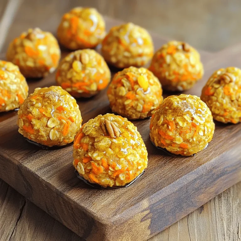For these delightful bites, gather the following ingredients: - 2 cups grated carrots (about 3 medium carrots) - 1 cup rolled oats - 1 cup dates, pitted and soaked in warm water for 10 minutes - 1/2 cup walnuts, finely chopped - 1/4 cup pure maple syrup - 1 teaspoon vanilla extract - 1 teaspoon ground cinnamon - 1/2 teaspoon ground ginger - 1/4 teaspoon ground nutmeg - 1/4 teaspoon sea salt - 1/3 cup raisins (optional) These ingredients not only taste great but also offer health benefits: - Carrots are rich in beta-carotene, which supports eye health. - Rolled oats provide fiber, aiding digestion and keeping you full. - Dates are natural sweeteners packed with vitamins and minerals. - Walnuts offer healthy fats, which boost brain health. - Maple syrup is a good alternative to refined sugars, with antioxidants. - Spices like cinnamon and ginger have anti-inflammatory properties, promoting overall health. You can easily swap out some ingredients based on your needs: - Grated carrots can be replaced with finely shredded zucchini for a different flavor. - Rolled oats may be substituted with almond meal for a gluten-free option. - Use dried figs or apricots in place of dates for a unique taste. - Almonds can replace walnuts if you have nut allergies. - If you want to avoid maple syrup, try agave syrup or honey (if not strictly vegan). By mixing and matching these ingredients, you can make the bites your own while keeping them tasty and healthy. For more details, check the Full Recipe. Start by soaking the dates in warm water for ten minutes. This softens them, making them easier to blend. After soaking, put the dates in a food processor. Blend until you get a smooth paste. If the mix is too thick, add a splash of soaking water. This will help make it creamy. A good date mixture binds the bites well, so take your time here. In a large mixing bowl, combine the grated carrots, rolled oats, and finely chopped walnuts. Add the maple syrup, vanilla extract, ground cinnamon, ground ginger, ground nutmeg, and sea salt. Mix everything well. Use a spatula or a wooden spoon to ensure each ingredient is evenly distributed. This step builds the flavor base for your bites. Next, add the date mixture to the bowl of dry ingredients. Mix thoroughly until everything is well combined. If you like, fold in the raisins for added sweetness. Now, scoop out portions of the mixture with your hands. Shape them into small balls, about 1 inch in diameter. Place each bite on a parchment-lined baking sheet. This prevents sticking. Chill the bites in the fridge for at least one hour. This helps them firm up and hold their shape. After chilling, they are ready to enjoy! To make your Vegan Carrot Cake Bites great, focus on texture and flavor. Use fresh, grated carrots for the best taste. Grate them finely to blend well. Soaking the dates adds moisture and sweetness. Blend them until smooth for a creamy texture. If you want a less sticky mix, add a bit more oats. Chilling them is key. It helps the bites hold their shape. These bites shine as a snack or dessert. Serve them chilled on a pretty platter. You can also garnish with extra walnuts or a sprinkle of cinnamon. Pair them with a cup of tea or coffee for a cozy treat. They work well for parties, picnics, or a healthy lunch box addition. Want to mix things up? Here are some fun ideas: - Add Citrus: Mix in orange or lemon zest for a bright twist. - Nutty Flavor: Try pecans or almonds instead of walnuts. - Chocolate Lovers: Fold in dark chocolate chips for a sweet surprise. - Spicy Kick: Add a pinch of cayenne pepper for a spicy kick. - Dried Fruits: Experiment with dried cranberries or apricots for added texture. Each variation adds a new layer of flavor. Mix and match to find your favorite! For the full recipe, check out the previous section. {{image_4}} Each Vegan Carrot Cake Bite has about 100 calories. This makes it a nice treat. If you eat two, you’ll get around 200 calories. You can enjoy these bites without guilt. The bites contain healthy carbs, protein, and fats. Here's a quick look at the macronutrient breakdown: - Carbohydrates: 15 grams - Protein: 2 grams - Fat: 4 grams The oats and dates give you energy. The walnuts provide healthy fats and some protein. These bites fit well in a vegan diet. They contain no animal products, making them a great choice. The ingredients are also rich in vitamins and minerals. Carrots add beta-carotene, while walnuts offer omega-3 fatty acids. This snack is tasty and packed with nutrients. You can feel good about serving these bites to your friends and family. For the full recipe, refer to the recipe section above. Store your Vegan Carrot Cake Bites in an airtight container. Keep them in the fridge. This keeps them fresh and tasty. If you prefer, you can also keep them in a cool pantry for a day or two. However, the fridge is best for longer storage. These bites last about a week in the fridge. If you want to keep them longer, freeze them! Place the bites on a baking sheet and freeze them until solid. Then, transfer them to a freezer-safe container. They can stay fresh for up to three months. When ready to enjoy, just thaw them in the fridge overnight. You don’t need to reheat Vegan Carrot Cake Bites. They taste great cold or at room temperature. If you want them slightly warm, pop them in the microwave for 10-15 seconds. Enjoy your tasty bites any way you like! For the complete recipe, check the Full Recipe section. Yes, you can make these bites gluten-free. Just swap rolled oats for gluten-free oats. Many brands offer gluten-free oats. Check the label to ensure they meet gluten-free standards. This way, you can enjoy these bites without worry. Vegan Carrot Cake Bites last about one week in the fridge. Store them in an airtight container. This keeps them fresh and moist. If you plan to keep them longer, consider freezing them. They are still tasty after freezing. You can enjoy these bites plain or with toppings. Here are some ideas: - A drizzle of almond butter - A sprinkle of chopped nuts - A dollop of coconut yogurt - Shredded coconut for extra sweetness These options add flavor and fun textures. They make the bites even more delightful! You can find the Full Recipe to explore more about making these bites at home. Vegan Carrot Cake Bites are easy to make and full of flavor. We discussed the key ingredients, their health benefits, and some swaps. You learned how to prepare, form, and chill the bites step by step. We covered tips to make them perfect and how to serve them. Nutritional info showed their health benefits, while storage details helped keep them fresh. These bites are versatile and fun! Use this guide to enjoy a tasty snack that fits your diet and lifestyle. Happy making!