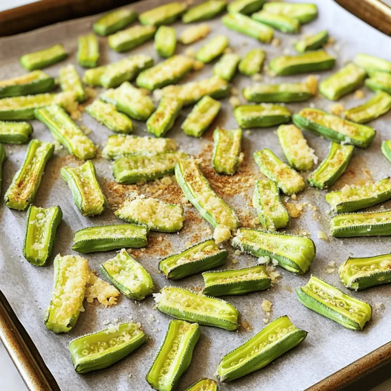 - 1 pound fresh okra - 2 tablespoons extra virgin olive oil - 1 teaspoon garlic powder - 1 teaspoon smoked paprika - 1/2 teaspoon ground cumin - 1/2 teaspoon salt - 1/4 teaspoon freshly ground black pepper - 1/4 teaspoon cayenne pepper (optional) - 2 tablespoons freshly grated Parmesan cheese (optional) Gathering the right ingredients is key to making crispy garlic okra chips. Fresh okra offers a unique taste and great texture. When you pick out okra, look for bright green pods that are firm and smooth. The olive oil serves as the base for your spices. It helps to crisp the okra and adds a rich flavor. Garlic powder brings a punch of taste without any hassle. Smoked paprika adds depth and a slight smokiness, which pairs well with the okra. Ground cumin gives the chips an earthy note. Salt and pepper enhance all the flavors, while cayenne pepper adds a spicy kick if you want it. Finally, Parmesan cheese can add richness, making the chips even more delicious. - Calories per serving: About 120 calories - Key vitamins and minerals: High in vitamins A and C, magnesium, and fiber - Health benefits of okra: Okra is low in calories and packed with nutrients. It supports digestion, boosts heart health, and provides antioxidants. Eating crispy garlic okra chips is not just tasty; it's also good for you. Enjoy this snack guilt-free while getting your nutrition. For the full recipe, check out the [Full Recipe] section! 1. Preheat your oven to 425°F (220°C). This step helps the okra get crispy. 2. Line a large baking sheet with parchment paper. This prevents sticking and makes cleanup easy. 3. Trim the ends of the okra pods, cutting off just the stem. 4. Cut the okra into halves or thirds. Aim for even sizes so they cook well. 1. In a large bowl, mix the extra virgin olive oil, garlic powder, smoked paprika, ground cumin, salt, black pepper, and optional cayenne pepper. Stir until you have a smooth paste. 2. Add the cut okra to the bowl. Toss gently but well. Make sure each piece gets coated with the paste. 1. Spread the okra in a single layer on the baking sheet. Don’t overcrowd the pan. This will keep them crispy. 2. Bake in the preheated oven for 20-25 minutes. Flip the chips halfway through to brown them evenly. 3. If you want to add Parmesan cheese, sprinkle it on during the last 5 minutes. This makes a tasty cheesy crust. 4. Once golden brown and crispy, take the baking sheet out of the oven. Let the okra cool slightly before serving for the best crunch. You can find the full recipe above to guide you through this process. To make crispy garlic okra chips, cut the okra evenly. This helps all pieces cook the same. Aim for pieces that are about the same size. When they are even, they will brown nicely. Also, avoid overcrowding the baking sheet. If you put too many pieces on one pan, they will steam instead of crisp. Spread them out and use two sheets if needed. Using fresh ingredients makes a big difference. Fresh okra has a better taste and texture. Also, feel free to adjust the spices. If you love garlic, add more garlic powder. For a kick, increase the cayenne pepper. Taste the mixture as you go. This way, you can make the flavor just right for you. Pair these chips with dips for extra flavor. A creamy ranch or spicy aioli works well. You can also serve them with salsa for a fresh twist. For presentation, use a bright bowl. Garnish with parsley or lime slices for a pop of color. This makes your dish look even more appetizing. Enjoy your crispy garlic okra chips as a fun snack or side dish. Check out the Full Recipe for more details! {{image_4}} You can easily change the taste of your okra chips. For spicy garlic okra chips, add cayenne pepper or chili powder. This will give them a nice kick. You might also try mixing in some smoked paprika for a deeper flavor. If you prefer fresh herbs, add chopped rosemary or thyme. These herb-infused options brighten the dish and add a lovely aroma. If you’re looking for vegan alternatives, skip the cheese. The chips will still taste great without it. You can also use nutritional yeast for a cheesy flavor. For gluten-free options, you’re in luck! This recipe is naturally gluten-free. Just ensure that any additional spices used are also gluten-free. Crispy okra chips are not just for snacking. Use them in salads for extra crunch. They can also be a fun topping on soups. Try mixing them into a grain bowl for added flavor. You can even crush them and use them as a crispy coating for chicken or fish. The possibilities are endless! Check out the Full Recipe for more details on how to make these tasty snacks. To keep your crispy garlic okra chips fresh, store them in airtight containers. This method helps keep moisture out and maintains that delightful crunch. When stored properly, they can last for about 3-5 days at room temperature. For best results, place them in a cool, dark spot in your kitchen. If you live in a warm climate or want to make them last longer, consider storing them in the refrigerator. This will help retain their flavor and texture for about a week. Just remember to let them cool completely before sealing them up. Want to enjoy okra chips later? You can freeze them! First, let the chips cool fully. Then, place them in a single layer on a baking sheet and pop them in the freezer for a few hours. Once frozen, transfer them to a freezer-safe bag. This way, you can enjoy them anytime. When you’re ready to eat your frozen okra chips, don’t thaw them. Just bake them straight from the freezer at 425°F (220°C) for about 10-15 minutes. This will help them regain their crispy texture. For the best flavor, eat your crispy garlic okra chips within the first couple of days. They taste freshest right after baking. If you notice any signs of spoilage, like an off smell or a soft texture, it’s best to toss them. Keeping an eye on your snacks ensures you always enjoy them at their best! To make Crispy Garlic Okra Chips, start with fresh okra. Preheat your oven to 425°F. Wash and dry your okra. Cut the okra into halves or thirds. In a bowl, mix olive oil, garlic powder, smoked paprika, cumin, salt, black pepper, and optional cayenne pepper. Toss the cut okra in this mix until well coated. Spread the okra on a baking sheet. Bake for 20-25 minutes, flipping halfway. Enjoy a tasty snack! For the full recipe, check the section above. Yes, you can use frozen okra, but it may change the texture. Frozen okra tends to be softer after cooking. This means your chips may not be as crisp. If you use frozen okra, thaw it first and pat it dry. This helps reduce moisture. For best results, fresh okra gives the best crunch. You can find pre-made garlic okra chips at many grocery stores. Look in the snack aisle or natural food sections. Brands like Southern Style and Veggie Chips offer tasty options. You can also check online retailers like Amazon or health-focused sites. Always read labels for the best flavor and quality. To add spice to your chips, try these tips: - Add more cayenne pepper for heat. - Mix in chili powder or red pepper flakes. - Use spicy seasoning blends like Cajun or taco seasoning. - Experiment with fresh jalapeños for a bold twist. These changes will give your chips a fiery kick! This blog covered the fun and tasty world of crispy okra. You learned about the ingredients, from fresh okra to spices, and how they bring flavor. The step-by-step guide made cooking easy and clear. Our tips will help you achieve the best crunch and taste. You can even try different flavors and modify the recipe to fit your diet. Remember to store your okra properly for the best taste. Now, it's time to enjoy your crispy okra chips, whether as a snack or a side dish!