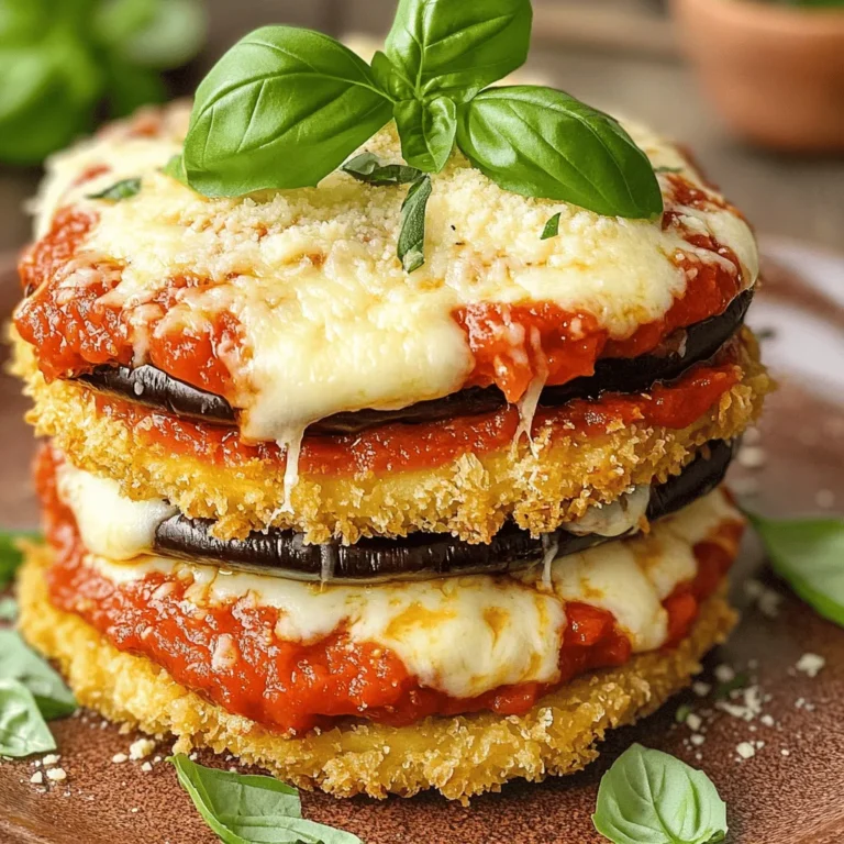 To make delicious Eggplant Parmesan Stacks, you need these main ingredients: - 2 medium eggplants, sliced into 1/2-inch thick rounds - 1 cup all-purpose flour - 3 large eggs, beaten until smooth - 2 cups breadcrumbs (preferably panko for enhanced crunchiness) - 3 cups marinara sauce, divided - 2 cups shredded mozzarella cheese - 1 cup grated Parmesan cheese - 1 tablespoon dried oregano - 1 teaspoon garlic powder - Fresh basil leaves for garnish - Salt and freshly ground pepper to taste - Olive oil, sufficient for frying Each ingredient plays a key role. The eggplants provide a rich, meaty base. The cheeses melt beautifully, creating a creamy layer. The marinara sauce adds tang and moisture. You can enhance the flavor of your Eggplant Parmesan Stacks with these optional ingredients: - Fresh herbs like thyme or parsley for added freshness - Red pepper flakes for a spicy kick - Sliced mushrooms for extra texture - Zucchini or bell peppers for more veggies Using optional ingredients can help you make this dish your own. Feel free to experiment and adjust flavors based on your taste. If you don’t have all the ingredients at hand, here are some common substitutions: - Use gluten-free flour for a gluten-free option - Swap mozzarella with provolone or fontina for a different cheese flavor - Use homemade marinara sauce instead of store-bought for a fresh taste - Replace eggplant with zucchini or yellow squash for a lighter dish These substitutions can help you adapt the recipe to what you have at home. Always remember, cooking is about creativity and personal taste. For the full recipe, check the detailed instructions to guide your cooking journey! First, slice your eggplants into 1/2-inch thick rounds. Sprinkle salt on both sides. Let them sit for about 30 minutes. This step pulls out excess moisture and bitter taste. Rinse the slices under cool water. Pat them dry with paper towels to remove moisture. Set up a breading station. In one dish, add flour. In a second dish, pour the beaten eggs. In a third dish, mix breadcrumbs with dried oregano, garlic powder, and a pinch of salt and pepper. Ensure the mixture is well combined. Take each eggplant slice and coat it in flour. Then dip it in the eggs, letting excess drip off. Finally, coat the slice in seasoned breadcrumbs. Repeat until all slices are ready. In a large skillet, heat enough olive oil over medium heat until hot. Carefully lay the breaded eggplant slices in the skillet. Fry in batches. Cook for about 3-4 minutes on each side until golden brown. Once done, transfer the cooked slices to a plate lined with paper towels. This helps absorb extra oil. In a baking dish, spread marinara sauce on the bottom. This prevents sticking. Start with a layer of fried eggplant slices. Sprinkle mozzarella and Parmesan cheese over the top. Repeat the layers until all ingredients are used. Finish with a layer of marinara sauce and extra cheese on top. Cover the baking dish with aluminum foil. Bake in your preheated oven at 375°F (190°C) for 25 minutes. After that, remove the foil. Continue baking for another 15 minutes. Look for bubbling cheese that is golden brown. Once baked, let the dish rest for about 10 minutes. This helps the stacks hold together. Garnish with fresh basil leaves. Serve each stack on a warm plate. Pair it with a refreshing side salad for a balanced meal. For a special touch, drizzle more marinara sauce on top. Enjoy your Eggplant Parmesan Stacks! Salting eggplant is key to a great dish. It draws out moisture and reduces bitterness. Start by slicing your eggplant into even rounds. Generously sprinkle salt on both sides. Let these slices rest for about 30 minutes. After this, rinse them under cool water. Finally, pat them dry with paper towels. This step helps your eggplant taste better and cook well. To get a crunchy texture, use panko breadcrumbs. They create a light and crispy crust. Before breading, make sure the eggplant slices are dry. This prevents the breading from getting soggy. When frying, don’t overcrowd the pan. Fry in batches for even cooking. Keep the oil hot, but not smoking. This way, you’ll achieve a golden brown color and a satisfying crunch. Sogginess can ruin your eggplant stacks. Salting helps, but there are more tips. After frying, place the eggplant on paper towels. This absorbs excess oil. When layering in the baking dish, spread marinara sauce evenly. Avoid too much sauce between layers. Less sauce means less moisture. This way, your stacks will hold their shape and stay delicious. For even baking, preheat your oven to 375°F (190°C) before you start. Use a baking dish that fits all your stacks snugly. Cover with foil for the first part of baking. This traps heat and helps cook the center. Remove the foil later to brown the cheese. This method ensures your eggplant stacks bake through evenly and become bubbly and golden. For more tips and detailed steps, check out the Full Recipe. {{image_4}} To make gluten-free eggplant Parmesan stacks, swap out regular flour and breadcrumbs. Use almond flour or gluten-free flour for breading. For the breadcrumbs, try gluten-free panko. These changes keep the crunch while making it safe for those with gluten issues. You can layer in more veggies to boost nutrition. Sliced zucchini or bell peppers work well. Spinach or kale can also be added between layers. This not only adds color, but it also packs in vitamins and minerals. Plus, it enhances the overall taste. Experimenting with cheeses can change the whole dish. Try adding ricotta for creaminess or goat cheese for tang. A sprinkle of smoked mozzarella can give a different flavor profile. Mixing cheeses can create a delightful experience with every bite. For the full recipe, make sure to follow the steps closely. After you enjoy your meal, store leftovers properly. Place the eggplant stacks in an airtight container. Make sure to cover them well to keep moisture inside. They will last in the fridge for about 3 to 4 days. If you notice any liquid, drain it before sealing the container. This helps to keep the layers intact and tasty. To reheat, I suggest using the oven. Preheat it to 350°F (175°C). Place the stacks in a baking dish. Cover with foil to keep them from drying out. Heat for about 15-20 minutes. This method keeps the eggplant crispy and the cheese melty. You can also use a microwave, but it may make the stacks soggy. If you choose this method, heat in small bursts, checking often. If you want to save your eggplant Parmesan stacks for later, freezing is a great option. First, let the stacks cool completely. Then, wrap each stack in plastic wrap tightly. Place the wrapped stacks in a freezer bag or container. This will keep them fresh for up to 3 months. When you're ready to eat, thaw overnight in the fridge. Reheat as mentioned above for the best results. For the full recipe, see the section above. Slice the eggplant into 1/2-inch thick rounds. This size helps them cook evenly. Thinner slices may burn, and thicker ones may not cook through. Use a sharp knife for clean cuts. Yes, you can prepare the stacks in advance. Assemble the layers and cover them. Store in the fridge for up to 24 hours. Bake just before serving for the best taste. To make it vegan, swap the eggs for a mixture of flour and water. Use vegan cheese in place of mozzarella and Parmesan. These changes still create great flavor and texture. Salting the eggplant is important. It removes excess moisture and bitterness. After salting, let the slices rest for 30 minutes. Rinse and pat them dry before cooking. A fresh side salad works great. You can also serve it with garlic bread or roasted vegetables. These sides complement the rich flavors of the stacks and add balance to the meal. For more ideas, check the full recipe. Eggplant Parmesan Stacks combine delightful layers of flavor and texture. We explored essential ingredients, tips for crispiness, and variations to suit any diet. Remember to salt eggplant for the best taste. Be creative with your own choices and make this dish truly yours. With the right preparation and techniques, you'll impress everyone at the table. Enjoy cooking, and have fun sharing this delicious meal with friends and family. Your Eggplant Parmesan Stacks will be a hit!