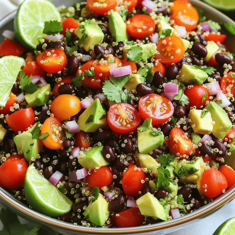 This zesty quinoa black bean salad uses fresh, vibrant ingredients. Here’s what you need: - 1 cup quinoa, thoroughly rinsed - 2 cups vegetable broth (or water) - 1 (15 oz) can black beans, drained and thoroughly rinsed - 1 cup cherry tomatoes, halved - 1 red bell pepper, diced into bite-sized pieces - 1/4 cup red onion, finely chopped - 1 ripe avocado, diced - 1/4 cup fresh cilantro, finely chopped - Juice of 1 lime (about 2 tablespoons) - 2 tablespoons extra virgin olive oil - 1 teaspoon ground cumin - 1/2 teaspoon garlic powder - Salt and freshly ground black pepper to taste Feel free to personalize your salad with these tasty options: - Corn for a sweet crunch - Jalapeños for some heat - Feta cheese for a salty bite - Chopped nuts for extra texture Each ingredient brings its own health perks: - Quinoa is packed with protein and fiber. It helps keep you full. - Black beans add more protein and are rich in iron. They support muscle health. - Cherry tomatoes provide vitamins A and C, boosting your immune system. - Red bell pepper is high in antioxidants and great for skin health. - Avocado offers healthy fats, promoting heart health and satiety. - Cilantro has detoxifying properties and adds fresh flavor. - Lime juice helps with digestion and adds zing to the dish. Using these ingredients creates a colorful dish that nourishes your body and delights your taste buds. You can find the full recipe above to guide you through the steps. Enjoy making this salad! First, grab a medium saucepan. Pour in 2 cups of vegetable broth or water. Heat it on medium-high until it boils. Add 1 cup of rinsed quinoa to the boiling broth. Stir it briefly. Then lower the heat to low. Cover the saucepan and let it simmer for 15 minutes. After 15 minutes, all the liquid should be absorbed. Remove the saucepan from heat but keep it covered. Let it sit for another 5 minutes. This step helps steam the quinoa. Finally, fluff it gently with a fork and set aside to cool slightly. While the quinoa cooks, let’s whip up the dressing! In a small bowl, mix the juice of 1 lime, which is about 2 tablespoons, with 2 tablespoons of extra virgin olive oil. Add 1 teaspoon of ground cumin and 1/2 teaspoon of garlic powder. Season it with salt and freshly ground black pepper to taste. Whisk everything together until well blended. This dressing brings a zesty punch to your salad. In a large mixing bowl, combine the black beans, halved cherry tomatoes, diced red bell pepper, finely chopped red onion, and diced avocado. Gently mix these ingredients together. Be careful not to squish the avocado! Once the quinoa has cooled to just warm, add it to the bowl. Drizzle the dressing over the salad mix. Toss everything gently to coat the ingredients in the dressing. Finally, fold in 1/4 cup of finely chopped cilantro. Taste and adjust the seasoning as needed. Let the salad sit for about 10 minutes. This allows the flavors to blend beautifully before you serve it. For the complete recipe, refer to the Full Recipe. To get the best texture for your quinoa, rinse it well. Rinsing removes bitter saponins. Use a fine mesh strainer for this task. I like to cook quinoa in vegetable broth. This adds flavor and depth. After it cooks, let it steam off the heat for five minutes. This step makes the quinoa fluffy and light. You can boost the flavor of this salad easily. Try adding a pinch of cayenne pepper for heat. A splash of apple cider vinegar gives a nice zing. Fresh herbs like parsley or dill can also add a fresh twist. If you want creaminess, mix in some Greek yogurt. This adds a nice touch without overpowering the dish. When serving, make it look pretty. Use a colorful bowl to show off the salad. Garnish with extra cilantro and lime wedges. This adds a pop of color and freshness. You can serve it alone or with grilled chicken. It pairs well with tacos or as a side dish. To learn how to make this salad, check out the Full Recipe. {{image_4}} You can boost the protein in your zesty quinoa black bean salad in many ways. Here are some tasty ideas: - Grilled Chicken: Add diced grilled chicken for a hearty touch. - Shrimp: Toss in sautéed shrimp for a seafood twist. - Tofu: Cube and pan-fry tofu to keep it vegan while adding protein. - Tempeh: Crumble tempeh into the salad for a nutty flavor. These protein options make the salad more filling and satisfying. The zesty quinoa black bean salad is already vegan-friendly. However, you can make it even more exciting with these additions: - Nuts and Seeds: Sprinkle in sunflower seeds or pumpkin seeds for crunch. - Nut Cheese: Use cashew cheese for a creamy texture without dairy. - Plant-Based Dressing: Swap the olive oil with a nut-based dressing for a unique flavor. These choices keep the dish fresh and vibrant while staying true to vegan values. You can change the salad based on what’s in season. Here are some easy swaps: - Spring: Replace cherry tomatoes with fresh peas or asparagus. - Summer: Use ripe peaches or corn for a sweet touch. - Fall: Add roasted butternut squash for warmth and depth. - Winter: Toss in shredded Brussels sprouts for a crunchy bite. These swaps keep the salad lively and ensure you use fresh, local produce. For the complete recipe, check out the Full Recipe section. After making zesty quinoa black bean salad, store it in an airtight container. This keeps the salad fresh. Place it in the fridge within two hours of making it. The cold temperature helps maintain its flavor and texture. Enjoy it within three to five days for the best taste. You can freeze this salad, but some ingredients may change in texture. To freeze, put the salad in a freezer-safe container. Leave some space at the top. This allows for expansion as it freezes. When ready to eat, thaw it in the fridge overnight. You may want to add fresh avocado and cilantro after thawing. Zesty quinoa black bean salad stays tasty for a few days. If you notice any changes in smell or color, it's best to throw it out. Always check for freshness before eating. Following these storage tips helps you enjoy this nutritious dish longer. To make zesty quinoa black bean salad, start by cooking the quinoa. Use one cup of quinoa and two cups of vegetable broth. Bring the broth to a boil, then add the quinoa. Cook it on low heat for about 15 minutes. Let it sit for five minutes after cooking to fluff it up. In a large bowl, mix black beans, cherry tomatoes, red bell pepper, red onion, and avocado. Prepare the dressing with lime juice, olive oil, cumin, garlic powder, salt, and pepper. Combine everything and fold in cilantro. Let it rest for ten minutes to blend the flavors. You can find the full recipe above. Yes, you can use other beans. Chickpeas, kidney beans, or pinto beans work well. Just make sure they are cooked or canned and drained. Each type of bean adds its own taste and texture. This makes the salad unique. Feel free to mix and match your favorite beans for variety. To spice up the salad, add fresh jalapeños or diced green chilies. You can also sprinkle in some cayenne pepper or red pepper flakes. If you want a zesty kick, try adding hot sauce or salsa to the dressing. Adjust the spice to suit your taste. Enjoy experimenting with different heat levels! Zesty quinoa black bean salad pairs nicely with grilled chicken or fish. You can also serve it alongside tacos or burritos for a complete meal. For a lighter option, enjoy it with tortilla chips or on a bed of lettuce. This salad is great for lunch or dinner and works well at potlucks too! This blog post explored how to make a tasty quinoa black bean salad. We covered main ingredients, optional add-ins, and their health benefits. I shared easy cooking steps, tips for perfecting texture, and flavor boosts. You learned about variations and storage methods. Quinoa salad is versatile and healthy. You can enjoy it in many ways. Now, it's time to get cooking!