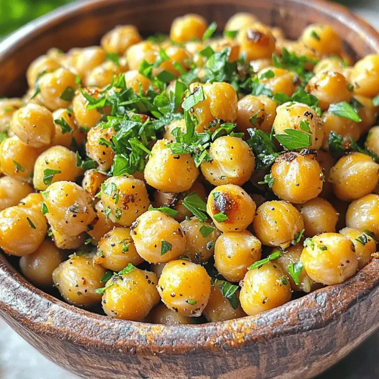 - 2 cans (15 oz each) of chickpeas, thoroughly drained and rinsed - 3 tablespoons of high-quality olive oil - 4 cloves of garlic, finely minced - 1 teaspoon of dried oregano - 1 teaspoon of dried thyme - 1 teaspoon of smoked paprika - 1/2 teaspoon of sea salt - 1/4 teaspoon of freshly ground black pepper - Fresh parsley, finely chopped (for garnish) To start, you need chickpeas. They are the star of this dish! Canned chickpeas work best for quick prep. Rinse them well to ensure they are clean. The garlic gives a lovely depth of flavor. Use fresh cloves for the best taste. Olive oil helps the seasonings stick and adds richness. Next, you have your seasonings. Dried oregano and thyme bring a nice herbal note. Smoked paprika adds a hint of smokiness, which is delightful. Salt and pepper are essential; they enhance all the flavors. Finally, fresh parsley adds color and a fresh taste. It's perfect for garnishing your dish. - Additional spices for flavor variations - Alternative oils for roasting You can mix things up with extra spices. Try chili powder for a kick. Or add cumin for warmth. If you want a different oil, avocado oil or coconut oil works well too. For the full recipe, check out the Garlic Herb Roasted Chickpeas section. Enjoy experimenting with flavors! 1. Start by preheating your oven to 400°F (200°C). This makes sure the heat is just right for roasting. 2. Grab two cans of chickpeas. Drain and rinse them well. This helps remove excess salt and makes them healthier. 3. Spread the chickpeas on a clean towel. Pat them dry gently. The drier they are, the crispier they will be! 1. In a large bowl, add the chickpeas. Pour in three tablespoons of olive oil. 2. Next, add minced garlic, oregano, thyme, smoked paprika, salt, and pepper. 3. Stir everything well. You want each chickpea to be coated in the tasty mix. This step is key to great flavor! 1. Now, spread the chickpeas evenly on a baking sheet lined with parchment paper. Don’t overcrowd them; they need space to get crispy. 2. Place the baking sheet in your oven. Roast them for 25-30 minutes. 3. Halfway through, take them out and stir. This helps them brown evenly. Keep an eye on them! You want them golden, not burnt. 4. Once they look perfect, take them out and let them cool. They will get even crispier as they cool down. 5. Finally, serve them in a bowl and garnish with chopped parsley for a fresh touch. Enjoy your healthy, tasty snack! For a complete guide, check the Full Recipe. To get crispy chickpeas, start by drying them well. After rinsing, spread them on a towel. Pat them down gently. The drier they are, the better they will roast. This step is key to avoid soggy snacks. Oven temperature is also important. Set your oven to 400°F (200°C). This high heat helps to crisp up the chickpeas. Don’t skip the stirring halfway through cooking. It ensures even browning and crispiness. Want to boost the flavor? Consider adding spices like cumin or chili powder. These spices can give your chickpeas a nice kick. You can also try curry powder for a different taste. Adjusting seasoning is easy. Taste the mixture before roasting. If you want it saltier or spicier, add more. Mix well to ensure every chickpea is coated. This way, each bite is full of flavor. For more details, check the Full Recipe. {{image_4}} To make Garlic Herb Roasted Chickpeas even more exciting, consider some fun flavor twists. - Mediterranean-inspired additions: Add lemon zest and a sprinkle of feta cheese for a bright taste. You can also toss in chopped olives or sun-dried tomatoes for a savory kick. The mix of herbs like basil or rosemary can deepen the flavor too. - Spicy enhancements for heat lovers: If you love heat, add cayenne pepper or chili powder. Toss in some crushed red pepper flakes for a fiery bite. You can also blend in a touch of hot sauce before roasting for a zesty punch. Now, let's explore how to enjoy your roasted chickpeas. - Ideas for snack pairings: Serve the chickpeas with a yogurt dip or hummus for a tasty snack. They also pair well with fresh veggies like carrots and cucumbers. Try them on a cheese board alongside crackers and fruit for a fun treat. - Ways to use roasted chickpeas in meals: Sprinkle them on salads for extra crunch and flavor. Add them to soups for texture and protein. You can also mix them into grain bowls or use them as a topping for roasted vegetables. These chickpeas add a delightful crunch and loads of flavor to any dish. For the full recipe, check out the detailed instructions above! To keep your garlic herb roasted chickpeas fresh and crispy, use an airtight container. Glass jars or resealable bags work well. Make sure to store them at room temperature. Avoid putting them in the fridge. Cold air makes them soft. For best results, store them away from light and moisture. A cool, dry place is ideal. This helps keep the crunch intact. These roasted chickpeas are best enjoyed within a week. After that, they may lose their crunch. To check if they are still good, look for signs like a stale smell or a soft texture. If they feel chewy, it's time to toss them out. For longer storage, you can freeze them. Just remember to let them thaw at room temperature before enjoying. You can find the full recipe earlier in this article. To boost the flavor, add extra spices. Consider using cayenne for heat or lemon zest for brightness. You can also mix in nutritional yeast for a cheesy taste. Fresh herbs like rosemary or basil can make a big difference too. Experimenting with flavors keeps it fun! Yes, you can use dried chickpeas. Start by soaking them overnight in water. This helps soften them. After soaking, boil them until tender. This process takes longer than canned chickpeas, but it allows for better texture and taste. Chickpeas are packed with protein and fiber. They help you stay full longer. They also support heart health due to their fiber content. Chickpeas are rich in vitamins and minerals, which are great for your body. Adding them to your diet can boost overall health. To make this recipe gluten-free, ensure your spices are certified gluten-free. For a vegan version, this recipe already fits! If you need to avoid oil, you can use vegetable broth instead of olive oil. Just be sure to monitor the roasting time for best results. For the full recipe, check out the details above! Roasting chickpeas is simple and fun. Start with chickpeas, olive oil, and your favorite spices. Follow the steps to dry, season, and roast them perfectly. Use tips to enhance flavor and ensure crispiness. Explore different variations to keep things exciting. Store properly to enjoy later. In conclusion, roasted chickpeas are a tasty, healthy snack. Experiment with flavors and share them with friends. With this guide, you can enjoy the perfect crunchy treat any time.