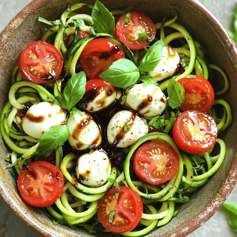 - 2 medium zucchinis - 1 cup cherry tomatoes - 1/4 cup fresh basil leaves The fresh produce makes this dish feel bright and lively. Zucchini adds a crunchy texture, while cherry tomatoes bring a sweet burst. Basil gives a fragrant touch that brightens every bite. When you use fresh ingredients, you elevate the salad. - 1 cup fresh mozzarella balls Fresh mozzarella balls, or bocconcini, are creamy and soft. They add richness to the salad that balances the fresh flavors. Their bite-sized shape makes them easy to enjoy. I recommend using high-quality mozzarella for the best taste. - 2 tablespoons balsamic glaze - 2 tablespoons extra-virgin olive oil - Salt and black pepper - 1 clove garlic (optional) The dressing ties all the ingredients together. Balsamic glaze provides sweetness and depth, while olive oil adds richness. Salt and pepper enhance the natural flavors. If you want an extra kick, add minced garlic. It brings a wonderful aroma and taste to the dish. For the full recipe, check out the detailed instructions on how to make this fresh and flavorful dish. To start, you need to spiralize the zucchinis. This will make long, noodle-like strands. A spiralizer works best for this task. If you do not have one, you can use a vegetable peeler. Just slice thin ribbons of zucchini instead. Next, combine all salad components in a large bowl. Add the spiralized zucchini, cherry tomatoes, and fresh mozzarella balls. This colorful mix creates a vibrant base for your salad. In a small bowl, whisk together balsamic glaze and olive oil. This will help blend the flavors nicely. If you want a bolder taste, add minced garlic to the dressing. The garlic gives it a nice kick. Now, pour the dressing over the zucchini noodle mixture. Sprinkle salt and black pepper to taste. These simple seasonings enhance the dish's flavors. Use your hands or tongs to toss the salad gently. Make sure all the ingredients are well coated. To finish, add the torn basil leaves on top of the salad. This adds a fresh aroma and flavor. Gently toss the salad again to mix the basil throughout. For serving, you can put it in a big bowl. A light drizzle of balsamic glaze on top makes it look even better. For the full details, check out the [Full Recipe]. If you want to switch things up, there are great options. For mozzarella, try using burrata. Burrata is creamier and adds a rich twist. You can also use vegan cheese if you prefer a plant-based option. For the dressing, consider a light vinaigrette. A mix of lemon juice, olive oil, and a dash of mustard works well. This gives a fresh flavor while cutting calories. To keep the salad fresh, store it properly. Use an airtight container to keep the salad from getting soggy. If you layer the ingredients, place the zucchini at the bottom. This helps keep moisture away from the tomatoes and cheese. On busy days, you can prep the salad in advance. Spiralize the zucchini and chop the tomatoes ahead of time. Just add the dressing and basil when you're ready to eat. This saves you time without losing flavor. To boost the taste, consider adding fresh herbs like oregano or parsley. They add depth and freshness. You can also sprinkle in some crushed red pepper for a bit of heat. For extra crunch, serve the salad with toasted pine nuts or sunflower seeds. These add a nice texture contrast and make the dish even more enjoyable. You can find the full recipe [here](#). {{image_4}} You can add protein to your Zucchini Noodle Caprese Salad for a fuller meal. Here are two great options: - Grilled chicken or shrimp: Both add a tasty twist and extra nutrients. Cook them simply with salt, pepper, and olive oil. Slice and mix them in. - Chickpeas for a vegetarian option: These add a nice crunch and plant-based protein. Just rinse and toss them in for a hearty touch. Mixing up flavors can keep this salad exciting. Here are some ideas: - Adding different dressing styles: Try pesto, ranch, or lemon vinaigrette for a fresh taste. Each will give your salad a unique flair. - Incorporating seasonal vegetables: Add bell peppers, corn, or avocado. These can enhance the texture and flavor while keeping it fresh and vibrant. How you serve this salad can change its vibe. Consider these styles: - Zucchini noodle bowls: Serve it in deep bowls for a casual gathering. It makes it easy for guests to dig in. - Plated salads for special occasions: For a fancy dinner, plate it neatly. This elevates the look and makes it feel more special. These variations can help you customize your Zucchini Noodle Caprese Salad. Choose your favorites to make it truly yours! For the full recipe, check out the details above. To store leftovers, place your Zucchini Noodle Caprese Salad in an airtight container. This keeps the salad fresh and prevents odors from mixing. Use a container that fits the salad snugly to minimize air exposure. Ideal storage containers: - Glass containers with tight lids - BPA-free plastic containers - Silicone food bags Zucchini noodles can stay fresh in the fridge for about 2 to 3 days. Cherry tomatoes and mozzarella also last up to this time frame. Always check for signs of spoilage. Signs of spoilage: - Slimy texture on zucchini - Mold growth on tomatoes - Sour smell from mozzarella Freezing zucchini noodles is a great way to keep them longer. However, fresh zucchini noodles can lose their texture when thawed. To freeze, spiralize the zucchini and place it in a freezer-safe bag. Remove as much air as possible before sealing. Best practices for freezing prepared salad: - Avoid freezing with the dressing; add it later. - Store without fresh basil, as it does not freeze well. - Use within 1 to 2 months for the best flavor. For the full recipe, refer back to the Zucchini Noodle Caprese Salad section. Zucchini noodles last about 3 to 5 days in the fridge. Store them in an airtight container. They will keep fresh and crisp during this time. If they start to look slimy, it’s best to toss them out. Yes, you can use other vegetables. Some great alternatives are carrots, cucumbers, and sweet potatoes. Each offers a unique taste and texture, making your salad fun and versatile. Yes, this salad is gluten-free. The main ingredients contain no gluten. Zucchini, tomatoes, and cheese all fit into a gluten-free diet. Enjoy this dish without worry! You can prep some parts ahead. Spiralize the zucchini and cut the tomatoes a day before. However, add the dressing just before serving. This keeps the salad fresh and crunchy. This salad pairs well with grilled chicken or shrimp. It also goes great with crusty bread or a light soup. For drinks, try a crisp white wine or sparkling water. Enjoy the mix of flavors! For the full recipe, check out the details above! This blog explored a delicious and fresh Zucchini Noodle Caprese Salad. You learned about key ingredients like zucchini, cherry tomatoes, and mozzarella. The instructions simplified making this dish with easy steps. Tips offered ways to customize and store your salad. Variations let you add protein or seasonal flavors. This salad is perfect for any meal. With its bright flavors, it suits busy days or special occasions. Enjoy your cooking adventure and make this salad often!