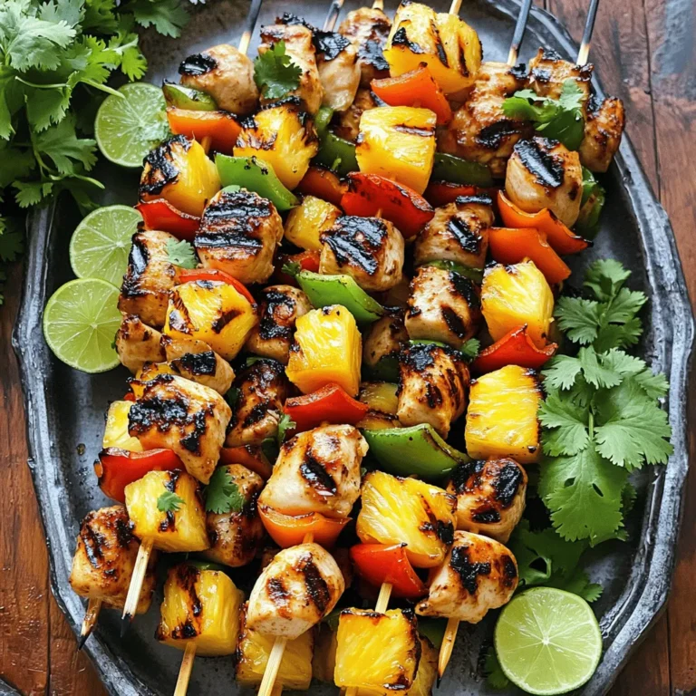 For the best grilled pineapple chicken skewers, you need some key ingredients. Here’s what you will need: - 1 pound boneless, skinless chicken breast, cut into 1-inch cubes - 2 tablespoons soy sauce - 2 tablespoons honey - 1 tablespoon extra virgin olive oil - 1 tablespoon fresh ginger, finely minced - 2 cloves garlic, finely minced - 1 teaspoon black pepper The chicken serves as the main star of the dish. The marinade adds juicy sweetness and rich flavor. Honey balances the salty soy sauce, while ginger and garlic give it a nice kick. Next, let’s talk about fresh produce. Good choices can really enhance the dish. You will need: - 1 cup fresh pineapple, peeled and cut into 1-inch cubes - 1 bell pepper (your choice of color), cut into 1-inch pieces - 1/2 red onion, cut into wedges The sweetness of the pineapple works well with the savory chicken. Bell peppers add crunch and color, while red onion gives a nice bite. Finally, you will need skewers and some extras. Make sure to have: - Skewers (wooden skewers should be soaked in water for 30 minutes to prevent burning) Soaking wooden skewers helps them not catch fire on the grill. This ensures the chicken and veggies cook evenly and stay juicy. Now you're ready to create a tasty outdoor meal! If you want the full recipe, check the link above. Start by gathering your ingredients. You will need soy sauce, honey, olive oil, minced ginger, minced garlic, and black pepper. In a large bowl, mix these items well. This creates a tasty marinade that will flavor your chicken. Cut your chicken into 1-inch cubes. Add the chicken to the marinade. Make sure each piece is well-coated. Cover the bowl with plastic wrap or a lid. Place it in the fridge for at least 30 minutes. This helps the chicken soak up all the flavors. While the chicken marinates, cut your bell pepper, red onion, and fresh pineapple into 1-inch pieces. Once the chicken is ready, take it out of the fridge. Grab your soaked skewers and start threading them. Alternate the chicken, pineapple, bell pepper, and onion. Pack them tightly for stability. Preheat your grill to medium-high heat. When your grill is hot, place the skewers on the grate. Grill the skewers for about 10 to 12 minutes. Turn them occasionally. Aim for nice grill marks. Ensure the chicken reaches an internal temperature of 165°F. Once done, let the skewers rest for a few minutes. This keeps the juices inside. Serve warm for a tasty outdoor meal. For the full recipe, check out the earlier section. To get those beautiful grill marks, preheat your grill well. Aim for medium-high heat. When you place the skewers on the grill, don’t move them right away. Let them cook for about 3 to 4 minutes on one side. Then, turn them a quarter turn to create those lovely diamond patterns. This technique helps lock in flavor and moisture. For best flavor, marinate your chicken for at least 30 minutes. If you have more time, let it sit for up to 2 hours. This longer marinating time allows the chicken to soak up all the tasty marinade. Just remember, don’t marinate for more than 4 hours. The acid in the marinade can change the chicken's texture. When skewering the chicken and veggies, make sure to cut everything into similar sizes. This helps them cook evenly. Alternate the chicken, pineapple, and vegetables on the skewer for a nice mix of flavors. Pack them closely, but not too tight. This way, heat can circulate around each piece. Soak wooden skewers in water for at least 30 minutes before using to avoid burning. You want the focus on the food, not the skewers! For the full recipe, refer back to the ingredients and steps above. {{image_4}} You can switch up the veggies in your skewers. Try using zucchini, mushrooms, or cherry tomatoes. These add nice color and flavor. Each vegetable cooks differently, so cut them into similar sizes. This way, they all finish cooking at the same time. Bell peppers add sweetness, while red onions give a sharp taste. Mixing these options keeps the meal exciting. The marinade is key to great flavor. You can change the soy sauce for teriyaki or barbecue sauce. For a spicy kick, add some chili sauce or fresh jalapeños. You can also try citrus zest or juice for a zesty twist. A honey mustard mix can make your skewers sweet and tangy. Experimenting with marinades allows you to create your perfect flavor. You can easily make this dish vegetarian or vegan. Replace chicken with firm tofu or tempeh. These options will soak up the marinade well. Use the same ingredients for your marinade, and you’re set. Adding more veggies like eggplant or portobello mushrooms gives a hearty feel. You can also include fruits like peaches or mango for a sweet touch. This makes the dish fun and fresh! For the full recipe, visit the Grilled Pineapple Chicken Skewers section. After making grilled pineapple chicken skewers, you might have some left. To store these, let them cool to room temperature first. Place the skewers in an airtight container. They stay fresh in the fridge for up to three days. If you want to keep them longer, freezing is a great option. When you're ready to eat leftovers, reheat them safely. You can use a microwave or an oven. For the microwave, place the skewers on a plate. Heat them for about 2-3 minutes or until warm. If using the oven, preheat it to 350°F. Place the skewers on a baking sheet and heat for 10-15 minutes. Avoid drying them out by covering them with foil. If you want to freeze your skewers, do this right after they cool. Wrap each skewer tightly in plastic wrap. Then, place them in a freezer-safe bag or container. Label it with the date. They can stay in the freezer for up to three months. When you're ready to enjoy them, thaw overnight in the fridge before reheating. This keeps the flavors fresh and tasty. For the full recipe, refer to the earlier section. You grill chicken skewers for 10 to 12 minutes. This time helps cook the chicken fully. Make sure to turn them often. This gives you nice grill marks and even cooking. You want the chicken to reach 165°F inside. Always use a meat thermometer to check. Using frozen chicken is not the best choice. Frozen chicken may not marinate well. It can also cook unevenly. If you must use frozen chicken, thaw it first. Always marinate fresh or fully thawed chicken for the best flavor. Many sides work great with these skewers. Here are a few ideas: - Rice (white or brown) - Quinoa salad - Grilled corn on the cob - Mixed green salad - Potato salad These sides add balance to the meal and keep it light. Check out the full recipe for grilled pineapple chicken skewers in the main section. It includes all the ingredients and steps to make this tasty dish. Enjoy the process and the delicious results! This post walked you through making tasty grilled pineapple chicken skewers. We covered key ingredients like chicken, marinade, and fresh produce. The step-by-step guide made the process easy. Tips helped you master grilling and marinating. You also learned about variations, storage, and common questions. Grilled skewers are simple, fun, and full of flavor. Try them for your next meal!