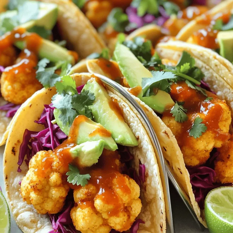 To make sweet chili cauliflower tacos, you need fresh, quality ingredients. Here’s what you will need: - 1 medium head of cauliflower, cut into bite-sized florets - 1/2 cup all-purpose flour - 1/2 cup cornstarch - 1 teaspoon garlic powder - 1 teaspoon smoked paprika - 1/2 teaspoon salt - 1/2 teaspoon black pepper - 3/4 cup water (adjust for desired batter thickness) - 1 cup sweet chili sauce - 8 small corn or flour tortillas These ingredients create a crispy texture and a rich flavor. You might already have some of these items in your pantry. Check for these staples: - Garlic powder - Smoked paprika - Salt - Black pepper These seasonings help enhance the taste of the cauliflower. Toppings can make your tacos even better. Consider adding: - 1 ripe avocado, sliced - 1/2 cup red cabbage, finely shredded - Fresh cilantro leaves, for garnishing - Lime wedges, for serving These toppings add freshness and crunch. You can mix and match to suit your taste. For the full recipe, check the earlier section! Start by preheating your oven to 425°F (220°C). This ensures your cauliflower cooks evenly. Next, line a baking sheet with parchment paper. This helps prevent sticking and makes clean-up easy. In a bowl, mix together the flour, cornstarch, garlic powder, smoked paprika, salt, and black pepper. This blend adds a nice flavor to the cauliflower. Gradually stir in water until the batter is smooth. It should be thick but pourable. Dip each cauliflower floret into the batter. Make sure to coat each piece well. Allow excess batter to drip off before placing them on the baking sheet. Spread the florets out in a single layer. This helps them cook evenly. Bake for 20-25 minutes, flipping them halfway through. You'll want them golden brown and crispy. When done, take them out and put them in a large bowl. Pour the sweet chili sauce over them and gently toss. This sauce adds sweetness and a bit of heat. Warm the tortillas in a dry skillet or microwave for 15-20 seconds. This step makes them pliable and easy to fold. Now, it’s time to build your tacos! Place a generous amount of sweet chili cauliflower on each tortilla. Add slices of creamy avocado for richness and a handful of red cabbage for crunch. Top with fresh cilantro leaves for a burst of flavor. Serve your tacos right away with lime wedges. The lime adds a refreshing zing! For the full recipe, check the section above. To get the best texture, choose fresh cauliflower. Cut it into bite-sized florets. A smaller size helps them cook evenly. The key is to coat each floret well in the batter. This gives them a crispy, crunchy outer layer. Bake them until golden brown. This usually takes 20 to 25 minutes. Flip them halfway to ensure even cooking. You want them crispy, not soggy! Using the right tortilla can make a big difference. I recommend small corn or flour tortillas. Corn tortillas add a nice flavor. They also hold up well to the filling. Flour tortillas are soft and chewy. Choose based on your personal taste. Warm them up before filling for a better bite. This step makes them more pliable and tasty. You can prepare these tacos ahead of time. Bake the cauliflower and store it in an airtight container. Wait to toss it in sweet chili sauce until just before serving. This keeps the cauliflower crispy. You can also warm the tortillas in advance. Just wrap them in foil and keep them warm in the oven. This way, your meal stays fresh and delicious when you're ready to eat. For the full recipe, check out the instructions provided. {{image_4}} You can easily make sweet chili cauliflower tacos gluten-free. Replace all-purpose flour with a gluten-free blend. You can also use rice flour or chickpea flour for the batter. Cornstarch is naturally gluten-free and will work well. Just ensure your tortillas are also gluten-free. Look for brands made from corn or certified gluten-free grains. This recipe is already vegan-friendly. The cauliflower, spices, and sweet chili sauce are plant-based. If you want to add more protein, consider black beans or lentils. These will make the tacos more filling. Pair them with avocado for healthy fats. To boost flavor, try adding spices or herbs to the batter. Cumin or chili powder can add warmth. For a fresh zing, mix in lime zest. You can also toss in some chopped green onions or fresh herbs. These additions create a vibrant taste that brightens each bite. Don’t forget to pair your tacos with lime wedges for extra zest! For the full recipe, check the earlier section. To keep your sweet chili cauliflower tacos fresh, store leftovers in an airtight container. Place them in the fridge for up to three days. The cauliflower stays tasty, but the tortillas may soften. This is normal due to moisture. When you’re ready to eat, you can warm them up. You can freeze the cauliflower tacos if you want to save them for later. First, let the tacos cool completely. Wrap each taco in plastic wrap or foil. Then, place them in a freezer-safe bag. They can last up to three months in the freezer. When you want to enjoy them, just thaw in the fridge overnight. To reheat, you can use the oven or a skillet. For the oven, set it to 350°F (175°C). Place the tacos on a baking sheet and warm them for about 10-15 minutes. If using a skillet, heat on medium for about 5 minutes on each side. Avoid microwaving, as it can make the tortillas soggy. Follow these steps for a tasty meal every time! For the full recipe, check out the instructions above. Sweet chili cauliflower tacos are a fun twist on traditional tacos. They use baked cauliflower coated in a sweet chili sauce. The crispy cauliflower provides a nice crunch, while the sauce adds a touch of sweetness. You can enjoy these tacos with fresh toppings like avocado and cabbage. They are tasty, healthy, and perfect for any meal. Yes, you can make these tacos spicy! To add heat, consider adding sliced jalapeños or a drizzle of hot sauce. You could also mix in some cayenne pepper into the batter for the cauliflower. Adjust the spice level to your taste. Your sweet chili cauliflower tacos can be as mild or as fiery as you like! You can find sweet chili cauliflower tacos in many restaurants, especially those focusing on plant-based meals. Some grocery stores may sell frozen versions. Check the frozen food aisle for ready-made options. If you want a fresh experience, try making them at home using the Full Recipe. It’s easy and fun! This blog post explores sweet chili cauliflower tacos from ingredients to FAQs. You learned about the main components, pantry staples, and tasty toppings. We covered step-by-step instructions for prepping, cooking, and putting your tacos together. Tips on texture, tortilla choices, and making ahead offered useful insights. We also discussed gluten-free, vegan options, and easy storage methods. Enjoy these flavorful tacos, and feel free to experiment with your favorite flavors. The recipe is fun and fits many diets. Dive in and make delicious tacos today!